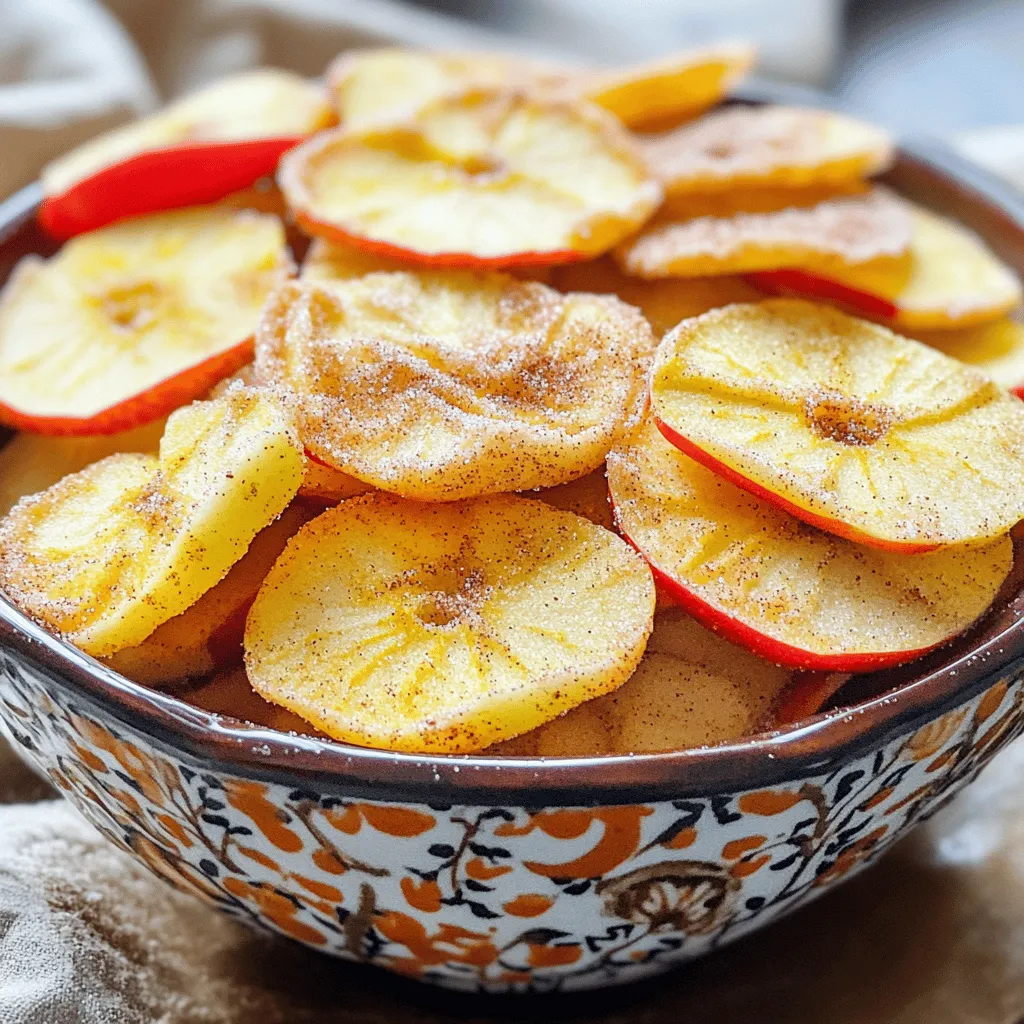 You need 2 large apples for this recipe. Fuji or Honeycrisp apples work best. They taste sweet and crisp. Wash them well before use. Core the apples and slice them thinly. Aim for slices about 1/8 inch thick. Thin slices help them bake evenly and become crunchy. You will need 2 tablespoons of granulated sugar and 1 teaspoon of ground cinnamon. This mix gives the chips a sweet and spicy flavor. Combine the sugar and cinnamon in a small bowl. Add a pinch of salt to enhance the taste. This mixture will coat the apple slices nicely. You'll also need 1 tablespoon of lemon juice. This juice keeps the apple slices from turning brown. It adds a light, fresh taste to the chips. Make sure to toss the apple slices in lemon juice before adding the sugar mix. This simple step helps keep your apple chips looking great and tasting fresh. To start, gather your ingredients. You will need: - 2 large apples (like Fuji or Honeycrisp) - 2 tablespoons granulated sugar - 1 teaspoon ground cinnamon - 1 tablespoon lemon juice - Pinch of salt Next, preheat your oven to 200°F (95°C). Line a baking sheet with parchment paper. This will keep the chips from sticking. Now, wash and core the apples. Use a mandoline or a sharp knife to slice them very thin. Aim for 1/8 inch thick slices, as this helps the chips become crisp. In a small bowl, mix the sugar, cinnamon, and salt. Stir until it is well combined. This mixture will add great flavor to your chips. Take the apple slices and place them in a large mixing bowl. Toss them with lemon juice. This step stops the apples from browning. Sprinkle the cinnamon sugar mixture over the apple slices. Make sure to coat them evenly for the best taste. Lay the apple slices in a single layer on your prepared baking sheet. Ensure they do not overlap. Overlapping can lead to uneven cooking. Place the baking sheet in your preheated oven. Bake the apple slices for about 2 hours. Flip the chips halfway through. This helps them cook evenly and become crisp. Once baked, take the chips out of the oven. Allow them to cool completely on the baking sheet. This step is key for extra crispness. When ready to serve, place the apple chips in a decorative bowl. For a fun touch, sprinkle some extra cinnamon sugar on top. Enjoy these tasty snacks anytime! To make your apple chips extra crispy, slice them thin. Aim for 1/8 inch thick slices. A mandoline helps you achieve this. Bake at a low temperature of 200°F (95°C). This slow baking removes moisture without burning. Flip the chips halfway through baking. This ensures they cook evenly. Let them cool on the baking sheet. They will crisp up even more as they cool. The best apples for chips are Fuji or Honeycrisp. These apples are sweet and hold their shape well. Tart apples like Granny Smith can also work. They add a nice contrast to the sweetness. Avoid soft apples, as they won't crisp up as well. Select firm and fresh apples for the best results. To keep your apple slices looking fresh, use lemon juice. Toss the apple slices in lemon juice right after slicing. This will stop them from turning brown. The acidity of lemon juice helps preserve color. You can also use a mix of water and lemon juice if you prefer. Just be sure to coat all the slices well. {{image_2}} You can add fun flavors to your apple chips. Try using vanilla extract or a hint of nutmeg. These add warmth and depth. You can also sprinkle a bit of cayenne pepper for a spicy kick. This twist brings a whole new vibe to your snack. While granulated sugar is great, you have options. Try using brown sugar for a richer taste. You can also use honey or agave syrup. These sweeteners give a different flavor profile. Just remember, honey will add moisture, so adjust baking time if needed. You don’t have to bake to make apple chips. You can use a dehydrator for a healthier snack. Simply follow the same steps but set your dehydrator to 135°F (57°C). This method takes longer but keeps more nutrients. You can also try air frying for a quicker, crispier result. Just keep an eye on them to prevent burning. To keep your cinnamon sugar apple chips tasty and crisp, store them in an airtight container. A glass jar works well, but a zip-top bag is fine too. Make sure to squeeze out the air before sealing. This helps prevent moisture from making them soft. If stored correctly, your apple chips can last for up to two weeks. If you want them to stay fresh longer, consider refrigerating them. Just remember to bring them back to room temperature before you eat them. If you find your apple chips have lost their crunch, you can easily fix that. Preheat your oven to 200°F (95°C). Spread the apple chips on a baking sheet in a single layer. Bake them for 10-15 minutes. Keep an eye on them to avoid burning. Let them cool before enjoying again! To make cinnamon sugar apple chips, start by preheating your oven to 200°F (95°C). Line a baking sheet with parchment paper. Wash and core two large apples, like Fuji or Honeycrisp. Slice the apples very thinly, about 1/8 inch thick. Next, mix two tablespoons of sugar, one teaspoon of cinnamon, and a pinch of salt in a small bowl. In a large mixing bowl, toss the apple slices with one tablespoon of lemon juice. This step keeps the apples from turning brown. Sprinkle the cinnamon sugar mixture over the apple slices and coat them evenly. Lay the slices in a single layer on the baking sheet. Bake for about two hours, flipping halfway through. Once they’re crisp and dry, let them cool on the sheet. The best apples for apple chips are Fuji and Honeycrisp. These apples are sweet and crisp. Their texture holds up well during baking. You can also try Granny Smith for a tart flavor. Each type gives a different taste and crunch. Yes, you can use brown sugar instead of granulated sugar. Brown sugar adds a rich, caramel flavor. It also gives your chips a deeper color. Just use the same amount as granulated sugar for best results. Cinnamon sugar apple chips are a healthy snack option. They are low in calories and packed with fiber. Apples offer vitamins and minerals, making them great for you. Just be careful with the amount of sugar used. You can buy cinnamon sugar apple chips at most grocery stores. Look in the snack aisle or near the dried fruits. You can also find them online. Many brands offer different flavors and styles, so check the labels for quality. In this post, we explored how to make cinnamon sugar apple chips. We covered ingredients like apples, sugar, and cinnamon. I shared step-by-step preparation and baking tips. You learned how to perfect the crispiness and choose the best apples. Variations and storage techniques were also included. Making these chips is easy and fun. Enjoy your tasty, homemade snacks!
