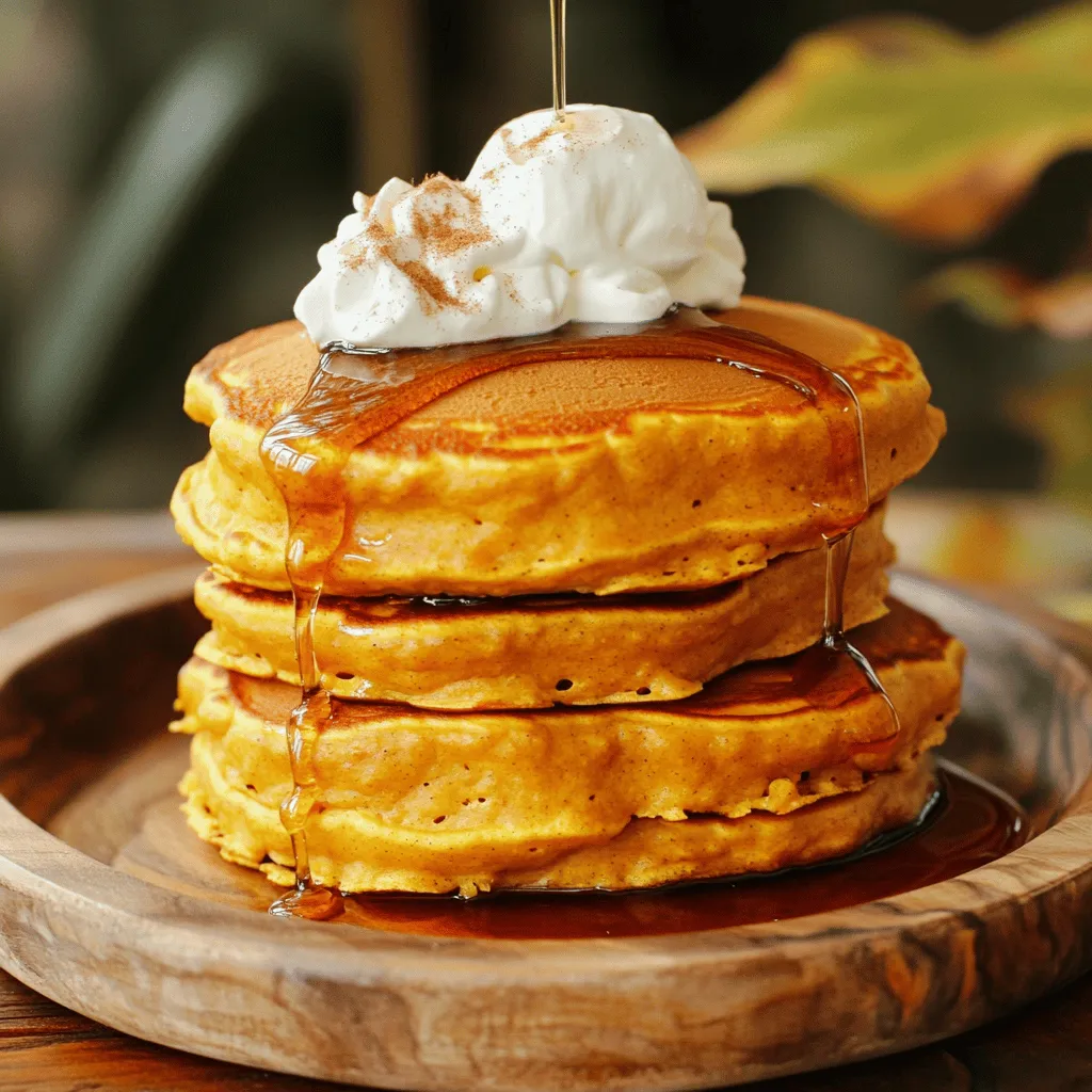 - 1 cup all-purpose flour - 2 tablespoons sugar - 1 tablespoon baking powder - 1/2 teaspoon cinnamon - 1/4 teaspoon nutmeg - 1/4 teaspoon ginger - 1/2 teaspoon salt - 1 cup milk - 1/2 cup pumpkin puree - 1 large egg - 2 tablespoons cream cheese, softened - 1 teaspoon vanilla extract - Butter or oil for cooking When measuring flour, use a spoon to fill your cup. This keeps it light and fluffy. Level it off with a knife. For liquids, use a clear measuring cup. Look at the measurement at eye level. This ensures you get the right amount. If you're out of all-purpose flour, try whole wheat flour. It adds a nutty taste. You can swap milk with almond or oat milk for a dairy-free option. If you need a pumpkin puree substitute, use mashed banana or applesauce. You can also use Greek yogurt instead of cream cheese for a lighter touch. Start with a large mixing bowl. Add 1 cup of all-purpose flour. Then, mix in 2 tablespoons of sugar. Next, add 1 tablespoon of baking powder. Sprinkle in 1/2 teaspoon of cinnamon, 1/4 teaspoon of nutmeg, and 1/4 teaspoon of ginger. Finally, add 1/2 teaspoon of salt. Whisk these dry ingredients together until they are well combined. This step is key for flavor. It also helps the pancakes rise nicely. In a separate bowl, pour in 1 cup of milk. Add 1/2 cup of pumpkin puree to the milk. Crack in 1 large egg and add 2 tablespoons of softened cream cheese. Finish with 1 teaspoon of vanilla extract. Whisk this mixture until it is smooth and creamy. The cream cheese adds a rich flavor. It also makes the pancakes soft and tender. Preheat a non-stick skillet or griddle to medium heat. Add a little butter or oil to the pan. For each pancake, pour about 1/4 cup of batter onto the skillet. Cook until bubbles form on the surface. This usually takes about 3-4 minutes. The edges should look set. Carefully flip the pancakes and cook for another 2-3 minutes until golden brown. Remove them from the skillet and keep warm. Repeat this process until you finish all the batter. Serve warm with your favorite toppings. To make your pancakes fluffy, use fresh baking powder. Old baking powder can cause flat pancakes. Mix your dry ingredients well. This ensures even rising. When adding wet to dry, stir just until combined. This way, your pancakes stay light and airy. Overmixing is a common mistake. It makes pancakes tough. When you mix the batter, do it gently. A few lumps are fine. The goal is to keep air in the batter. This air helps pancakes rise and stay fluffy. Cook pancakes on medium heat. Too high can burn them. Too low can make them soggy. Preheat your skillet before pouring in the batter. Once you see bubbles on the surface, it’s time to flip them. This helps achieve that golden brown color we all love. {{image_2}} For the best taste, I love to top my pancakes with: - Warm maple syrup - Fluffy whipped cream - A sprinkle of cinnamon - Chopped pecans or walnuts - Fresh berries for a fruity twist These toppings add flavor and texture. Maple syrup brings sweetness, while whipped cream adds creaminess. Cinnamon gives a warm spice note, and nuts add a nice crunch. These pancakes shine when paired with: - A side of crispy bacon - A fresh fruit salad - A cup of hot coffee or tea - A dollop of yogurt Crispy bacon gives a salty touch, balancing the sweetness. Fresh fruit adds brightness, and coffee or tea enhances the warm flavors. Yogurt offers creaminess and some tang. I recommend serving about two to three pancakes per person. This allows you to enjoy the rich flavors without feeling too full. If you have guests, stack them high on a plate. Everyone loves a big pile of pancakes! You can make these pumpkin cheesecake pancakes gluten-free. Use gluten-free flour instead of all-purpose flour. Many brands offer blends that work well for pancakes. Just make sure to check the packaging for any specific instructions. The taste and texture will stay delightful, and you'll enjoy a fluffy bite. To create a vegan version, swap the egg for a flax egg. Mix one tablespoon of ground flaxseed with three tablespoons of water. Let it sit for five minutes to thicken. Replace milk with almond or oat milk. Use a vegan cream cheese alternative in place of regular cream cheese. These changes keep the pancakes rich and tasty. Add spices for extra depth! Try a pinch of cloves or allspice for a warm kick. You can also mix in chocolate chips for a fun twist. Another idea is to add chopped nuts for crunch. Top with a dollop of whipped coconut cream for a tropical flair. Each enhancement makes the pancakes even more exciting. To store leftover pancakes, let them cool first. Place them in a stack, with parchment paper between each pancake. Then, put them in an airtight container. You can keep them in the fridge for up to three days. If you want them to last longer, freeze them instead. Yes, you can freeze pancakes. Once they cool, stack them with parchment paper in between. Wrap the stack in plastic wrap or foil. Then, place them in a freezer-safe bag. They will stay good for about one month. To reheat, just pop them in the toaster or microwave. If you don't have pumpkin puree, you can use applesauce. It gives a nice sweetness and moisture. You can also use mashed bananas, which add flavor. Another option is butternut squash puree; it works well too. Make sure to keep the same amount as the recipe calls for. You learned about key ingredients, mixing steps, and cooking tips for pancakes. I shared helpful advice on fluffiness, cooking temps, and serving ideas. You explored variations for gluten-free and vegan diets. This guide aims to simplify pancake making for you. Now, you can create delicious, homemade pancakes that suit your tastes and needs. Enjoy your cooking adventures and let your creativity shine with these recipes!