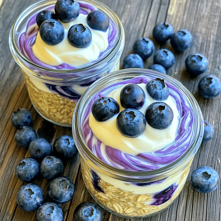 To make blueberry cheesecake overnight oats, you need a few simple ingredients. Here’s what you will gather: - 1 cup rolled oats - 1 cup milk (dairy or plant-based) - 1/2 cup Greek yogurt (plain or vanilla) - 1/2 cup fresh blueberries (plus extra for topping) - 2 tablespoons cream cheese, softened - 2 tablespoons honey or maple syrup - 1 teaspoon vanilla extract - 1/2 teaspoon cinnamon - A pinch of salt These ingredients work together to create a tasty and creamy treat. The oats give you a nice base, while the yogurt and cream cheese add richness. Fresh blueberries bring sweetness and a burst of flavor. You can choose any milk you like, whether it’s cow’s milk or a plant-based option. Honey or maple syrup provides just the right touch of sweetness. Each ingredient plays a role in making this dish both healthy and delicious. So, gather your tools, and let's get cooking! - Mixing the base ingredients Start by taking a mixing bowl. Add 1 cup of rolled oats. Next, pour in 1 cup of milk. You can use dairy or plant-based milk. Then, add 1/2 cup of Greek yogurt. Choose either plain or vanilla flavor. Now, include 2 tablespoons of softened cream cheese. Sweeten your mix with 2 tablespoons of honey or maple syrup. Add 1 teaspoon of vanilla extract, 1/2 teaspoon of cinnamon, and a pinch of salt. Stir everything well. Make sure it is smooth and creamy. - Incorporating fresh blueberries Now, gently fold in 1/2 cup of fresh blueberries. Be careful not to mash them. Reserve a few blueberries for topping later. This will keep the oats colorful and fresh. - Dividing into containers Take two jars or containers with lids. Divide the mixture equally between them. Layer the oats and blueberries for a nice marbled look. This makes it pretty and fun to eat. - Refrigeration process Seal the jars tightly. Place them in the refrigerator overnight. If you are in a hurry, let them chill for at least 4 hours. This helps the oats absorb the liquid and become soft. - Serving suggestions When you are ready to eat, stir the oats well. Add more fresh blueberries on top. If you like, include a dollop of Greek yogurt for extra creaminess. Enjoy your blueberry cheesecake overnight oats cold. You can eat them straight from the jar or transfer them to a bowl for a cozy breakfast. Choosing the right oats I always use rolled oats for this recipe. They absorb liquid well. Instant oats can turn mushy, while steel-cut oats need longer to cook. Rolled oats give the best texture. Sweetness adjustments Taste your mix before chilling. You can add more honey or maple syrup if needed. Some like it sweeter, while others prefer a mild flavor. Trust your taste buds. Achieving the perfect consistency For a creamy texture, mix your oats well. The Greek yogurt and cream cheese help with this. If it seems too thick, add a splash more milk. It should be creamy, not watery. Keeping overnight oats fresh Store your oats in airtight containers. This keeps them from drying out. Make sure to eat them within three days for the best taste. They can last longer, but freshness fades. Recommended container types Glass jars with lids work best. They allow you to see the beautiful layers. Plastic containers are fine too, but glass keeps the oats fresher. Choose what fits your kitchen style! {{image_2}} You can make blueberry cheesecake overnight oats your own! Here are some fun ideas: - Different fruit options: Try strawberries, raspberries, or peaches. Each fruit adds its own flavor. You can even mix different fruits for a fun twist. - Flavor adaptations: Want something rich? Add cocoa powder for chocolate oats. Mix in peanut butter or almond butter for a nutty taste. These flavors work great with cream cheese. - Alternative sweeteners: If you prefer less sugar, use agave syrup or stevia. These options can keep the sweetness without the extra calories. You can adjust this recipe to fit many diets. Here’s how: - Vegan options: Use plant-based milk and yogurt. Replace cream cheese with cashew cream or dairy-free cream cheese. This makes it creamy without dairy. - Gluten-free substitutions: Choose certified gluten-free oats. This simple change makes the recipe safe for those who avoid gluten. These variations help you create a dish that suits your taste and need. Enjoy experimenting! - Caloric content per serving: Each serving has about 300 calories. This makes it a filling choice for breakfast. - Macronutrient values: - Carbohydrates: Approximately 45 grams. Oats and blueberries provide healthy carbs for energy. - Protein: About 14 grams. Greek yogurt and cream cheese add protein for muscle health. - Fat: Roughly 10 grams. The fat from cream cheese gives creaminess and taste. - Health benefits of ingredients: - Rolled oats offer fiber, which helps digestion and keeps you full. - Greek yogurt is rich in probiotics, supporting gut health. - Blueberries are packed with antioxidants, which help fight free radicals. - Honey or maple syrup gives natural sweetness and energy, made from plants. - Cinnamon can help control blood sugar levels. These ingredients work together to make a nutritious, tasty breakfast that fuels your day. Enjoy every spoonful, knowing it’s both delicious and good for you! Can I use frozen blueberries? Yes, you can use frozen blueberries. They will thaw overnight. This adds great flavor. Just be sure to mix them in gently. This keeps the oats from becoming too watery. How long can I store overnight oats? You can store overnight oats in the fridge for up to five days. They stay tasty and safe to eat. Just keep them in a sealed container. This helps maintain freshness. Can this recipe be doubled for meal prep? Absolutely! You can double the recipe easily. Just use double the ingredients. This gives you more jars for the week. It makes breakfast quick and easy! What can I substitute for cream cheese? You can use Greek yogurt instead of cream cheese. It adds creaminess and a tangy flavor. Another option is vegan cream cheese for a dairy-free version. This keeps the taste rich and smooth. In this blog post, we explored how to make blueberry cheesecake overnight oats. We covered the main ingredients, detailed cooking steps, and shared tips to help you succeed. You can customize the recipe to suit your taste and dietary needs. Remember, the right storage and ingredient choices ensure freshness. Overnight oats are not just easy to prepare; they also offer many health benefits. Enjoy your breakfast while keeping it simple and delicious!