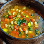 - 1 tablespoon olive oil - 1 medium onion, diced - 2 cloves garlic, minced - 2 carrots, diced - 2 celery stalks, diced - 1 zucchini, chopped - 1 bell pepper (red or yellow), diced - 1 cup green beans, trimmed and cut into bite-size pieces - 1 can (14 oz) diced tomatoes, with juices - 4 cups vegetable broth - 1 can (15 oz) cannellini beans, drained and rinsed - 1 cup small pasta (like ditalini or macaroni) - 1 teaspoon dried oregano - 1 teaspoon dried basil - Salt and pepper to taste - Fresh parsley, chopped (for garnish) - Grated Parmesan cheese (optional, for serving) This recipe is packed with fresh veggies. It brings color, taste, and nutrition to your table. You’ll use simple ingredients you can find at any store. Start with olive oil. It adds flavor and helps cook your veggies. Onions and garlic give a great base taste. Carrots and celery add crunch and sweetness. Zucchini and bell peppers bring more color and texture. Green beans round out this mix with their fresh bite. Canned items like diced tomatoes and cannellini beans make cooking easy. They add body and protein to the soup. The vegetable broth is key for a rich flavor. Small pasta is fun and fills you up. Don’t forget the herbs! Oregano and basil add an earthy taste. Salt and pepper bring it all together. Finally, fresh parsley gives a bright touch. If you want, sprinkle some Parmesan cheese on top for extra flavor. This veggie packed minestrone is not just a meal; it’s a warm hug in a bowl. - Heat olive oil and sauté onion and garlic: Start by adding one tablespoon of olive oil to a large pot over medium heat. Once hot, toss in one diced medium onion. Cook for about three to four minutes until it softens. Then add two cloves of minced garlic and sauté for one more minute. - Add and cook diced vegetables: Next, stir in two diced carrots, two diced celery stalks, one chopped zucchini, and one diced bell pepper. Cook these for five to seven minutes. You want them to soften but still have some crunch. - Incorporate green beans into the mix: Now, take one cup of trimmed and cut green beans. Add them into the pot and mix well with the other veggies. - Add diced tomatoes and vegetable broth: Pour in one can of diced tomatoes, including the juices, along with four cups of vegetable broth. Stir everything together and bring the mix to a boil. - Season with herbs and spices: Once boiling, add one can of drained and rinsed cannellini beans. Then sprinkle in one teaspoon each of dried oregano and dried basil. Don’t forget to season with salt and pepper to taste. - Cook pasta to desired doneness: Reduce the heat to a simmer and stir in one cup of small pasta, like ditalini or macaroni. Cook for 8 to 10 minutes, or until the pasta is al dente. - Adjust seasoning as necessary: Taste the minestrone and adjust the seasoning if needed. Add more salt or pepper to enhance the flavor. - Garnish with parsley and serve: Ladle the minestrone into bowls. Top with fresh chopped parsley for a pop of color. If you like, sprinkle grated Parmesan cheese on top before serving. Choosing the right vegetables is key. I like to use a mix of soft and crunchy veggies. This gives texture and flavor. Start with onion and garlic for a strong base. Carrots and celery add sweetness and crunch. Zucchini and bell pepper bring a nice color. Green beans offer a fresh bite. Cooking your pasta al dente is important. This means it should be firm but not hard. Overcooked pasta can turn mushy in the soup. Add the pasta last and watch the time closely. To elevate the taste, consider adding herbs. Fresh basil and oregano work wonders in this dish. You can also try thyme or rosemary for a twist. A pinch of red pepper flakes adds a nice kick. Using homemade broth makes a big difference. It’s richer and adds depth. If you use store-bought broth, choose low-sodium to control the salt. Serve your minestrone with crusty bread. The bread is perfect for dipping. A fresh salad on the side adds crunch. Make your dish visually appealing. Garnish with fresh parsley for color. A sprinkle of grated Parmesan cheese can make it special. Enjoy your meal with a touch of style! {{image_2}} You can easily adjust this minestrone for different diets. For a vegan or vegetarian version, skip the Parmesan cheese. Use olive oil for cooking, and ensure your broth is vegetable-based. This way, everyone can enjoy a warm bowl of goodness. If you're gluten-free, swap the small pasta with gluten-free options. Look for rice, quinoa, or gluten-free pasta made from lentils or chickpeas. These swaps keep the dish hearty and satisfying. Fresh seasonal vegetables make this dish shine. In summer, try adding corn, tomatoes, or bell peppers. In winter, use root vegetables like potatoes or sweet potatoes. Seasonal veggies not only taste better but also give you the best nutrients. They also help you connect with local farms. Always check your local market for fresh produce. This way, you can adapt your recipe based on what's available. You’ll be surprised how a simple change can elevate the dish. Adding protein can make your minestrone even heartier. If you like meat, try diced chicken or ground turkey. Brown it first with the onion and garlic for added flavor. You can also add cooked sausage for a savory touch. For a plant-based option, toss in more legumes. Chickpeas or lentils are great choices. They boost the protein content while keeping it healthy. This way, your minestrone is not only filling but also packed with nutrients. To keep your veggie packed minestrone fresh, use these tips: - Refrigerate Leftovers: Store the soup in an airtight container. It helps to keep it fresh for up to 4 days. - Freezing Instructions: If you want to store it longer, pour the soup into freezer-safe bags. Make sure to remove air. This way, you can keep it for up to 3 months. When you want to enjoy your minestrone again, follow these steps: - Recommended Methods: The best way to reheat is on the stove. Pour the soup into a pot and heat it slowly over medium. - Restoring Texture: If the soup thickens after freezing, add a splash of vegetable broth. Stir well to bring back the desired texture. Knowing how long your minestrone lasts is key: - Refrigerated: Expect it to last about 4 days. - Frozen: It can stay fresh for up to 3 months. Just remember to label your bags with the date! How do I make Minestrone in a slow cooker? You can easily make Minestrone in a slow cooker. Start by adding all your chopped veggies, beans, and tomatoes. Pour in the vegetable broth and add your herbs. Set your cooker on low for 6-8 hours or high for 3-4 hours. Stir in the pasta during the last 30 minutes of cooking. Can I substitute fresh vegetables for canned ones? Yes, you can use fresh vegetables instead of canned ones. Fresh vegetables will add a nice crunch and flavor. Just remember to chop them into small, even pieces for even cooking. You can also adjust cooking times based on the type of fresh veggies you choose. What type of pasta is best for Minestrone? Small pasta works best for Minestrone. I like to use ditalini or macaroni. These shapes soak up the broth well and add texture to the soup. You can also use gluten-free pasta if needed. How can I make Minestrone spicier? To add heat, try adding red pepper flakes or diced jalapeños. You can also use a spicy sausage or add a dash of hot sauce. Taste as you go to find the right level of spice for you. Can I prepare Minestrone ahead of time? Yes, Minestrone tastes great when made ahead. You can make it a day in advance and store it in the fridge. The flavors will deepen overnight. Just remember to cook the pasta separately and add it when serving to keep it from getting mushy. In this article, we explored a delightful minestrone recipe packed with vegetables, herbs, and pasta. You learned how to prepare, cook, and enhance this dish with simple ingredients. We also discussed variations to suit your needs and ways to store leftovers. Minestrone is flexible and fun. You can mix flavors and adjust textures as you like. Enjoy crafting your perfect bowl!