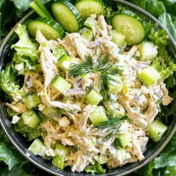 - 2 cups cooked chicken, shredded - 1 cup plain Greek yogurt - 1/4 cup mayonnaise - 1/2 cup celery, finely chopped - 1/4 cup red onion, finely chopped - 1/2 cup cucumber, diced - 1/4 cup feta cheese, crumbled - 1 tablespoon fresh dill, chopped - 2 tablespoons lemon juice - Salt and pepper to taste - 1/4 cup walnuts, chopped (optional) - Calories per serving: About 300 calories - Protein content: Roughly 30 grams per serving - Health benefits of ingredients: Greek yogurt adds protein and probiotics. Cucumbers hydrate, while walnuts provide healthy fats. Feta cheese adds flavor and calcium. First, get a large mixing bowl. Add the cooked, shredded chicken to the bowl. Next, mix in the plain Greek yogurt and mayonnaise. Stir it well until the chicken is completely coated. Now, it’s time to add some crunch. Chop the celery, red onion, and cucumber finely. Toss these veggies into the chicken mixture. Stir until everything is blended well. For extra flavor, crumble the feta cheese over the top. Add fresh dill and mix it all together. Drizzle in some lemon juice, and then season with salt and pepper to your taste. If you like, fold in some chopped walnuts for a delightful crunch. After mixing, cover the bowl with a lid or plastic wrap. Chill the salad in the fridge for at least 30 minutes. This chilling time is crucial. It helps all the flavors come together. Once chilled, you can serve the salad in many ways. Serve it on a bed of mixed greens, in a wrap, or with whole-grain crackers. Each option gives a unique taste and texture. When serving, make it look great! Use a large bowl and garnish with a sprig of fresh dill. Add a few extra slices of cucumber on top for color. If you want to mix things up, you can serve the salad in individual cups or on lettuce leaves. This not only looks good but also makes it easy to grab and enjoy. To make your Greek yogurt chicken salad shine, adjust seasonings to your taste. You might want more salt or pepper for that perfect kick. A splash of lemon juice adds brightness. Fresh herbs like dill really boost flavor. Consider adding parsley or chives for a twist. Fresh ingredients are key. Use crisp celery, bright red onion, and refreshing cucumber. They keep your salad lively and tasty. If you need a break from Greek yogurt, try sour cream or plain yogurt. Both give a creamy texture. For the mayo, use avocado or a dairy-free option. If you don’t have feta, try goat cheese or even cubed mozzarella. They change the taste a bit but still taste good. For nuts, almonds or pecans work well instead of walnuts. These swaps keep the salad fresh and exciting. Crunchiness is vital in a salad. Make sure your vegetables are fresh and cut them small. This gives a nice bite. If you want more crunch, add some toasted seeds or nuts. To avoid sogginess, don’t mix the salad too early. Keep it chilled until you’re ready to serve. Serve it on greens or in a wrap. This keeps it light and crisp. {{image_2}} You can switch up the protein in your Greek yogurt chicken salad. Use turkey instead of chicken for a leaner option. If you like seafood, try canned tuna. It adds a nice twist to the dish. For a vegetarian choice, chickpeas work great. They add protein and a hearty texture. Want to spice things up? Add red pepper flakes or cayenne for heat. It gives the salad a nice kick. You can also add fruits like grapes or diced apples for sweetness. This contrast makes the salad even more tasty. Experiment with herbs too! Fresh basil or mint can brighten the whole dish. If you're watching carbs, skip the mayonnaise and use only Greek yogurt. This keeps it low-carb and still creamy. For a dairy-free option, try using a plant-based yogurt. Almond or coconut yogurt can work well. Just ensure it has a similar texture to Greek yogurt to keep the salad creamy. To store leftovers, place the chicken salad in an airtight container. This keeps the salad fresh and prevents spills. You can keep it in the fridge for up to three days. After this, the flavors may fade, and the salad may not taste as good. Can you freeze the salad? Yes, you can freeze Greek yogurt chicken salad, but it may change in texture. The yogurt and vegetables may become watery after thawing. For best results, freeze the salad without any vegetables. This way, you can keep the crunch. When you're ready to eat it, thaw it in the fridge overnight. Add fresh veggies just before serving. Making this salad in advance is a great idea for easy meals. You can prepare it on Sunday and enjoy it throughout the week. Portioning for lunchboxes is simple. Use small containers to keep servings separate. This makes it easy to grab and go. Plus, you can mix and match with different sides for variety. Greek Yogurt Chicken Salad lasts about 3 to 4 days in the fridge. To check if it’s still good, look for changes in smell or color. If it smells sour or looks off, it’s best to toss it. Yes, you can make this salad ahead of time. It tastes even better after chilling for a few hours. I recommend preparing it a day in advance for the best flavor. You can serve this salad with various sides. Try it on a bed of mixed greens or in a wrap. Whole-grain crackers also pair well. For a complete meal, add some fresh fruit or a light soup. Yes, Greek yogurt is often healthier than mayonnaise. Greek yogurt has more protein and fewer calories. It also contains probiotics, which are good for your gut. This makes Greek yogurt a great choice for a healthier chicken salad. Greek Yogurt Chicken Salad is tasty and healthy. We covered the main and extra ingredients. These provide flavor and great nutrition. I shared tips on prep, chilling, and serving. You can even change the recipe for your taste. Remember, storing leftovers correctly helps keep it fresh. Try these ideas next time you cook. You’ll impress everyone with a nutritious meal. Enjoy creating the perfect salad!