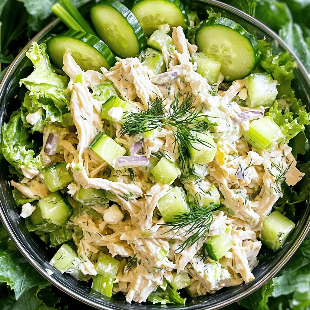 - 2 cups cooked chicken, shredded - 1 cup plain Greek yogurt - 1/4 cup mayonnaise - 1/2 cup celery, finely chopped - 1/4 cup red onion, finely chopped - 1/2 cup cucumber, diced - 1/4 cup feta cheese, crumbled - 1 tablespoon fresh dill, chopped - 2 tablespoons lemon juice - Salt and pepper to taste - 1/4 cup walnuts, chopped (optional) - Calories per serving: About 300 calories - Protein content: Roughly 30 grams per serving - Health benefits of ingredients: Greek yogurt adds protein and probiotics. Cucumbers hydrate, while walnuts provide healthy fats. Feta cheese adds flavor and calcium. First, get a large mixing bowl. Add the cooked, shredded chicken to the bowl. Next, mix in the plain Greek yogurt and mayonnaise. Stir it well until the chicken is completely coated. Now, it’s time to add some crunch. Chop the celery, red onion, and cucumber finely. Toss these veggies into the chicken mixture. Stir until everything is blended well. For extra flavor, crumble the feta cheese over the top. Add fresh dill and mix it all together. Drizzle in some lemon juice, and then season with salt and pepper to your taste. If you like, fold in some chopped walnuts for a delightful crunch. After mixing, cover the bowl with a lid or plastic wrap. Chill the salad in the fridge for at least 30 minutes. This chilling time is crucial. It helps all the flavors come together. Once chilled, you can serve the salad in many ways. Serve it on a bed of mixed greens, in a wrap, or with whole-grain crackers. Each option gives a unique taste and texture. When serving, make it look great! Use a large bowl and garnish with a sprig of fresh dill. Add a few extra slices of cucumber on top for color. If you want to mix things up, you can serve the salad in individual cups or on lettuce leaves. This not only looks good but also makes it easy to grab and enjoy. To make your Greek yogurt chicken salad shine, adjust seasonings to your taste. You might want more salt or pepper for that perfect kick. A splash of lemon juice adds brightness. Fresh herbs like dill really boost flavor. Consider adding parsley or chives for a twist. Fresh ingredients are key. Use crisp celery, bright red onion, and refreshing cucumber. They keep your salad lively and tasty. If you need a break from Greek yogurt, try sour cream or plain yogurt. Both give a creamy texture. For the mayo, use avocado or a dairy-free option. If you don’t have feta, try goat cheese or even cubed mozzarella. They change the taste a bit but still taste good. For nuts, almonds or pecans work well instead of walnuts. These swaps keep the salad fresh and exciting. Crunchiness is vital in a salad. Make sure your vegetables are fresh and cut them small. This gives a nice bite. If you want more crunch, add some toasted seeds or nuts. To avoid sogginess, don’t mix the salad too early. Keep it chilled until you’re ready to serve. Serve it on greens or in a wrap. This keeps it light and crisp. {{image_2}} You can switch up the protein in your Greek yogurt chicken salad. Use turkey instead of chicken for a leaner option. If you like seafood, try canned tuna. It adds a nice twist to the dish. For a vegetarian choice, chickpeas work great. They add protein and a hearty texture. Want to spice things up? Add red pepper flakes or cayenne for heat. It gives the salad a nice kick. You can also add fruits like grapes or diced apples for sweetness. This contrast makes the salad even more tasty. Experiment with herbs too! Fresh basil or mint can brighten the whole dish. If you're watching carbs, skip the mayonnaise and use only Greek yogurt. This keeps it low-carb and still creamy. For a dairy-free option, try using a plant-based yogurt. Almond or coconut yogurt can work well. Just ensure it has a similar texture to Greek yogurt to keep the salad creamy. To store leftovers, place the chicken salad in an airtight container. This keeps the salad fresh and prevents spills. You can keep it in the fridge for up to three days. After this, the flavors may fade, and the salad may not taste as good. Can you freeze the salad? Yes, you can freeze Greek yogurt chicken salad, but it may change in texture. The yogurt and vegetables may become watery after thawing. For best results, freeze the salad without any vegetables. This way, you can keep the crunch. When you're ready to eat it, thaw it in the fridge overnight. Add fresh veggies just before serving. Making this salad in advance is a great idea for easy meals. You can prepare it on Sunday and enjoy it throughout the week. Portioning for lunchboxes is simple. Use small containers to keep servings separate. This makes it easy to grab and go. Plus, you can mix and match with different sides for variety. Greek Yogurt Chicken Salad lasts about 3 to 4 days in the fridge. To check if it’s still good, look for changes in smell or color. If it smells sour or looks off, it’s best to toss it. Yes, you can make this salad ahead of time. It tastes even better after chilling for a few hours. I recommend preparing it a day in advance for the best flavor. You can serve this salad with various sides. Try it on a bed of mixed greens or in a wrap. Whole-grain crackers also pair well. For a complete meal, add some fresh fruit or a light soup. Yes, Greek yogurt is often healthier than mayonnaise. Greek yogurt has more protein and fewer calories. It also contains probiotics, which are good for your gut. This makes Greek yogurt a great choice for a healthier chicken salad. Greek Yogurt Chicken Salad is tasty and healthy. We covered the main and extra ingredients. These provide flavor and great nutrition. I shared tips on prep, chilling, and serving. You can even change the recipe for your taste. Remember, storing leftovers correctly helps keep it fresh. Try these ideas next time you cook. You’ll impress everyone with a nutritious meal. Enjoy creating the perfect salad!