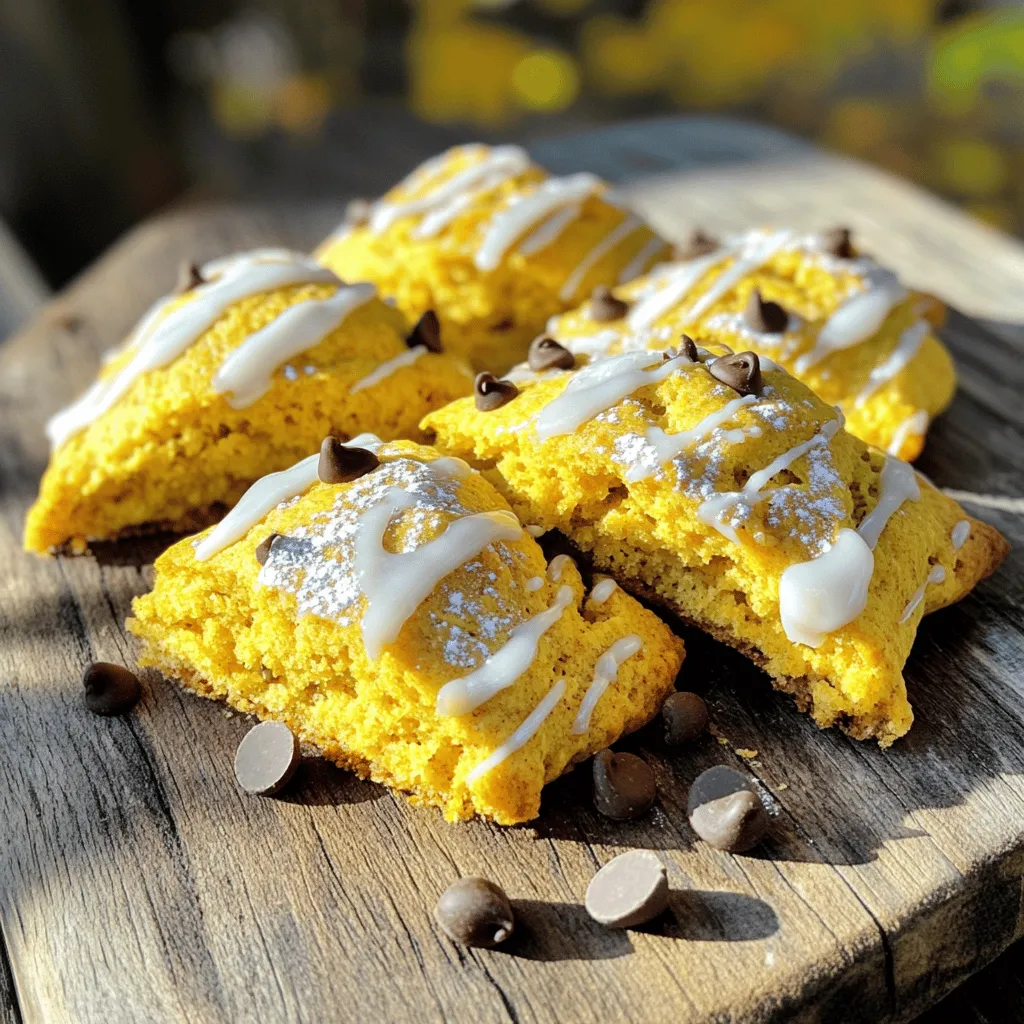 - 2 cups all-purpose flour - 1/2 cup granulated sugar - 1 tablespoon baking powder - 1/2 teaspoon baking soda - 1 teaspoon pumpkin pie spice - 1/2 teaspoon salt - 1/2 cup unsalted butter, cold and cubed - 1/2 cup canned pumpkin puree - 1/4 cup heavy cream - 1 large egg - 1 teaspoon vanilla extract - 1/2 cup chocolate chips (optional) The main ingredient in pumpkin spice scones is all-purpose flour. I use two cups. This serves as the base. Granulated sugar adds sweetness. I use half a cup for balance. Baking powder and baking soda help the scones rise. A tablespoon of baking powder and half a teaspoon of baking soda work well. Pumpkin pie spice is key for flavor. One teaspoon gives a warm, cozy taste. Salt is also important. I use half a teaspoon to enhance flavors. Unsalted butter adds richness. I cube half a cup and keep it cold. Cold butter makes scones flaky. Canned pumpkin puree is another star ingredient. I use half a cup to give moisture and flavor. Heavy cream adds creaminess. I use a quarter cup for the best texture. A large egg helps bind the mix. One egg does the job well. Vanilla extract adds a touch of sweetness. I use one teaspoon for flavor. I like to add chocolate chips for fun. Half a cup is optional but tasty. You can skip them or add your favorite mix-ins. Feel free to play around! First, set your oven to 400°F (200°C). This heat makes the scones rise well. While the oven heats, grab a baking sheet. Line it with parchment paper. This will stop the scones from sticking. Next, take a large bowl. Add 2 cups of all-purpose flour, 1/2 cup of sugar, 1 tablespoon of baking powder, and 1/2 teaspoon of baking soda. Sprinkle in 1 teaspoon of pumpkin pie spice and 1/2 teaspoon of salt. Use a whisk to mix everything. This step blends the flavors well. In another bowl, combine 1/2 cup of canned pumpkin puree, 1/4 cup of heavy cream, 1 large egg, and 1 teaspoon of vanilla extract. Whisk these until they are smooth. This mixture gives your scones moisture and flavor. Now, pour the wet mixture into the dry mix. Use a spatula to combine them gently. Do not overmix! If you want, fold in 1/2 cup of chocolate chips for a sweet touch. Turn the dough onto a floured surface. Knead it gently a few times. Pat it into a circle, about 1-inch thick. Cut the dough into 8 wedges. Place each wedge on your prepared baking sheet. Bake the scones in your preheated oven for 15-18 minutes. You want the edges to be golden brown. Once done, take them out and let them cool on a wire rack. This cooling time helps them firm up. Enjoy your warm, tasty pumpkin spice scones! To get a fluffy scone, use cold butter. Cut it into small pieces. This keeps the butter from melting too soon. When you mix the butter with flour, it should look like coarse crumbs. Don’t overwork the dough; mix just until it comes together. This way, your scones will be light and airy. A dash of nutmeg or cinnamon can boost the pumpkin spice flavor. You might also consider adding a bit of maple syrup to the wet mix for extra sweetness. If you love chocolate, fold in chocolate chips. They add a nice touch to the pumpkin flavor, making each bite richer. Feel free to swap in different spices like ginger or allspice. You can even add chopped nuts like walnuts or pecans for crunch. If you want a savory twist, use cheese and herbs instead of sweet spices. This recipe is flexible, so tailor it to your taste. {{image_2}} You can make these pumpkin spice scones even better by adding nuts or fruits. Walnuts or pecans add a nice crunch. Dried cranberries or raisins bring a sweet burst. Just fold about 1/2 cup of your choice into the dough. This adds flavor and texture. You can even mix and match to find your favorite combo. Glazing gives your scones a lovely finish. A simple glaze mixes powdered sugar with milk. For a twist, add maple syrup or vanilla. Drizzle this over the scones after they cool. You can also use cream cheese frosting for a rich taste. Using a brush, apply it for a nice layer. Let your creativity shine with different flavors! If you need gluten-free scones, swap all-purpose flour for a gluten-free blend. Look for a blend with xanthan gum, as this helps with texture. Adjust the liquid slightly, as gluten-free flours can absorb more moisture. Your scones may bake a bit differently, so keep an eye on them. They should still taste great, so you can enjoy them too! Store your pumpkin spice scones in an airtight container. This keeps them fresh and soft. If you plan to eat them within a few days, leave them at room temperature. If you want to keep them longer, store them in the fridge. They can last up to a week this way. To freeze your scones, first let them cool completely. Once cooled, wrap each scone in plastic wrap. Place them all in a freezer bag or container. Be sure to label the bag with the date. Frozen scones can last up to three months. When you want one, just take it out and let it thaw. To reheat scones, preheat your oven to 350°F (175°C). Place the scones on a baking sheet. Heat them for about 5 to 10 minutes. You can also microwave them for about 15 to 20 seconds. Just be careful not to overheat, as they can get tough. Enjoy your warm scones just like fresh! To make scones rise well, use cold butter. This keeps the fat solid and helps create steam. Also, be quick when mixing. Overworking the dough can make scones tough. Add spices like cinnamon or nutmeg for extra warmth. You can also mix in zest from oranges or lemons for a fresh twist. If you love sweet, chocolate chips are a great addition. Yes, you can prepare the dough and chill it. Wrap it in plastic wrap and store it in the fridge for up to 24 hours. Just remember to cut and bake them when you’re ready. If you need a substitute, use applesauce or mashed bananas. Both add moisture and sweetness. You can also use butternut squash puree for a similar flavor. Check for golden edges and a firm texture. Insert a toothpick in the center. If it comes out clean, they are done. Let them cool slightly before enjoying. This blog post explored how to make delicious scones using easy steps and ingredients. You learned about mixing the right dry and wet ingredients, baking them perfectly, and customizing flavors. Always store your scones properly to keep them fresh for longer. Enjoy your baking journey! With these tips, you will create tasty scones everyone will love.