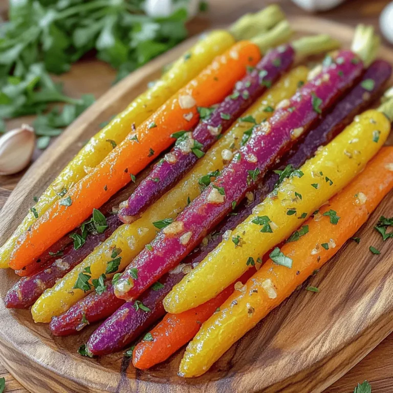 To make Herb Garlic Roasted Rainbow Carrots, you will need: - 1 pound rainbow carrots, peeled and cut into similar-sized sticks - 3 tablespoons olive oil - 4 cloves garlic, minced - 1 teaspoon fresh thyme leaves - 1 teaspoon fresh rosemary, finely chopped - 1 teaspoon honey or maple syrup - Salt and pepper to taste - Fresh parsley, for garnish When picking rainbow carrots, look for ones that are bright and firm. The colors should shine, showing reds, yellows, and purples. Avoid carrots that are soft or have dark spots. Fresh carrots should feel heavy for their size. Always choose carrots that are crisp and straight, as they are less likely to be bitter. You will need a few simple tools to prepare this dish: - A sharp knife for cutting - A cutting board for safe chopping - A large mixing bowl for the marinade - A measuring spoon for accurate measurements - A baking sheet lined with parchment paper for easy cooking - An oven to roast the carrots Using these tools will help you create a delicious dish with ease. Each tool plays a key role in the process, making cooking fun and simple. Enjoy the joy of cooking with these fresh ingredients and tools! To start, gather your ingredients. You need olive oil, minced garlic, fresh thyme, and rosemary. Add one teaspoon of honey or maple syrup for a touch of sweetness. In a large bowl, mix these ingredients together. Stir well until you have a smooth marinade. This step is vital for great flavor. Next, take one pound of rainbow carrots. Peel and cut them into sticks. Make sure they are similar in size. This helps them cook evenly. Now, add the carrot sticks to your bowl with the marinade. Toss them well, so every piece gets coated. Let the carrots sit for a few minutes. This allows the flavors to soak in. Now, it’s time to roast! Preheat your oven to 425°F (220°C). Line a baking sheet with parchment paper. Place the marinated carrots on the sheet in a single layer. Make sure they are not crowded. Roast them for 25 to 30 minutes. Halfway through, turn the carrots. This ensures they roast evenly. When they are done, they should be tender with golden edges. Let them cool for a couple of minutes before serving. Garnish with fresh parsley for a pop of color. Enjoy your herb garlic roasted rainbow carrots! To make your roasted carrots shine, try these simple tips: - Add citrus juice: A splash of lemon or orange juice brightens flavors. - Use different herbs: Basil or oregano can add a unique touch. - Mix in spices: A pinch of cumin or paprika can bring warmth. - Drizzle with balsamic glaze: This adds a sweet tang that pairs well. Caramelization gives your carrots a sweet flavor and lovely color. Here’s how to achieve it: - Use enough oil: Coat your carrots well with olive oil. - Don’t crowd the pan: Space them out to let air flow. - High heat is key: Roasting at 425°F helps them brown nicely. - Turn halfway through: This ensures even cooking and browning. Avoid these pitfalls for the best roasted carrots: - Skipping the prep: Always peel and cut carrots to uniform sizes. - Not seasoning enough: A good amount of salt and pepper is vital. - Opening the oven too often: This cools the oven and slows cooking. - Roasting too long: Watch for tenderness to avoid mushy carrots. {{image_2}} You can change the herbs to give carrots a new taste. Try using basil or oregano. These herbs add a fresh twist. You can also use dill for a bright flavor. If you like heat, add red pepper flakes. They will give a nice kick to the dish. Rainbow carrots shine on their own, but you can mix in other veggies. Try adding zucchini or bell peppers. Cut them into similar-sized pieces for even cooking. Sweet potatoes also work well and add a rich flavor. This mix makes the dish colorful and fun. You can change the sweetness by using different ingredients. Honey gives a sweet touch, but maple syrup works too. If you want less sweet, skip the honey altogether. You can add a splash of balsamic vinegar for a tangy taste. This balances the sweetness and gives depth. To keep your roasted rainbow carrots fresh, let them cool first. Once cool, place them in an airtight container. This will help to keep moisture out and flavor in. You can also use plastic wrap, but an airtight container is best. If you plan to store them, do not add any extra seasoning. This keeps them tasting fresh for later. When reheating, avoid the microwave if possible. The microwave can make the carrots soggy. Instead, use the oven. Preheat it to 350°F (175°C). Spread the carrots on a baking sheet. Heat them for about 10-15 minutes. This will help keep them crispy and tasty. You can also add a bit of olive oil before reheating for extra flavor. Roasted rainbow carrots can last in the fridge for about 3-5 days. Make sure they are in an airtight container. If you want to keep them longer, you can freeze them. Just remember to use freezer-safe bags. Frozen roasted carrots can last up to 3 months. Just thaw them in the fridge before reheating. Rainbow carrots are special. They come in different colors like purple, yellow, and orange. This makes them fun and bright for your plate. Regular carrots are usually just orange. Rainbow carrots taste different too. Each color has its own unique flavor. Purple carrots might taste sweeter, while yellow ones can be a bit earthier. Using rainbow carrots adds color and flavor to your dish. Yes, you can use dried herbs! They work well in this recipe. Use about one-third of the amount of dried herbs. For example, if the recipe calls for one teaspoon of fresh thyme, use just one-third teaspoon of dried thyme. Dried herbs are stronger, so a little goes a long way. However, fresh herbs give a better taste and aroma. If you have fresh herbs, I suggest you use them. You can tell when the roasted carrots are done by looking and tasting. They should be tender and have golden edges. After about 25-30 minutes in the oven, check them. You can poke a carrot with a fork to see if it is soft. If they are still hard, roast them a bit longer. Turning the carrots halfway helps them cook evenly. Enjoy the lovely smell while they roast! Roasting rainbow carrots is simple and fun. We covered the best ingredients, tools, and tips to make this dish special. Remember to prepare a tasty herb garlic marinade and avoid common mistakes to get that perfect roast. Explore variations with different herbs and veggies to keep things exciting. Store leftovers properly to enjoy them later. Now you have all the tools to create delicious roasted rainbow carrots. Happy cooking!