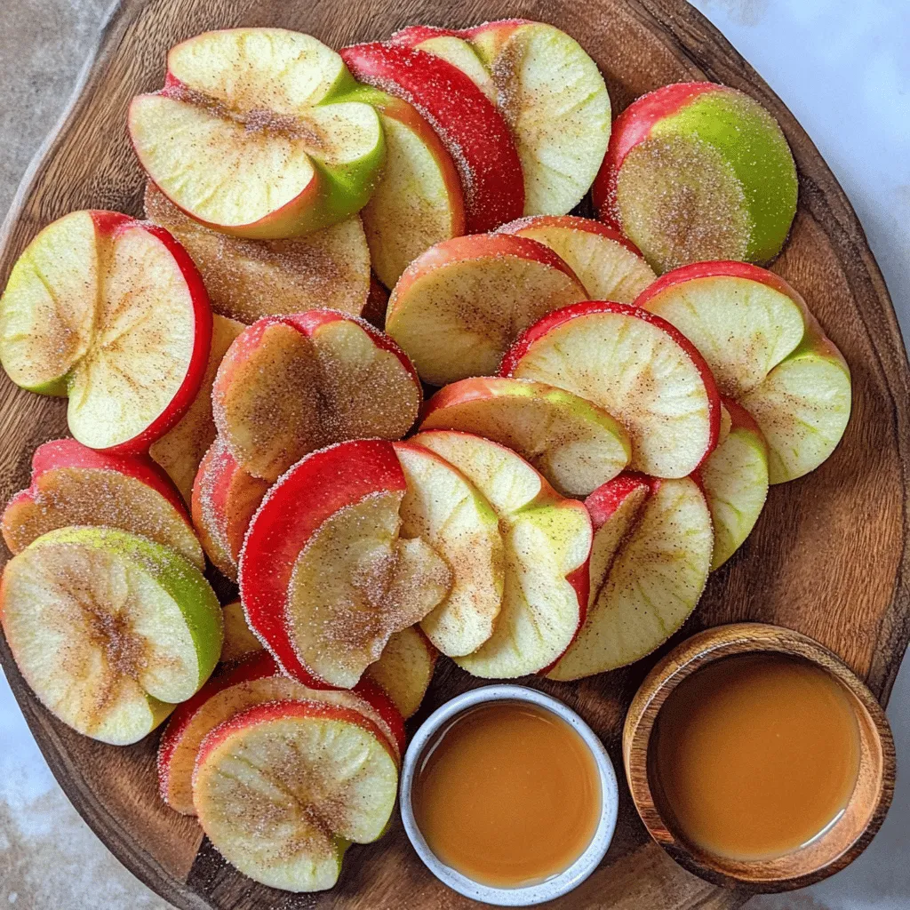 - 2 large apples (such as Honeycrisp or Fuji) - 2 tablespoons granulated sugar - 1 teaspoon ground cinnamon - 1/4 teaspoon salt - Optional: 1/4 teaspoon nutmeg - Sharp knife or mandoline - Baking sheet - Parchment paper - Small bowl for mixing Each serving of these apple chips has about 150 calories. You get 35 grams of carbs, 3 grams of fiber, and 10 grams of sugar. These chips make a tasty snack that is also light on your waistline. Cinnamon sugar apple chips are not just a treat; they’re a smart, healthy choice! Apples provide fiber and vitamins, giving your body a boost while you enjoy a sweet crunch. The cinnamon adds flavor without extra sugar. First, wash your apples well. This step removes dirt and wax. Next, core the apples. You can use a knife or an apple corer. After coring, slice the apples into thin pieces. Aim for about 1/8 inch thick. The thinner the slices, the crispier your chips will be. In a small bowl, combine granulated sugar, ground cinnamon, and salt. If you want extra flavor, add nutmeg. Mix these well with a spoon. This blend adds a sweet and spicy taste to your chips. Now, arrange the apple slices on a baking sheet. Make sure they are in a single layer. They shouldn’t overlap. Lightly sprinkle your cinnamon sugar mixture on top. Flip the slices to coat both sides evenly. Preheat your oven to 200°F (93°C) and place the baking sheet inside. Bake for 1.5 to 2 hours. Keep an eye on them to prevent burning. They should be dry and crispy when done. Once baked, take the chips out of the oven. Let them cool on the baking sheet. This helps them crisp up even more. After cooling, carefully transfer the chips to a storage container. Use an airtight container to keep them fresh. To get your apple chips crunchy, slice them thin. I recommend about 1/8 inch thick. The thinner your slices, the crispier your chips will be. When baking, check for doneness often. Apple chips should be dry and firm, not soft. It takes about 1.5 to 2 hours, but every oven is different. You can add fun spices to your chips. Try nutmeg for a warm twist. You can also mix in ginger or allspice for extra flavor. If you like it sweet, adjust the sugar. Add more or use a natural sweetener like honey. The choice is yours. For a beautiful presentation, use a decorative bowl or wooden platter. This makes your apple chips look fancy. You can also pair them with dips. A small bowl of caramel or chocolate sauce adds a yummy touch. Enjoy your tasty snack! {{image_2}} The type of apple you use can change the taste and crunch. Honeycrisp apples are my favorite. They are crisp, sweet, and perfect for chips. Fuji apples also work well, giving a nice balance of sweet and tart. If you want a more tart flavor, try Granny Smith apples. They add a zesty kick to your snack. You can switch up the sweetener for your apple chips. Honey gives a nice floral taste. Agave is another good choice and it is easy to mix. Coconut sugar provides a deeper, caramel-like flavor. Each sweetener brings a unique twist to your chips. Experiment to find your favorite! Spice up your chips with different flavors. Ground ginger adds warmth and a bit of spice. Allspice can give a hint of sweetness and a complex taste. You can even try a pinch of cayenne for a spicy kick. Mix and match to find a blend you love! To keep your apple chips fresh, use airtight containers. They help prevent moisture. Alternatively, zip-top bags work well, too. Just make sure to squeeze out all the air. Your apple chips stay crisp for about one week if stored correctly. After that, they might lose their crunch but will still be tasty. If your apple chips become soggy, don’t worry! You can easily refresh them. Preheat your oven to 200°F (93°C). Spread the chips on a baking sheet in a single layer. Bake for about 10 to 15 minutes. This will bring back their crunch. Keep an eye on them to avoid burning. Yes, you can freeze apple chips! To do this, place them in a single layer on a baking sheet. Freeze them for about an hour. Once frozen, transfer them to an airtight container or zip-top bag. They stay good for about three months in the freezer. When you’re ready to eat them, just let them thaw at room temperature. Enjoy your chips anytime! To make cinnamon sugar apple chips, start by preheating your oven to 200°F (93°C). Line a baking sheet with parchment paper. Wash and core two large apples, like Honeycrisp or Fuji. Slice the apples thinly, about 1/8 inch thick. Thin slices create crispier chips. Next, mix 2 tablespoons of sugar, 1 teaspoon of cinnamon, and 1/4 teaspoon of salt in a bowl. Optionally, add 1/4 teaspoon of nutmeg for extra flavor. Arrange the apple slices on the baking sheet in a single layer. Sprinkle the cinnamon sugar mix evenly on both sides of the slices. Bake for 1.5 to 2 hours until the slices are dry and crispy. Check often to avoid burning. Once baked, let the chips cool before storing them. Enjoy your tasty snack! Yes, you can find pre-made cinnamon sugar apple chips in many stores. Look for brands that use simple ingredients. Some good options include Bare and Apple Ring. Check the label for added sugars or preservatives. These brands offer tasty snacks, but homemade chips taste fresher. Apple chips can be a healthy snack. They are low in calories, high in fiber, and provide vitamins. However, they can also have added sugars, which may add calories. Always check the nutrition label. Homemade apple chips have less sugar than many store-bought ones. While they are healthy, enjoy them in moderation. Homemade apple chips can last up to two weeks when stored properly. Keep them in an airtight container to keep them fresh. If you notice any signs of moisture, throw them away. For best taste, enjoy them within a week. Yes, you can use a dehydrator to make apple chips. Slice the apples thinly, just like in the oven method. Set your dehydrator to 135°F (57°C). Place the apple slices in a single layer on the trays. Dry them for about 6 to 8 hours, checking for crispiness. Dehydrators may yield even crispier chips than an oven! Making homemade cinnamon sugar apple chips is simple and fun. You need just a few ingredients and tools. Start by preparing your apples and mixing the cinnamon sugar. Follow the baking steps for crispy treats. Remember, thin slices lead to the best crunch. Feel free to experiment with spices or sweeteners to make them your own. Store them correctly to keep them fresh longer. Enjoy your healthy snack!
