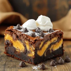 - 1 cup unsalted butter - 1 cup granulated sugar - 1 cup brown sugar, packed - 4 large eggs - 1 teaspoon vanilla extract - 1 cup all-purpose flour - 1/2 cup unsweetened cocoa powder - 1/2 teaspoon baking powder - 1/4 teaspoon salt - 1 cup pumpkin puree - 1 teaspoon pumpkin spice - 1/2 teaspoon ground cinnamon In this recipe, the unsalted butter gives a rich flavor and smooth texture. Both sugars help create a sweet base and a chewy brownie. Eggs add moisture and help bind everything together. Vanilla extract adds warmth and depth to the flavor. Pumpkin puree is key. It brings moisture and a subtle sweetness. Plus, it adds a lovely fall flavor to the brownies. The cocoa powder gives that deep, chocolatey taste. The baking powder ensures the brownies rise just right, while salt balances the sweetness. Pumpkin spice and cinnamon enhance the overall flavor profile, making these brownies special. - 1/2 cup chocolate chips (optional) If you want an extra treat, add chocolate chips. They melt into gooey pockets of chocolate, making each bite even more delicious. You can also enhance these brownies with nuts for crunch or caramel for more sweetness. Walnuts or pecans work well, and caramel sauce adds a rich, sticky layer. Feel free to get creative! These optional ingredients let you tailor the brownies to your taste. 1. Preheat the oven: Set your oven to 350°F (175°C). 2. Prepare the baking pan: Grease a 9x13 inch baking pan with butter. Line it with parchment paper. Leave some paper hanging off the sides. This helps you lift the brownies out later. 3. Melt the butter: In a medium saucepan, melt 1 cup of unsalted butter over low heat. Remove it from the heat and let it cool a bit. 4. Combine sugars: In a large bowl, whisk together 1 cup of granulated sugar and 1 cup of brown sugar with the melted butter. Mix until well combined. 1. Incorporate eggs and vanilla: Add 4 large eggs one by one. Stir well after each egg. Then mix in 1 teaspoon of vanilla extract. 2. Combine dry and wet ingredients: In another bowl, sift together 1 cup of all-purpose flour, 1/2 cup of unsweetened cocoa powder, 1/2 teaspoon of baking powder, and 1/4 teaspoon of salt. Slowly mix these dry ingredients into the wet mixture. Stir until no flour is visible. 1. Prepare the pumpkin mixture: In a separate bowl, mix 1 cup of pumpkin puree with 1 teaspoon of pumpkin spice and 1/2 teaspoon of ground cinnamon. Ensure it's smooth. 2. Layer and swirl: Pour half of the brownie batter into the pan. Spread it evenly. Spoon dollops of the pumpkin mixture over the brownie layer. Then, pour the rest of the brownie batter on top. Use a knife to swirl the pumpkin into the brownie layer. This creates a marbled effect. 1. Baking time: Bake in the oven for 30-35 minutes. Check for doneness by inserting a toothpick in the center. It should come out with a few moist crumbs, not wet batter. 2. Cooling and cutting: Let the brownies cool completely in the pan. Use the parchment paper to lift them out. Cut into squares and serve. - To keep your brownies moist, use room temperature eggs. - Always measure flour correctly. Too much flour makes brownies dry. - Don’t overbake! Check at 30 minutes. A toothpick should have a few crumbs. - Let the brownies cool completely before cutting. This helps them hold their shape. - If you want gooey brownies, try adding a little extra butter. - Before serving, dust brownies with powdered sugar for flair. - A dollop of whipped cream or a scoop of vanilla ice cream adds a nice touch. - Store leftovers in an airtight container to keep them fresh. - Brownies taste better the next day, so don’t rush to eat them! - For a fun twist, drizzle melted chocolate on top before serving. {{image_2}} You can change the spices in your Pumpkin Swirl Brownies for a new twist. Try adding nutmeg or ginger for warmth and spice. You can also play with the sweetness. Swap some of the granulated sugar for maple syrup. It adds a rich flavor. If you need to adapt this recipe for dietary needs, it’s simple! For a gluten-free option, use almond flour or a gluten-free blend instead of all-purpose flour. For a vegan version, replace the eggs with flax eggs. Mix one tablespoon of ground flaxseed with three tablespoons of water and let it sit until it thickens. Pair your brownies with drinks like coffee or chai tea. The rich chocolate and pumpkin flavors meld well with these beverages. You can also serve these brownies warm with a scoop of vanilla ice cream. The heat from the brownies melts the ice cream, creating a delicious treat. For a fun twist, consider making brownie sundae cups. Cut the brownies into small squares, layer them in a cup with whipped cream, and drizzle chocolate sauce on top. Serve them at parties for a crowd-pleasing dessert! To keep your pumpkin swirl brownies fresh, store them properly. Place the brownies in an airtight container. This will help keep them moist and delicious. You can also layer them with parchment paper to avoid sticking. If you want to freeze them, cut the brownies into squares first. Wrap each square tightly in plastic wrap. Then, place them in a freezer bag. This way, you can enjoy them later without losing flavor. These brownies stay fresh for about 4 to 5 days at room temperature. If you refrigerate them, they can last up to a week. Always check for signs of spoilage. Look for changes in texture or smell. If the brownies feel dry or have an off odor, it’s best to throw them out. Keeping an eye on freshness ensures you enjoy every bite of these tasty treats! Can I use fresh pumpkin instead of canned? Yes, you can use fresh pumpkin. Just cook and puree it first. Make sure to drain excess water for the best texture. Fresh pumpkin gives a nice flavor and is a great way to use leftovers. How do I know when the brownies are done? To check if the brownies are done, insert a toothpick in the center. If it comes out with a few moist crumbs, they are ready. Overbaking can dry them out, so watch closely during the last few minutes. Can I make these brownies without eggs? You can replace eggs with flaxseed meal or applesauce. Use one tablespoon of flaxseed meal mixed with three tablespoons of water for each egg. This swap helps bind the brownies while keeping them moist. What other variations can I try for these brownies? Try mixing in nuts, caramel, or white chocolate chips. You could also change the spices to suit your taste. Adding a swirl of cream cheese can add a yummy twist too. Best ways to revitalize day-old brownies To refresh day-old brownies, warm them in the microwave for a few seconds. You can also cover them with a damp paper towel before heating. This adds moisture back and makes them soft again. Tips for baking with pumpkin puree in other recipes When using pumpkin puree, reduce other liquids in the recipe. This helps keep the right texture. Also, add spices like cinnamon and nutmeg to enhance the flavor. Pumpkin works well in cakes, muffins, and even pancakes! In this article, we explored the key ingredients for delicious pumpkin swirl brownies. We covered essential elements like pumpkin puree and chocolate, optional items that enhance flavor, and simple steps to make the batter. I also shared tips for baking, presentation, and storage. Remember, these brownies can fit different diets and flavor preferences. Whether you stick to the classic recipe or try new twists, you’ll create a treat everyone loves. Enjoy your baking adventure with these tips for perfect pumpkin swirl brownies!