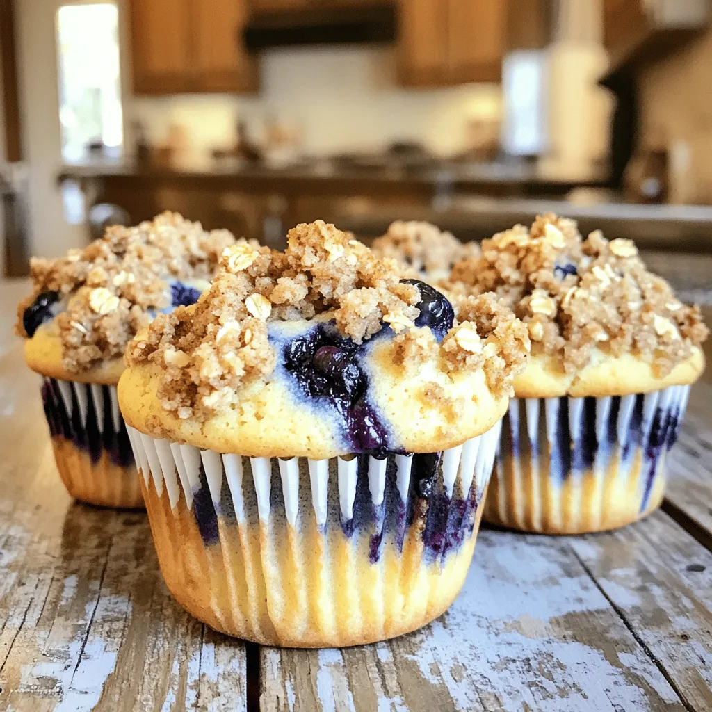To make blueberry streusel muffins, you will need: - 1 cup fresh blueberries (or frozen) - 2 cups all-purpose flour - 1 tablespoon baking powder - ½ teaspoon salt - ½ teaspoon baking soda - ¾ cup granulated sugar - 1 large egg - 1 cup buttermilk (or milk + 1 tablespoon vinegar or lemon juice) - ½ cup unsalted butter, melted - 1 teaspoon vanilla extract For the streusel topping, gather: - ½ cup rolled oats - ⅓ cup brown sugar - ¼ cup all-purpose flour - ¼ cup unsalted butter, softened - 1 teaspoon cinnamon If you need to make swaps, here are a few ideas: - Use whole wheat flour instead of all-purpose flour for a nuttier flavor. - Swap coconut oil for unsalted butter for a dairy-free option. - Use maple syrup instead of granulated sugar for added depth. - For a vegan version, use flax eggs instead of a large egg and plant-based milk instead of buttermilk. You can use either fresh or frozen blueberries in your muffins. Fresh blueberries give a nice burst of flavor and a vibrant look. However, frozen blueberries are great too. They often hold up well during baking. Just make sure not to thaw them before mixing. This helps keep the batter from turning blue. Both options yield delicious results! To start, preheat your oven to 375°F (190°C). This step is key for even baking. Line a muffin tin with paper liners or lightly grease it. In a medium bowl, whisk together 2 cups of all-purpose flour, 1 tablespoon of baking powder, ½ teaspoon of salt, and ½ teaspoon of baking soda. Set this bowl aside for later use. In a large mixing bowl, combine ½ cup of melted unsalted butter and ¾ cup of granulated sugar. Add 1 large egg and beat until smooth. Next, pour in 1 cup of buttermilk and 1 teaspoon of vanilla extract. Mix until just combined. Now, gently fold in the dry ingredients from the other bowl. Be careful not to overmix; lumps are okay. Finally, fold in 1 cup of fresh or frozen blueberries, ensuring they’re spread out in the batter. In a separate bowl, prepare your streusel topping. Combine ½ cup of rolled oats, ⅓ cup of brown sugar, and ¼ cup of all-purpose flour. Add ¼ cup of softened unsalted butter and 1 teaspoon of cinnamon. Use a fork to mix until crumbly and evenly combined. This topping adds a sweet crunch to the muffins. Next, divide your muffin batter evenly among the muffin tin, filling each cavity about two-thirds full. Then, sprinkle a generous amount of streusel topping over each muffin. Bake in your preheated oven for 18 to 20 minutes. Check if they’re done by inserting a toothpick into the center; it should come out clean. Once baked, let the muffins cool in the pan for about 5 minutes. After that, transfer them to a wire rack to cool completely. Enjoy the delicious aroma as they cool. To get the best texture in your muffins, follow these simple steps. First, mix your dry ingredients well. This helps the baking powder and soda spread evenly. Next, when you mix the wet and dry ingredients, do it gently. Overmixing makes muffins tough. You want a light and fluffy muffin. Also, try to keep some lumps in the batter; this ensures a soft crumb. Common mistakes can ruin your muffins. One big mistake is not measuring flour properly. Use a spoon to scoop flour into your measuring cup, then level it off. Another mistake is skipping the streusel topping. This adds great flavor and texture. Lastly, don’t open the oven door too soon. This can make your muffins sink. Wait until they are almost done before checking. Oven temperature is key for baking. Preheat your oven to 375°F (190°C) to start. If it’s too hot, the muffins may burn on the outside but stay raw inside. If it’s too cool, they won’t rise well. An oven thermometer can help you check the right temperature. Trust me, this small tool can make a big difference in your baking. {{image_2}} You can make gluten-free blueberry streusel muffins with ease. Simply swap the all-purpose flour for a gluten-free blend. Look for a blend that contains xanthan gum, as it helps with texture. Follow the same recipe steps, and you'll enjoy fluffy muffins without gluten. To make vegan blueberry muffins, replace the egg with a flaxseed egg. Mix one tablespoon of ground flaxseed with three tablespoons of water. Let it sit for five minutes to thicken. Use plant-based milk instead of buttermilk. Almond or oat milk works great. You’ll still get a moist and tasty muffin! You can customize your muffins with fun add-ins. Consider adding a handful of chopped nuts for crunch, like walnuts or pecans. A sprinkle of lemon zest adds brightness. Try swapping blueberries for other fruits like raspberries or chopped strawberries. Each variation brings its own delightful twist to the classic recipe. To keep your muffins fresh, place them in an airtight container. This helps prevent them from drying out. Store the container at room temperature for up to three days. If you want to keep them longer, consider freezing. Freezing muffins is easy and keeps them tasty. First, let the muffins cool completely. Then, wrap each muffin in plastic wrap. Next, place them in a freezer-safe bag or container. They can stay in the freezer for up to three months. When you're ready to enjoy, just take one out and thaw it. To reheat your muffins, use your oven or microwave. For the oven, preheat it to 350°F (175°C). Place the muffins on a baking sheet and heat for about 10 minutes. If using a microwave, wrap a muffin in a damp paper towel and heat for 15-20 seconds. This keeps them moist and delicious! Yes, you can use frozen blueberries. They work well in this recipe. Just fold them in gently. Frozen blueberries may bleed some color, but they still taste great. You can check the muffins with a toothpick. Insert it in the center of a muffin. If it comes out clean, the muffins are done. They should be golden brown on top. If you don't have buttermilk, mix regular milk with a tablespoon of vinegar or lemon juice. Let it sit for five minutes. This will give you a similar tangy taste for your muffins. This blog post guides you through making delicious blueberry streusel muffins. You learned about the key ingredients, easy substitutions, and the choice between fresh and frozen blueberries. I shared step-by-step instructions for batter, topping, and baking. You also found helpful tips to get the best texture and avoid common mistakes. Lastly, we covered variations, storage, and FAQs. Embrace your baking skills and enjoy these muffins anytime!