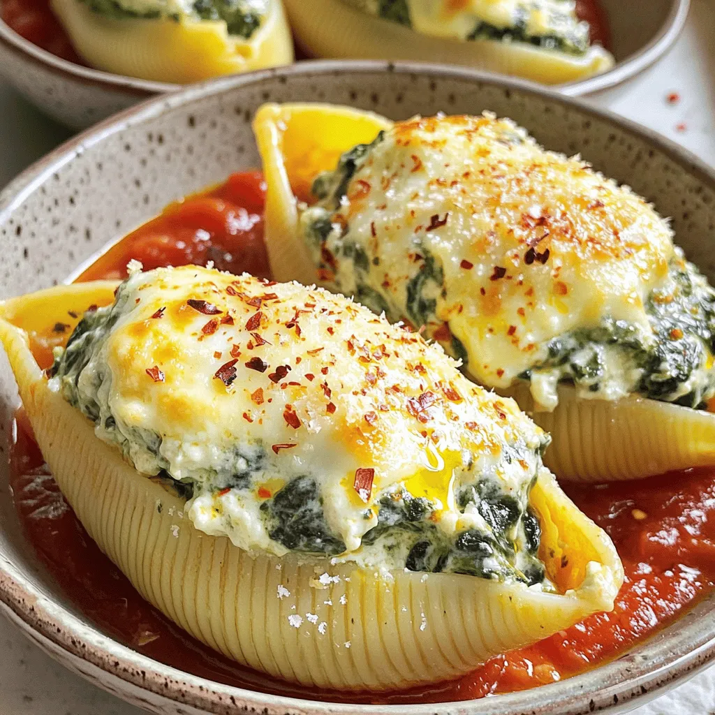 - 20 jumbo pasta shells - 2 cups ricotta cheese - 1 cup fresh spinach, chopped - 1 cup mozzarella cheese, shredded - 1/2 cup parmesan cheese, grated - 1 teaspoon garlic powder - 1 teaspoon onion powder - 1/2 teaspoon salt - 1/4 teaspoon black pepper - 2 cups marinara sauce - 1 tablespoon olive oil - 1/4 teaspoon red pepper flakes (optional for a kick) Jumbo pasta shells are perfect for holding the creamy filling. They make each bite soft and satisfying. Ricotta cheese gives a rich, creamy texture. It blends well with the chopped spinach. Fresh spinach adds bright green color and nutrients. Mozzarella cheese melts beautifully and gives a gooey feel. Parmesan cheese brings a salty, nutty flavor to the dish. Garlic powder and onion powder add depth to the filling. Salt and black pepper enhance all the flavors in the dish. Marinara sauce ties everything together with its rich taste. Olive oil adds a touch of richness and helps the cheese brown. Red pepper flakes give a little heat, but you can skip them if you like it mild. If you want a lighter option, use cottage cheese instead of ricotta. For a dairy-free version, try cashew cheese or tofu. Spinach can be swapped with kale or Swiss chard for a different green. You can use any cheese you prefer, like gouda or cheddar. If you want a gluten-free dish, look for gluten-free pasta shells. You can also use homemade sauce instead of store-bought marinara for a fresh twist. 1. Preheat the oven to 375°F (190°C). This helps cook the dish evenly. 2. Cook the jumbo pasta shells as directed on the package. Make sure they are al dente. Drain them and set aside. This keeps them firm for stuffing. 3. Mix the filling. In a large bowl, combine ricotta cheese, chopped spinach, half of the mozzarella cheese, and parmesan cheese. Add garlic powder, onion powder, salt, black pepper, and red pepper flakes if you want some heat. Mix until it’s smooth and creamy. - Filling the shells: Use a spoon or piping bag to fill each cooked shell with the creamy mixture. Make sure to pack it gently but firmly. - Layer the baking dish: Pour a thin layer of marinara sauce on the bottom of a large baking dish. This keeps the shells from sticking and adds flavor. 1. Arrange the shells in the dish, placing them seam side up. This helps them hold together while baking. 2. Top with sauce: Pour the rest of the marinara sauce over the shells. Then sprinkle the remaining mozzarella cheese on top. 3. Drizzle olive oil over everything. Cover the dish with aluminum foil. This keeps moisture in during baking. 4. Bake for 25 minutes. After that, remove the foil and bake for another 10 minutes. Look for bubbly, golden cheese as a sign it’s ready. 5. Cool slightly before serving. This lets the flavors settle and makes it easier to serve. Enjoy the cheesy goodness! One common mistake is overcooking the pasta shells. Cook them until they are just al dente. This keeps them firm for filling. Another mistake is skipping the mixing of the filling. Make sure each ingredient combines well for even flavor. Lastly, don't forget to cover the dish with foil while baking. This helps the shells cook evenly and stay moist. Filling the shells can be tricky. Use a spoon or a piping bag for ease. If using a spoon, hold the shell upright. Fill from the wide end and push down gently. Do not overstuff the shells; too much filling can make a mess. Aim for a nice, even distribution of the creamy spinach mixture. To boost the flavor of your filling, try adding fresh herbs like basil or parsley. A squeeze of lemon juice brightens the taste. For a kick, mix in extra red pepper flakes. Pair the dish with a variety of cheeses. You can use goat cheese for a tangy twist or add feta for a Mediterranean vibe. {{image_2}} You can keep Creamy Spinach Stuffed Shells vegetarian without losing flavor. Try adding other veggies like mushrooms or bell peppers. These will give more texture and taste. You can also mix in artichoke hearts for a unique twist. This keeps the dish fresh and exciting. If you want more protein, add cooked chicken or turkey to the filling. Simply shred or chop the meat and mix it with the cheese and spinach. For a meaty touch, try ground beef or sausage. This adds heartiness and makes the meal even more filling. For gluten-free shells, look for gluten-free pasta options. Many brands offer jumbo shells made from rice or corn. These cook well and taste great. You can also use zucchini noodles for a lighter dish. Just slice zucchini thin and layer it like pasta. This keeps the flavors rich and the meal healthy. After enjoying your Creamy Spinach Stuffed Shells, store leftovers properly. Place the shells in an airtight container. Make sure they cool to room temperature first. You can keep them in the fridge for up to three days. If you notice any moisture, use a paper towel to absorb it. This helps keep the shells fresh. Freezing your stuffed shells is easy. First, let them cool completely. Then, arrange the shells in a single layer on a baking sheet. Freeze them for about one hour. This prevents them from sticking together. After that, transfer the shells to a freezer-safe bag or container. They can last up to three months in the freezer. When you're ready to eat, just thaw overnight in the fridge. To reheat your Creamy Spinach Stuffed Shells, preheat the oven to 350°F (175°C). Place the shells in a baking dish. If they seem dry, add a splash of marinara sauce on top. Cover the dish with foil to keep moisture in. Heat for about 20 minutes or until hot. You can also reheat them in the microwave. Use a microwave-safe dish and cover it. Heat in short bursts, stirring in between, until warm. Enjoy your delicious meal! To make the filling creamier, add more ricotta cheese. You can also mix in a bit of cream cheese. This will give the filling a rich taste. Another tip is to use heavy cream instead of some ricotta. Blend the cheeses until smooth for a silky texture. Yes, you can make this dish ahead of time. Prepare the stuffed shells, then cover them with plastic wrap. Store them in the fridge for up to 24 hours. When ready to bake, just pour the sauce on top and bake as directed. This saves time on busy days. Creamy Spinach Stuffed Shells pair well with a fresh salad. A simple green salad adds a nice crunch. Garlic bread is another great option. It soaks up the extra sauce. You could also serve it with steamed vegetables. They add color and nutrients to your meal. This blog post covered key points for making creamy spinach stuffed shells. We explored the ingredients you'll need, how to prepare and cook the dish, and tips to avoid mistakes. I shared variations to fit different diets and guided you on storing leftovers. Remember, cooking is fun, and using the right ingredients makes a big difference. You can create different flavors and adapt the recipe to your taste. Enjoy making this dish and impress your friends!