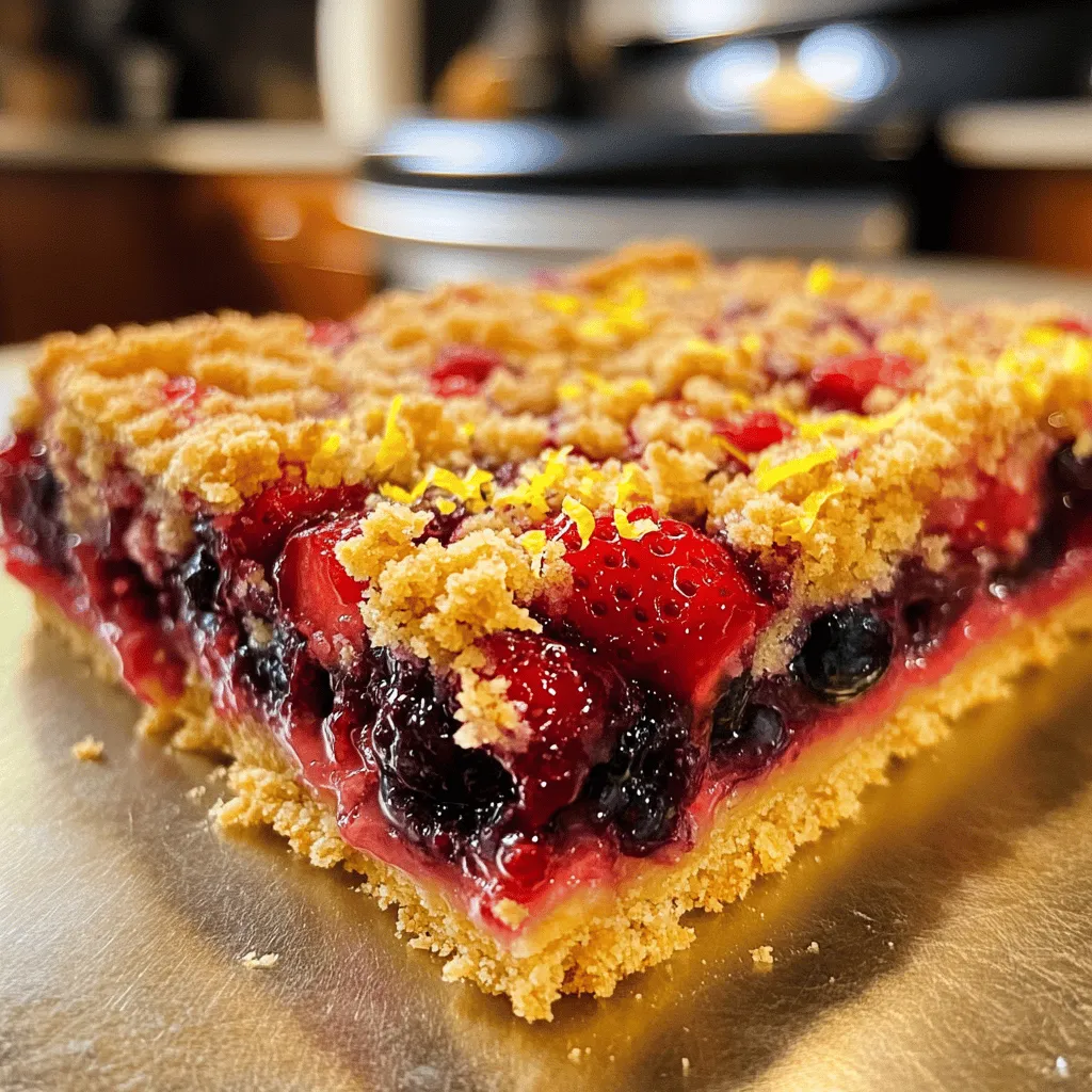 - 1 cup all-purpose flour - 1 cup rolled oats - 1/2 cup brown sugar - 1/2 cup unsalted butter, melted - 1/2 teaspoon baking soda - 1/4 teaspoon salt - 1 cup mixed berries (strawberries, blueberries, raspberries) - 2 tablespoons honey or maple syrup - 1 tablespoon lemon juice - Zest of 1 lemon - 1/2 teaspoon vanilla extract For this recipe, you will need a few simple items. All-purpose flour creates a nice base. Rolled oats add texture and a hearty feel. Brown sugar gives the bars a rich sweetness. Unsalted butter binds everything together. Baking soda helps the bars rise. Salt enhances all the flavors. The mixed berries will be the star of the show. You can use any mix you like. I enjoy strawberries, blueberries, and raspberries. Honey or maple syrup adds natural sweetness. Lemon juice brightens the berry flavor. Lemon zest brings a fresh taste. Lastly, vanilla extract adds warmth and depth. This combination of ingredients makes the bars sweet, tangy, and oh-so-delicious! 1. Preheat your oven to 350°F (175°C). 2. Grease a 9x9-inch baking pan or line it with parchment paper. 3. In a large bowl, mix together: - 1 cup all-purpose flour - 1 cup rolled oats - 1/2 cup brown sugar - 1/2 teaspoon baking soda - 1/4 teaspoon salt 1. Pour in the melted butter (1/2 cup) into the bowl with the dry mix. 2. Stir until it looks crumbly but can hold together when pressed. 3. Set aside 1 cup of this crumble for the topping. 4. Firmly press the rest of the mixture into the bottom of your baking pan to create a crust. 1. In another bowl, mix together: - 1 cup mixed berries (strawberries, blueberries, raspberries) - 2 tablespoons honey or maple syrup - 1 tablespoon lemon juice - Zest of 1 lemon - 1/2 teaspoon vanilla extract 2. Stir until all the berries are well coated. 3. Spread this berry mixture evenly over the crust in the pan. 1. Sprinkle the reserved crumble over the top of the berries. Make sure it covers them evenly. 2. Bake in the preheated oven for 25-30 minutes. 3. Look for a golden brown top and bubbling berries to know it's done. 4. Let the bars cool completely in the pan before cutting them into squares. To get the right consistency for your crumble, start with cold butter. Cold butter helps form a nice crumb. Mix the flour, oats, brown sugar, baking soda, and salt in a large bowl. Then, pour in the melted butter and stir. Stop when it looks crumbly but holds together when pressed. This step is key to making sure your bars are not too dry or too wet. When you serve your Triple Berry Crumble Bars, presentation matters. Cut them into squares and place them on a nice plate. Add a dollop of whipped cream or a scoop of vanilla ice cream on the side. Sprinkling some fresh berries on top adds color and flair. You can also drizzle a little honey or maple syrup for sweetness. This makes your dessert look even more appealing. Avoiding soggy crust is simple. Make sure to press the crust firmly into the pan. If the crust is too loose, it can fall apart. Also, watch the bake time. Baking too long can lead to a burnt top. Keep an eye on the color; it should be golden brown. If you follow these tips, your crumble bars will come out perfect every time. {{image_2}} You can switch up the berries for this recipe based on what you have. Try using peaches, apples, or cherries. These fruits work well in the crumble bars. If you have fresh or frozen fruits, they can be mixed in with the others. Seasonal fruits make these bars fun and fresh. Just adjust the sweetener to match the sweetness of the fruit. If you want gluten-free bars, use a gluten-free flour blend instead of all-purpose flour. Oats can be tricky, so choose certified gluten-free rolled oats. This keeps the bars safe for those with gluten sensitivity. Make sure to check all labels to ensure they are gluten-free. The taste will still be great, and you won't miss the regular flour. To make these bars vegan, swap the butter with coconut oil or vegan butter. Instead of honey, use maple syrup or agave. These changes will keep the bars delicious and plant-based. You still get the sweet and tart flavors from the berries. Enjoying a vegan treat has never been easier! To keep your triple berry crumble bars fresh, store them in an airtight container. This helps keep moisture out. Place parchment paper between layers if you stack them. This prevents sticking and keeps the bars intact. If you want to freeze your bars, first let them cool completely. Cut them into squares and wrap each piece tightly in plastic wrap. Then, place them in a freezer-safe bag or container. To thaw, simply move a bar to the fridge overnight or let it sit at room temp for a few hours. In the fridge, your bars can last about one week. If you freeze them, they stay tasty for up to three months. Just make sure to check for freezer burn before eating. Yes, you can use frozen berries. Frozen berries work well in this recipe. They may release more juice than fresh ones. This can make the filling a bit runnier. To fix this, you can add a bit more oats to the berry mix. This will help thicken the filling and keep the bars from being too soggy. Yes, you can make these bars ahead of time. I suggest making them a day before you plan to serve them. After baking, let the bars cool completely. Then, cover them tightly and store them in the fridge. This will allow the flavors to blend nicely. You can also cut them into squares for easy serving. If your bars are too crumbly, there are a few fixes. First, check if you pressed the crust firmly enough. If not, press it down more. You can also add a little more melted butter to the mixture. This will help bind the ingredients better. Finally, if they still crumble, enjoy them as a parfait with yogurt! You now have a clear roadmap to create delicious berry crumble bars. We covered every step, from selecting the best ingredients to perfecting the crust and filling. Remember to avoid common mistakes like a soggy crust. Feel free to experiment with fruit combinations and dietary swaps. These bars make a great snack or dessert. They are easy to store and freeze, so you can enjoy them later. Trust me, once you make these bars, they will become a favorite treat!