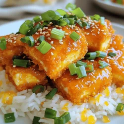 - 1 block firm tofu, pressed and cubed - 1 cup cornstarch - 2 tablespoons vegetable oil (plus more for frying) - 1 tablespoon fresh ginger, grated - 3 cloves garlic, minced - ½ cup orange juice (freshly squeezed if possible) - 2 tablespoons soy sauce - 2 tablespoons rice vinegar - 1 tablespoon honey or agave syrup - 1 tablespoon sesame oil - 1 teaspoon red pepper flakes (adjust to taste) Gathering the right ingredients is key to this dish. Firm tofu holds its shape well and gives a nice bite. Cornstarch creates that crispy coating we love. Vegetable oil is perfect for frying. Fresh ginger adds a warm kick, while garlic gives depth to the flavor. Using freshly squeezed orange juice makes the dish bright and zesty. For the sauce, soy sauce adds umami. Rice vinegar gives it tang, and honey or agave syrup balances the flavors with sweetness. Sesame oil adds richness, and red pepper flakes give it a little heat. Make sure you have everything ready before you start cooking. This will help things move smoothly and keep the flavors bright. Enjoy the process, and get ready for a meal that’s better than takeout! Pressing the tofu Start by pressing the tofu. Wrap it in a clean kitchen towel. Place a heavy object on top. This helps remove excess moisture. Let it sit for about 15-20 minutes. Once pressed, the tofu will be firmer and less watery. Cutting into cubes After pressing, cut the tofu into 1-inch cubes. This size helps them cook evenly. It also makes them easy to toss in the sauce later. Coating with cornstarch Next, get a shallow dish and add the cornstarch. Season it lightly with salt and pepper. Coat each tofu cube in the cornstarch. Shake off the excess. This will give the tofu a nice crispy texture when fried. Frying until crispy Now, heat a generous amount of vegetable oil in a large frying pan over medium-high heat. Once the oil is hot, carefully add the tofu cubes in a single layer. Fry them until they are golden brown and crispy on all sides. This should take about 3-4 minutes per side. When done, remove them and let them drain on a paper towel-lined plate. Sautéing ginger and garlic In the same pan, remove excess oil but leave about 1 tablespoon. Add the grated ginger and minced garlic. Sauté for about 30 seconds. You want to do this until they smell fragrant. Combining sauce ingredients Next, reduce the heat to medium. Add the orange juice, soy sauce, rice vinegar, honey (or agave syrup), sesame oil, and red pepper flakes. Let the sauce simmer for 2-3 minutes. This will help it thicken slightly. Tossing tofu in the sauce Now, add the crispy tofu back into the pan. Gently toss it in the sauce. Make sure each piece is coated evenly without breaking them. Final heating step Cook everything together for another minute. This step warms up the tofu and helps it absorb the flavors. Once done, remove it from the heat and transfer to a serving dish. To get that perfect crunch, pressing the tofu is key. This step removes extra water, which can make your tofu soggy. Wrap your tofu in a clean kitchen towel and place a heavy object on top. Let it sit for 15-20 minutes. After pressing, cut the tofu into 1-inch cubes. Frying the tofu right also matters. Use a large frying pan or wok. Heat a good amount of vegetable oil over medium-high heat. Once hot, add the tofu cubes in a single layer. Fry until golden brown and crispy on all sides, about 3-4 minutes per side. This method ensures a crunchy outside and soft inside. You can adjust the sweetness and spice in the sauce to fit your taste. If you like it sweeter, add more honey or agave syrup. For extra heat, increase the red pepper flakes. You can also try using maple syrup instead of honey for a vegan option. If you have dietary needs, swap out some ingredients. Use low-sodium soy sauce for less salt. For a gluten-free version, choose tamari instead of soy sauce. These small changes can make the recipe fit your diet while keeping the flavor strong. This crispy orange tofu pairs well with many side dishes. Serve it over steamed jasmine rice for a classic touch. You can also add stir-fried veggies for a colorful plate. For garnishing, sliced green onions and sesame seeds add a nice finish. Fresh herbs like cilantro or basil can brighten the dish. These simple tips make your meal look and taste amazing! {{image_2}} If you want to make this dish vegan, just swap honey for agave syrup. Both sweeteners work well in the sauce. You can also add more veggies. Try bell peppers, broccoli, or snap peas to boost flavor and texture. These add color and extra crunch. Tofu is great, but you can try other proteins, too. Use tempeh for a nutty taste. If you like meat, chicken or shrimp work well. For chicken, cut it into small pieces. Cook it the same way as tofu. For shrimp, just sauté them until they turn pink. Both options soak up the sauce nicely. Add more flavor by infusing your dish with citrus zest. Grate some orange or lime peel and mix it into the sauce. This gives a fresh punch. You can also play with herbs and spices. Add cilantro, basil, or even a pinch of cumin. These choices change the dish and keep it fun! To keep your crispy orange tofu fresh, follow these steps: - Place leftovers in an airtight container. - Refrigerate within two hours of cooking. - Enjoy within three days for the best taste. When you're ready to eat, reheating is simple: - Use a frying pan over medium heat. - Add a splash of oil to bring back the crisp. - Heat until warmed through, about 5-7 minutes. If you want to save some for later, you can freeze crispy orange tofu: - Allow it to cool completely. - Place it in a freezer-safe bag or container. - Remove as much air as possible before sealing. For the best results, here’s how to thaw and reheat: - Thaw the tofu in the fridge overnight. - Reheat it in a frying pan to restore the texture. - Add a bit of oil to help it crisp up again. Freezing can change the texture, but it still tastes great! To make tofu less watery, you should press it well. Here’s how: - Wrap the tofu in a clean kitchen towel. - Place a heavy object on top. A cast iron pan works great. - Let it sit for about 15-20 minutes. This will squeeze out the water. Pressing tofu helps it absorb more flavors and get crispy when cooked. Yes, you can use different oils for frying tofu. Here are some good options: - Canola oil: It has a neutral flavor and high smoke point. - Peanut oil: Great for a nutty flavor and crispy texture. - Sunflower oil: Another neutral oil that works well. These oils can give your tofu a nice crunch and taste. To add heat to this dish, try these options: - Red pepper flakes: Add more to the sauce for extra spice. - Chili paste or sauce: Mix a teaspoon into the sauce for a kick. - Sriracha: Drizzle on top before serving for a spicy touch. These choices can make your crispy orange tofu pack more heat. Yes, you can make this dish gluten-free. Here are some alternatives: - Soy sauce: Use tamari instead, which is gluten-free. - Rice vinegar: This is naturally gluten-free. - Honey: This is gluten-free, but check the label for added ingredients. These swaps keep the flavor while making it safe for a gluten-free diet. This article covered how to make crispy orange tofu. We explored essential ingredients like firm tofu and fresh ginger. You learned step-by-step instructions on pressing, frying, and saucing the tofu. Tips on getting maximum crispiness and sauce variations helped you customize the dish. Remember, cooking is fun. Feel free to play with flavors and ingredients. Try new side dishes or garnishes to make your dish special. Enjoy your cooking adventure!
