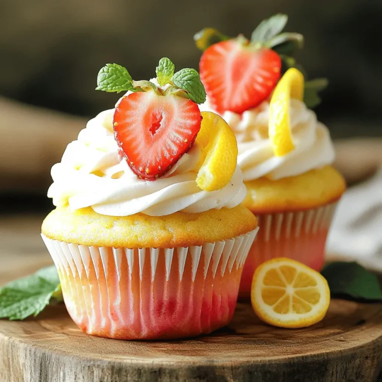 To make delightful strawberry lemonade cupcakes, gather these key ingredients: - 1 ½ cups all-purpose flour - 1 teaspoon baking powder - ½ teaspoon baking soda - ½ teaspoon salt - ½ cup unsalted butter, softened - 1 cup granulated sugar - 2 large eggs - 1 teaspoon vanilla extract - ½ cup buttermilk - Zest of 1 lemon - ¼ cup fresh lemon juice - 1 cup strawberries, pureed These ingredients create a light and fluffy cupcake with a burst of fruity flavor. The lemon zest and juice bring great brightness, while the strawberry puree adds sweetness. For a tasty frosting, consider these optional ingredients: - 1 cup unsalted butter, softened - 4 cups powdered sugar - 1 tablespoon fresh lemon juice - 1 tablespoon heavy cream - 2 tablespoons strawberry puree for color This frosting is creamy and sweet, perfectly matching the cupcakes. You can adjust the strawberry puree to get your desired color and flavor. To make your cupcakes pretty, try these garnishes: - Slices of fresh strawberries - Small twists of lemon peel - A few mint leaves for a pop of green These garnishes not only look nice but also add extra freshness. They make your strawberry lemonade cupcakes stand out on the table. To start, gather all your ingredients for the strawberry lemonade cupcakes. You need flour, baking powder, baking soda, salt, butter, sugar, eggs, vanilla, buttermilk, lemon zest, lemon juice, and strawberries. Preheat your oven to 350°F (175°C) and line your muffin tin with cupcake liners. This step keeps the cupcakes from sticking. In a medium bowl, whisk together the flour, baking powder, baking soda, and salt. Set this mix aside. In a large bowl, cream the softened butter and sugar until fluffy, about 3-4 minutes. This is important for the texture. Add the eggs one at a time, mixing well. Beat in the vanilla and lemon zest next. Gradually mix in the dry ingredients, alternating with the buttermilk and lemon juice. This helps keep the batter smooth. Finally, fold in the strawberry puree. Make sure it is mixed evenly throughout the batter. Now, fill each cupcake liner about two-thirds full with the batter. Bake for 18-20 minutes. Check for doneness using a toothpick; it should come out clean. Once baked, let the cupcakes cool in the pan for 5 minutes. After that, transfer them to a wire rack to cool completely. This cooling step is key to preventing soggy cupcakes. Enjoy the sweet smell as they cool! To make the best strawberry lemonade cupcakes, follow these easy tips. First, always use fresh ingredients. Fresh strawberries and lemons give the best taste. Second, measure your flour correctly. Too much flour makes cupcakes dry. Use a spoon to fill the measuring cup, then level it off. Third, mix the batter gently. Over-mixing can lead to tough cupcakes. Stop mixing as soon as the dry and wet ingredients blend well. Lastly, keep an eye on baking time. Each oven can vary, so check your cupcakes a few minutes early. Once your cupcakes are cool, it's time to decorate! A simple frosting made from butter, powdered sugar, and a splash of lemon juice works great. Add strawberry puree for color and flavor. Use a piping bag for a fancy swirl or a spatula for a smooth finish. To make them extra special, top each cupcake with a fresh strawberry slice. A twist of lemon peel adds a nice touch too. For a bit of green, add a mint leaf on top. This makes them look bright and fresh! Avoid these common pitfalls for perfect cupcakes. First, don’t skip the buttermilk. It adds moisture and flavor. Second, make sure your butter is softened, not melted. Softened butter helps create a light, fluffy batter. Third, don’t open the oven door too soon. This can cause your cupcakes to sink. Wait until they are baking for at least 15 minutes. Finally, don’t frost warm cupcakes. Let them cool completely so the frosting doesn’t melt away. {{image_2}} You can twist the flavors in these cupcakes. Try adding a splash of orange juice for a citrus kick. Use lime instead of lemon for a zesty twist. You can also mix in a few blueberries or raspberries. These berries add color and taste. For a unique flavor, consider adding a teaspoon of almond extract. It pairs well with the fruity notes. If you need gluten-free cupcakes, swap the all-purpose flour. Use a gluten-free blend that works for baking. Ensure it contains xanthan gum for the right texture. Also, check the baking powder to ensure it is gluten-free. This way, everyone can enjoy these tasty treats. To make vegan strawberry lemonade cupcakes, replace the eggs with flax eggs. Mix one tablespoon of ground flaxseed with three tablespoons of water. Let it sit until it thickens. For the butter, use a vegan butter substitute. You can also use non-dairy milk instead of buttermilk. These swaps keep the flavors fresh and fun. To keep your strawberry lemonade cupcakes fresh, store them in an airtight container. This method keeps moisture in and prevents them from drying out. You can place a piece of bread in the container to help retain moisture. For best results, keep them at room temperature for up to three days. If you need to store them longer, consider freezing. You can freeze your cupcakes to enjoy later. First, let them cool completely. Then, wrap each cupcake in plastic wrap tightly. Place the wrapped cupcakes in a freezer-safe bag or container. They can stay frozen for up to three months. When you're ready to eat them, thaw at room temperature for a few hours. If your cupcakes are frosted, freeze them in a single layer on a baking sheet first. Once frozen, wrap each in plastic wrap and store in a container. This method helps the frosting keep its shape. If they are un-frosted, you may store them directly in a container. Always frost them after thawing to keep the frosting fresh and smooth. Yes, you can use frozen strawberries. Just thaw them first. This step helps to remove excess water. Blend them until smooth for the best puree. Frozen strawberries work well when fresh ones are not available. They still provide that sweet, fruity taste. To make cupcakes moist, use buttermilk, as the recipe suggests. Adding an extra egg yolk can also help. Be careful not to overmix the batter; this can make them dry. Baking them for the right time is key too. If you want, add a bit of yogurt for extra moisture. The best way to frost cupcakes is with a piping bag. This tool allows for nice, even swirls. If you don’t have one, a spatula works fine too. Start from the outside and move inwards. This method makes your cupcakes look neat and inviting. Don’t forget to add fun toppings for flair! In this post, we explored how to make delicious strawberry lemonade cupcakes. We covered key ingredients, from the cake batter to frosting options. You learned tips for perfecting your cupcakes, ways to decorate them, and common mistakes to avoid. We even discussed fun variations and storage options. Now, you can bake these tasty treats with confidence. Enjoy sharing them at your next event. Happy baking!