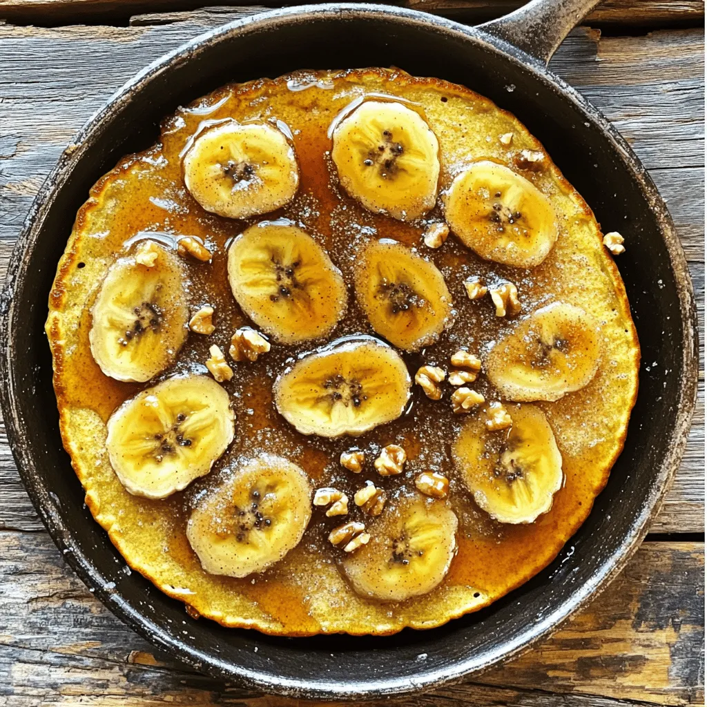 - 1 cup all-purpose flour - 1 tablespoon baking powder - 1 tablespoon sugar - ½ teaspoon salt - 1 cup milk - 1 large egg - 2 tablespoons melted butter (plus extra for skillet) - 2 ripe bananas, sliced - 3 tablespoons brown sugar - 1 teaspoon cinnamon - 1 teaspoon vanilla extract - Maple syrup (for serving) - Chopped walnuts or pecans (for garnish, optional) When cooking, it is important to use the right measurements. Here’s a quick guide: - Cup: 8 fluid ounces - Tablespoon: 0.5 fluid ounces - Teaspoon: 0.1667 fluid ounces Using correct measurements helps ensure your pancakes turn out just right. You can customize this recipe. Here are some swaps: - Use whole wheat flour for a healthier option. - Almond milk or oat milk works great if you need a dairy-free choice. - Replace brown sugar with honey or maple syrup for natural sweetness. - Add a splash of almond extract instead of vanilla for a unique flavor. These swaps keep the dish tasty and fun! Start by gathering all your ingredients. You will need flour, baking powder, sugar, salt, milk, egg, butter, bananas, brown sugar, cinnamon, and vanilla. Remember to have maple syrup ready for serving. 1. In a bowl, whisk the flour, baking powder, sugar, and salt. Mix them well. 2. In another bowl, combine the milk, egg, melted butter, and vanilla. Stir this mixture together. 3. Pour the wet mix into the dry bowl. Gently mix until combined. Don't over-mix; lumps are okay. 4. Heat a large skillet on medium heat. Add a little butter to coat the skillet. 5. Sprinkle brown sugar and cinnamon evenly in the skillet. This mix will create a sweet base. 6. Add banana slices to the skillet. Cook them for 2-3 minutes until they caramelize. Flip the slices and cook for another 1-2 minutes. 7. Pour the pancake batter over the caramelized bananas in the skillet. 8. Cook for 4-5 minutes. Look for bubbles on top. Carefully flip the pancake with a spatula. 9. Cook for 3-4 more minutes until golden brown. Remove the skillet from heat. 10. Let the pancake cool for a few minutes. Slice it into wedges for serving. If you want to try a different method, use an oven. Preheat your oven to 350°F (175°C). After caramelizing the bananas on the stove, pour the batter over them. Place the skillet in the oven for about 15-20 minutes. This method gives a nice texture and even cooking. To get bananas just right, use ripe ones. They have more sugar and flavor. Start with a hot skillet. Add butter, then sprinkle brown sugar and cinnamon. This mix will help the bananas caramelize. Cook them for 2 to 3 minutes. Flip them gently to avoid breakage. Cook for another 1 to 2 minutes until they are golden. This step gives your pancakes a sweet base. Flipping a pancake can be tricky. Use a large spatula. Wait for bubbles to form on top of the pancake. This shows it is ready to flip. Slide the spatula under the pancake and lift it gently. Turn it quickly and place it back in the skillet. If it falls apart, don’t worry. Just press it back together. It will still taste great! To make light pancakes, don’t over-mix the batter. Mix until just combined; some lumps are okay. Let the batter sit for a few minutes. This helps the baking powder work better. Also, use fresh baking powder for the best rise. When cooking, keep the heat at medium. This gives pancakes a soft, fluffy texture. {{image_2}} You can make gluten-free pancakes using alternative flours. Try almond flour or coconut flour. Both work well with the recipe. Use a gluten-free baking powder to ensure your pancakes rise properly. Mix the dry ingredients as usual, and follow the rest of the steps. To boost flavor, add nuts or chocolate. Chopped walnuts or pecans add a nice crunch. Stir in some chocolate chips for a sweet twist. Add these right before pouring the batter into the skillet. This makes every bite even tastier! You can swap bananas for other fruits. Try fresh berries like strawberries or blueberries. Apples or peaches can also work well. Just slice them thin and follow the same caramelizing method. This way, you can enjoy different flavors each season! To store leftover pancakes, place them in an airtight container. Make sure they cool completely before sealing. This helps keep them fresh. You can store them in the fridge for up to three days. If you want them to last longer, consider freezing them. To reheat pancakes, use a microwave or a skillet. For the microwave, place the pancake on a plate. Heat for about 20-30 seconds or until warm. In a skillet, gently warm it over low heat for a few minutes. This keeps the pancake soft and tasty. You can freeze leftover pancakes for future meals. Stack the pancakes with parchment paper between each one. This prevents them from sticking together. Place the stack in a freezer-safe bag or container. They can stay in the freezer for up to two months. When you're ready to eat, just thaw and reheat! Caramelization is when sugar turns brown and sweet. This happens when you heat sugar. The heat changes its structure, giving it a rich flavor. For this recipe, we use brown sugar and bananas. Cooking them together makes a sweet and tasty topping. The key is to cook slowly. This way, the sugar melts and coats the bananas. You want them golden brown but not burnt. Yes, you can make parts of the recipe ahead. You can mix the dry ingredients and store them. You can also prepare the wet mix. Just keep both in separate containers. When you’re ready, combine them and cook. For the bananas, it’s best to caramelize them fresh. This keeps their flavor strong and sweet. You can serve the pancake with maple syrup. It adds extra sweetness and flavor. Chopped nuts, like walnuts or pecans, are great too. They give a nice crunch. Fresh fruit, like berries, also works well. If you want, a dollop of whipped cream adds a fun touch. This blog post gave you all the tools for making great caramelized banana pancakes. You learned the ingredients, how to cook them, and even tips for perfect pancakes. I shared easy swaps and variations to keep things fun. Remember, storing leftovers can help you enjoy these treats later. I hope you feel ready to whip them up in your kitchen. Now, go get cooking and impress your friends!