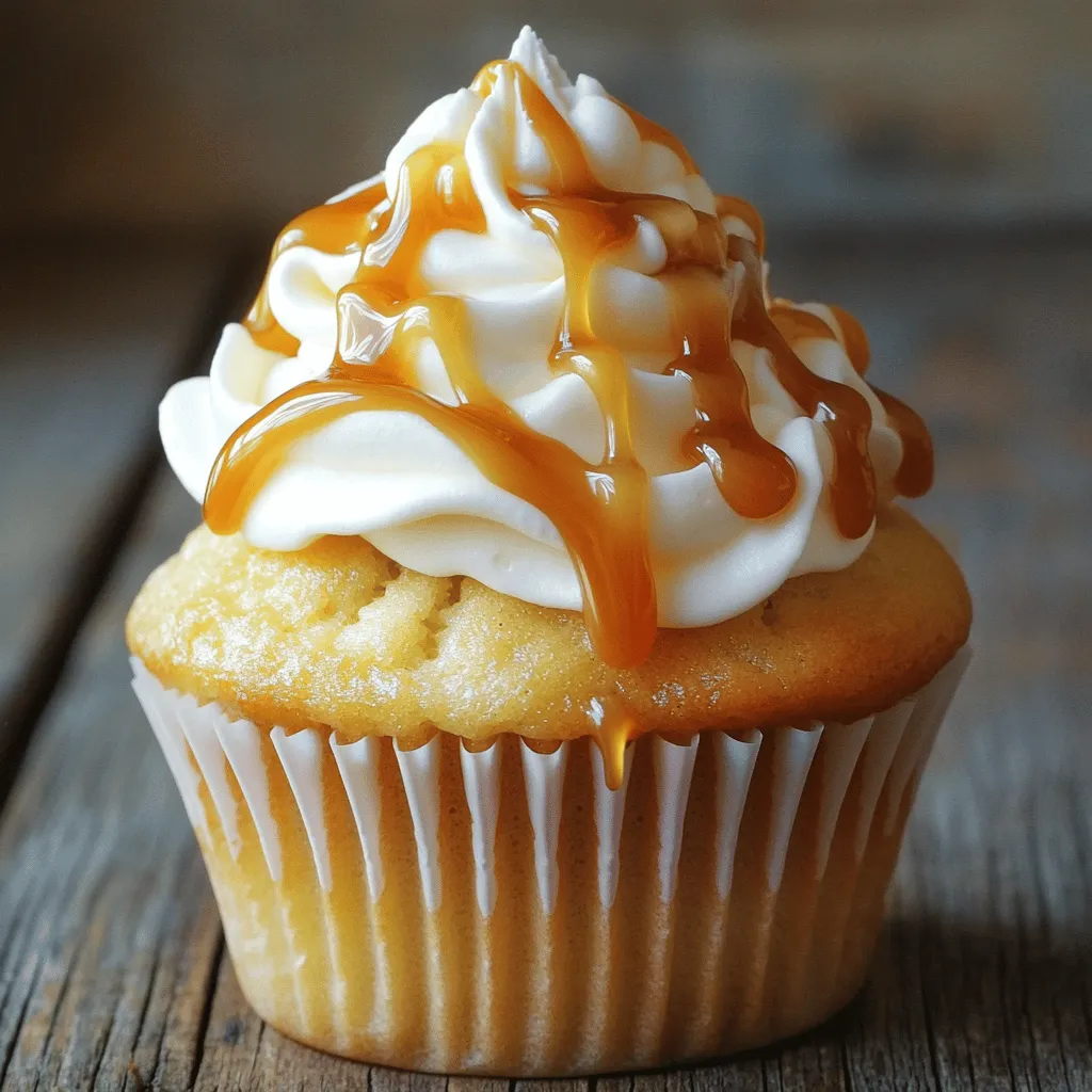 To make Caramel Macchiato Cupcakes, you need a few key ingredients. Each one plays a big role in flavor and texture. Here’s what you will need: - 1 ½ cups all-purpose flour - 1 cup granulated sugar - ½ cup brown sugar, packed - ½ cup unsalted butter, softened - 2 large eggs - 1 cup brewed coffee, cooled - 1 teaspoon vanilla extract - 1 teaspoon baking powder - ½ teaspoon baking soda - ¼ teaspoon salt - 1 cup caramel sauce (store-bought or homemade) - ½ cup heavy cream - ¼ cup espresso powder (optional, for added coffee flavor) These ingredients work together to create a rich, moist cupcake that’s bursting with coffee flavor. The brown sugar and caramel sauce add sweetness, while the brewed coffee gives that signature macchiato taste. The butter keeps the cupcakes soft and fluffy. Using espresso powder is optional, but it can enhance the coffee flavor. I love the depth it brings. Remember, the quality of your coffee matters too. Use a good brew for the best taste. - Preheat the oven to 350°F (175°C). - Line the cupcake pan with liners. - In a large bowl, cream the softened butter, granulated sugar, and brown sugar. Mix until light and fluffy. This takes about 4-5 minutes. - Add the eggs one at a time. Mix well after each egg. Then, pour in the cooled brewed coffee and vanilla extract. Continue mixing until everything blends well. - In a separate bowl, whisk together the flour, baking powder, baking soda, espresso powder (if using), and salt. - Gradually add the dry mixture to the wet mixture. Stir gently until just combined. Avoid over-mixing; this keeps your cupcakes light. - Fill each cupcake liner about 2/3 full with the batter. Bake for 18-22 minutes. Check doneness with a toothpick; it should come out clean. - After baking, let the cupcakes cool in the pan for 5 minutes. Then, transfer them to a wire rack to cool completely. - In a medium bowl, whip the heavy cream until soft peaks form. Gradually add ¼ cup of caramel sauce while whipping. This makes a fluffy topping. - Once the cupcakes are cool, pipe or spread the caramel whipped cream on top. Drizzle more caramel sauce over the whipped cream for extra flavor and visual delight. To get the best texture, avoid over-mixing your batter. Mix until just combined. Too much mixing makes dense cupcakes. After baking, check doneness with a toothpick. Insert it into the center of a cupcake. If it comes out clean, your cupcakes are ready. You can boost the flavor with some simple tips. Consider adding different flavors, like cocoa powder or vanilla bean. For a stronger coffee taste, use espresso powder. This gives the cupcakes a nice coffee punch. Just add a little to the dry mix. To make your cupcakes look great, pipe the whipped cream on top. Use a piping bag and a star tip for a pretty finish. Start in the center and swirl outwards. Drizzle caramel sauce over the whipped cream. This adds sweetness and makes your cupcakes look stunning. {{image_2}} You can change the frosting on your caramel macchiato cupcakes. If you want something different from caramel whipped cream, try cream cheese frosting. It has a tangy taste that pairs well with coffee. You can also use chocolate ganache for a rich flavor. For a fruity twist, make a vanilla buttercream with orange zest. If you need gluten-free options, use a gluten-free flour mix. Many brands blend rice flour, tapioca starch, and potato flour. This mix works well in cupcakes. For vegan cupcakes, swap eggs with flaxseed meal or applesauce. Use plant-based butter and non-dairy milk instead of regular butter and cream. To make mini caramel macchiato cupcakes, adjust the baking time. Fill each mini liner about halfway with batter. Bake for 12-15 minutes. Check for doneness with a toothpick. For serving, arrange them on a platter. They are perfect for parties or coffee gatherings. To keep your cupcakes fresh, store them in an airtight container. Place them in the fridge if you have leftover ones. This helps to keep the moisture in. Make sure the cupcakes cool completely before storing. If they are still warm, they may become soggy. For the frosting, cover it with plastic wrap or a lid. This keeps the whipped cream fluffy and prevents it from hardening. You can also store the frosting separately if you prefer. Just make sure to use it within a few days for the best taste. You can freeze these cupcakes if you want to save some for later. Start by letting them cool completely. Then, wrap each cupcake tightly in plastic wrap. Place them in a freezer-safe bag or container. This helps prevent freezer burn. To thaw frozen cupcakes, take them out and leave them at room temperature. This usually takes about an hour. If you want to frost them afterward, whip the cream again to refresh it. Once thawed, enjoy your cupcakes as if they were fresh! To make these cupcakes, gather your ingredients. You need: - 1 ½ cups all-purpose flour - 1 cup granulated sugar - ½ cup brown sugar, packed - ½ cup unsalted butter, softened - 2 large eggs - 1 cup brewed coffee, cooled - 1 teaspoon vanilla extract - 1 teaspoon baking powder - ½ teaspoon baking soda - ¼ teaspoon salt - 1 cup caramel sauce (store-bought or homemade) - ½ cup heavy cream - ¼ cup espresso powder (optional) Start by preheating your oven to 350°F (175°C). Line the cupcake pan with liners. Cream together the butter, granulated sugar, and brown sugar until fluffy. Add the eggs one at a time, mixing well. Pour in the cooled coffee and vanilla extract. In another bowl, whisk the flour, baking powder, baking soda, espresso powder, and salt. Slowly mix the dry ingredients into the wet mixture. Fill the liners about 2/3 full and bake for 18-22 minutes. Let them cool before frosting. Yes, you can use cake mix. Using a mix can save time. It is quick and easy. However, the flavor may not be as rich. Cake mixes often lack depth compared to homemade batter. You may miss the fresh coffee taste. If you choose this route, add brewed coffee to enhance flavor. You can try adding chocolate chips for a mocha twist. A dash of cinnamon gives a warm spice. Vanilla bean can add a nice touch. For a nutty flavor, consider chopped pecans or walnuts. You could also replace some coffee with hazelnut syrup. This adds a unique twist to your cupcakes. These cupcakes will last about 3-4 days at room temperature. Keep them in an airtight container. If you store them in the fridge, they can stay fresh for up to a week. Signs of spoilage include dry or hard textures. If you see mold, discard the cupcakes immediately. In this article, we explored the delightful journey of making Caramel Macchiato Cupcakes. From selecting the right ingredients to mixing, baking, and frosting, every step brings you closer to a perfect treat. Remember to follow tips for texture and flavor enhancements, and feel free to try variations to match your taste. These cupcakes are easy to store and freeze, allowing you to enjoy them later. With just a bit of care, your cupcakes will impress friends and family. Dive into baking and savor the results!