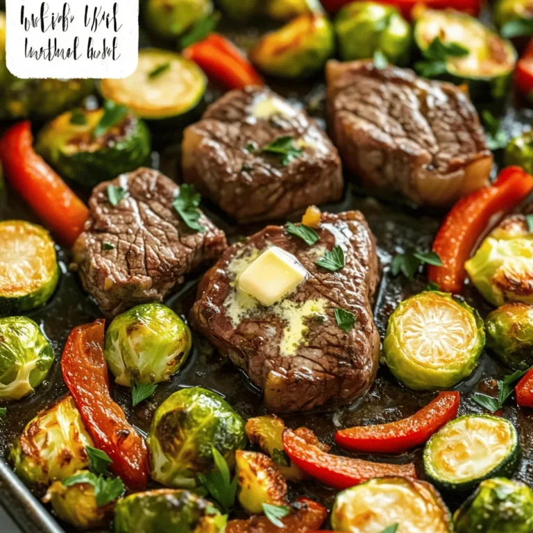 - 1 lb sirloin steak, cut into 1-inch cubes - 2 tablespoons unsalted butter, melted - 4 cloves garlic, minced - 1 teaspoon smoked paprika - 1 teaspoon dried oregano - Salt and pepper to taste The star of this dish is the sirloin steak. It has a rich flavor and tenderness that everyone loves. I cut it into 1-inch cubes so it cooks evenly and quickly. To add depth, I use minced garlic, which infuses the steak and veggies with a punch of flavor. Next, I melt unsalted butter. It adds richness and helps the garlic and spices stick to the meat and veggies. Smoked paprika and dried oregano add a warm taste and aroma that fills the kitchen. Don’t forget salt and pepper! They bring out the best in every bite. - 2 cups Brussels sprouts, trimmed and halved - 1 red bell pepper, sliced into strips - 1 zucchini, sliced into half-moons I love the veggies in this dish. Brussels sprouts give a nutty crunch when roasted. I trim and halve them for easy eating. The red bell pepper adds a sweet flavor and bright color. I slice it into strips for lovely presentation. Zucchini rounds out the mix, adding a soft texture. I slice it into half-moons for even cooking. - Fresh parsley, chopped Fresh parsley is my go-to garnish. It adds a pop of color and a fresh taste. I chop it finely and sprinkle it on top just before serving. This small touch makes the dish feel special. First, preheat your oven to 400°F (200°C). This high heat helps the steak and veggies cook evenly and quickly. Next, make the garlic butter mixture. In a small bowl, combine 2 tablespoons of melted butter, 4 minced garlic cloves, 1 teaspoon of smoked paprika, and 1 teaspoon of dried oregano. Add salt and pepper to taste. Mix well to combine all flavors. Take a large sheet pan and spread out 2 cups of Brussels sprouts, trimmed and halved. Next, add 1 sliced red bell pepper and 1 sliced zucchini. Drizzle with 1 tablespoon of olive oil, and season with salt and pepper. Toss the veggies to coat them evenly. Once the veggies are ready, pour half of your garlic butter mixture over them. Toss again to make sure every piece is coated. Spread the vegetables out into an even layer on the pan. Now, it’s time to add the steak. Take 1 pound of sirloin steak, cut into 1-inch cubes, and place it evenly on the sheet pan. Space the steak out among the veggies for even cooking. Drizzle the remaining garlic butter over the steak. Bake everything in your preheated oven for 20-25 minutes. Check the steak for doneness and make sure the veggies are tender and caramelized. If you want a crispy finish, broil for an extra 2-3 minutes at the end. After baking, remove the pan from the oven. Sprinkle fresh chopped parsley over the dish before serving. Enjoy your delicious meal! To make great garlic butter, start with the right balance. The butter should have a rich taste without being too salty. Use fresh garlic for a stronger flavor. Mix in smoked paprika and oregano to enhance the taste. If you want more spice, add a pinch of red pepper flakes. Always taste your mix before using it. Adjust the seasoning by adding salt and pepper as needed. For the best steak, know your doneness levels. Use a meat thermometer to check. Aim for 130°F for medium-rare and 145°F for medium. The veggies need about 20-25 minutes to cook. Check them after 15 minutes. You want them tender but not mushy. Broiling gives your dish a nice finish. After baking, broil for 2-3 minutes. This adds a crispy layer to the steak and veggies. Keep a close eye while broiling. You don’t want to burn them. To avoid overcooking, set a timer. Check your steak and veggies a few minutes early. This way, you can pull them out at the perfect moment. {{image_2}} You can easily swap out steak for chicken or tofu. Chicken thighs work well and stay juicy. Just cut them into bite-sized pieces. Tofu is a great choice for a vegetarian option. Use firm tofu for better texture. Make sure to press it to remove extra water. This helps it soak up flavors better. Changing your veggies is fun and easy. In spring, use asparagus and carrots. In summer, try bell peppers and corn. Fall brings a great chance to add butternut squash. Winter is perfect for root veggies like parsnips and sweet potatoes. Pick what looks fresh and bright at the store. Seasonal veggies taste great and keep your meals exciting. Adding cheese can take this dish to the next level. Feta or goat cheese adds a nice tang. You can also try fresh herbs like thyme or rosemary. They bring a fresh taste to the meal. If you want a kick, add red pepper flakes or a splash of hot sauce. These small changes can really boost flavor and make your dish unique. Store your leftovers in the fridge. Place them in an airtight container. This keeps the food fresh and tasty. You can keep it for about three to four days. If you want to save it longer, consider freezing. You can reheat leftovers in the oven or microwave. The oven gives a nice crispness. Heat at 350°F (175°C) for about 10-15 minutes. This keeps the texture just right. The microwave is faster. Use medium heat for about 2-3 minutes. Stir halfway through to heat evenly. To freeze, let the dish cool completely. Place it in a freezer-safe container. It will last for up to three months. When ready to eat, thaw in the fridge overnight. Reheat using the oven or microwave. This helps to keep the flavors intact. Yes, you can use other cuts of beef. Some good options include: - Ribeye: This cut is rich and juicy. - Flank steak: A great choice for marinating. - Tenderloin: Very tender and cooks quickly. Each cut gives a different taste and texture. Choose what you like best. You can make smart swaps to lighten up the dish. Consider these ideas: - Use olive oil instead of butter for a lower-fat option. - Choose lean cuts of steak to reduce the fat content. - Add more veggies like carrots or green beans for extra fiber. These changes can help you enjoy the dish while keeping it healthy. Many sides can go well with this dish. Here are some tasty choices: - Quinoa: A healthy grain that adds protein. - Garlic bread: A nice option to soak up the garlic butter. - Mixed greens salad: Fresh greens add a crunchy texture. These sides can create a complete and satisfying meal with your steak and veggies. This blog covered making garlic butter steak with tasty veggies. You learned about key ingredients like sirloin, garlic, and fresh parsley. We walked through step-by-step instructions for prepping, baking, and adding tips to perfect your dish. You discovered variations and storage tips that make this meal flexible. Cooking can be simple and fun. With these guidelines, you can enjoy delicious results every time.