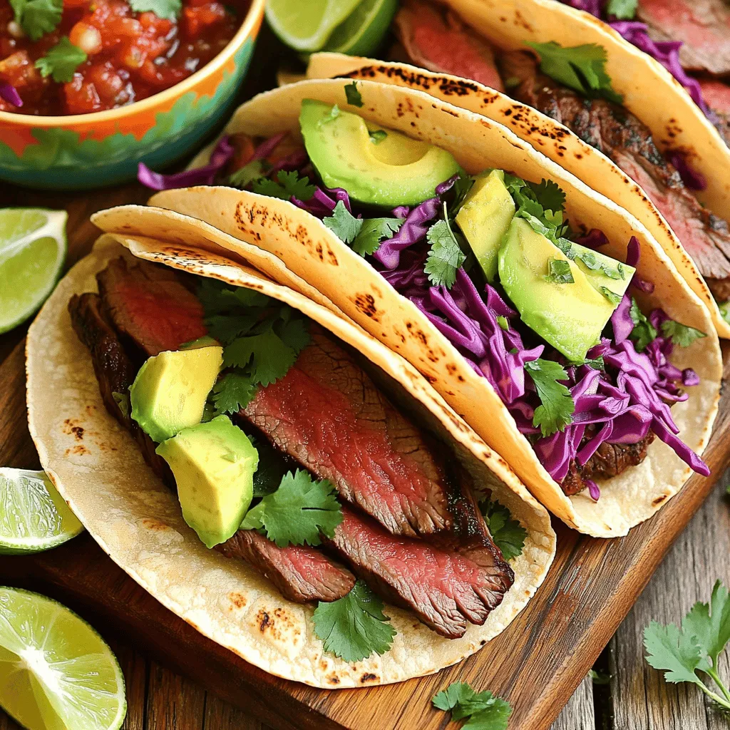 - 1 lb flank steak - 2 tablespoons chipotle chili powder - 1 teaspoon cumin - 1 teaspoon garlic powder - 2 tablespoons olive oil - Juice of 2 limes - Salt and pepper to taste - 8 small corn tortillas - 1 cup red cabbage, shredded - 1 ripe avocado, sliced - Fresh cilantro, for garnish - Lime wedges, for serving When making Chipotle Lime Grilled Steak Tacos, fresh ingredients are key. I always choose flank steak for its rich flavor and tenderness. The marinade is where the magic starts. You’ll mix chipotle chili powder, cumin, garlic powder, olive oil, and lime juice. This blend gives the steak a smoky and tangy taste. Don’t forget to season with salt and pepper. For the tortillas, I prefer corn. They have a nice texture and flavor. When you grill them, they get warm and slightly charred. This adds to the overall taste of the tacos. Next, the toppings! Shredded red cabbage adds crunch. Sliced avocado provides creaminess. Fresh cilantro gives a burst of flavor. Finally, lime wedges are perfect for squeezing on top. They brighten every bite. Gathering these ingredients makes taco night a feast. The blend of flavors will have everyone asking for more. Enjoy every step of the process! First, mix the spices, olive oil, and lime juice in a bowl. You want to combine 2 tablespoons of chipotle chili powder, 1 teaspoon of cumin, and 1 teaspoon of garlic powder. Add 2 tablespoons of olive oil and the juice of 2 limes. Finally, sprinkle in salt and pepper to taste. This marinade brings a big punch of flavor. You can adjust the seasoning to make it more or less spicy. Place your flank steak in a shallow dish or a resealable bag. Pour the marinade over the steak. Make sure the steak is fully coated. Cover the dish or seal the bag and refrigerate. For better results, marinate for at least 30 minutes. If you have time, two hours will give you even more flavor. Preheat your grill to medium-high heat. This is key for a good sear. After the grill is hot, take the steak out of the marinade and throw the marinade away. Grill the steak for 4 to 5 minutes on each side. If you want medium-rare, aim for an internal temperature of 130°F (54°C). Once done, let the steak rest for 5 to 10 minutes. This helps keep it juicy. After resting, slice the steak thinly against the grain for the best texture. While your steak is resting, warm the corn tortillas on the grill. Heat them for about 30 seconds on each side. This makes them soft and pliable. To build your tacos, lay some sliced steak on each tortilla. Add shredded red cabbage and sliced avocado. Finish with fresh cilantro on top. Serve with lime wedges to squeeze over your tacos for that extra zing! For the best flavor, marinate the steak for at least 30 minutes. If you have time, let it sit for 2 hours. This longer time really makes the flavors pop. You can also add fresh herbs, like cilantro or oregano, to boost taste. Just chop them fine and mix them into the marinade. Use a meat thermometer to check the steak's doneness. Aim for 130°F (54°C) for medium-rare. This ensures your steak stays juicy. Avoid common mistakes, like pressing down on the steak with a spatula. This squeezes out juices and makes it dry. Flip the steak only once for even cooking and nice grill marks. When serving, stack the tacos on a wooden board for a rustic look. Add lime wedges on the side for a splash of color. You can also garnish with extra cilantro. For a fun touch, serve a small bowl of salsa alongside. It adds color and lets guests customize their tacos. {{image_2}} You can swap flank steak for chicken or shrimp. For chicken, use boneless thighs or breasts. Marinate them the same way as the steak. They need about 10-15 minutes on the grill. Shrimp cooks faster, so grill them for just 2-3 minutes per side. If you want plant-based tacos, try using grilled portobello mushrooms or tempeh. Marinate them with the same spices. Grill until tender. Both options taste great with fresh toppings. To add extra heat, include cayenne pepper or crushed red pepper flakes in your marinade. Start with a small amount. You can always add more later. Consider fresh herbs like oregano or cilantro for a flavor boost. You might also try adding lime zest for extra citrus flavor. Experiment with flavors until you find your perfect mix. For gluten-free tacos, choose corn tortillas, which are naturally gluten-free. They add a nice texture and flavor. Check the labels to make sure they are certified gluten-free. If you're on a low-carb diet, try lettuce wraps instead of tortillas. Crisp romaine or butter lettuce works well. It’s a fresh and crunchy option that holds all the tasty fillings. To keep your leftover steak fresh, wrap it tightly in plastic wrap or foil. Place it in an airtight container. Store it in the fridge for up to three days. If you want to keep it longer, freeze it. Slice the steak before freezing for quicker thawing. For freezing, wrap the steak well in freezer paper or plastic wrap. Place it in a freezer bag, squeezing out as much air as possible. It can stay in the freezer for up to three months. Always label your bag with the date. When it's time to eat your leftovers, you want the steak to taste great. The best way to reheat steak is on the stovetop. Heat a pan over medium heat. Add a splash of water or broth to keep it moist. Place the steak in the pan and cover it. Heat for about 5-7 minutes, flipping halfway through. For tortillas, warm them in a dry skillet over low heat. Heat each tortilla for about 30 seconds on each side. This method keeps them soft and tasty. Avoid using the microwave, as it can make them tough. To maintain flavor and texture, do not overheat. Always check the temperature of the steak. It should be warm but not cooked again. Enjoy your delicious tacos just like the first time! To make these tasty tacos, follow these steps: 1. Make the Marinade: In a bowl, mix chipotle chili powder, cumin, garlic powder, olive oil, lime juice, salt, and pepper. 2. Marinate the Steak: Place the flank steak in a dish or bag. Pour the marinade over the steak. Make sure it is well coated. Let it marinate in the fridge for at least 30 minutes, but two hours is better. 3. Preheat the Grill: Heat your grill to medium-high. 4. Grill the Steak: Remove the steak from the marinade and throw the marinade away. Grill the steak for 4-5 minutes on each side for medium-rare. Use a meat thermometer to check for 130°F (54°C). 5. Rest and Slice: Take the steak off the grill and let it rest for 5-10 minutes. Then slice it thinly against the grain. 6. Warm the Tortillas: Grill the corn tortillas for about 30 seconds on each side or until they are warm. 7. Assemble the Tacos: Put sliced steak on each tortilla. Top with shredded red cabbage, sliced avocado, and fresh cilantro. 8. Serve: Add lime wedges on the side to squeeze over the tacos. Yes, you can prepare the marinade a day ahead. Just mix all the marinade ingredients and store it in the fridge. This will help the flavors to blend well. When you’re ready to cook, simply pour it over your steak. Marinating overnight gives the steak a deeper taste. You can serve these tacos with: - Mexican rice - Black beans - Grilled corn on the cob - A fresh salad - Tortilla chips with salsa or guacamole - A cold drink like lemonade or a light beer These sides add color and flavor to your meal. Yes, you can use other meats. Chicken, shrimp, or pork can work well. Just adjust the cooking time. Chicken should be cooked until 165°F (74°C). Shrimp cooks fast, just a few minutes on each side. For pork, aim for 145°F (63°C). You can also use plant-based proteins for a vegetarian option. This blog post guides you through making Chipotle Lime Grilled Steak Tacos. We covered key ingredients, from flank steak to toppings like avocado and cilantro. I detailed marinating and grilling steps to ensure juicy, flavorful meat. You learned useful tips for grilling and presentation, along with variations to suit your taste. In summary, these tacos are simple to make and full of flavor. Enjoy experimenting with different proteins and toppings. These tacos can be a fun meal for any gathering.