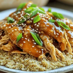 - 4 boneless, skinless chicken thighs - 1/4 cup soy sauce (or tamari for gluten-free) - 2 tablespoons sesame oil - 4 cloves garlic, minced - 1 tablespoon fresh ginger, grated - 2 tablespoons honey or maple syrup - 1 teaspoon red pepper flakes (adjust to taste) - 1 cup chicken broth - 2 green onions, chopped (for garnish) - 2 tablespoons sesame seeds (for garnish) - Cooked rice or quinoa (for serving) The main ingredients for this dish are simple but packed with flavor. You start with chicken thighs. They are juicy and tender. I love using them because they stay moist during cooking. Next, you need the sauce components. The soy sauce gives a rich umami taste. I often use tamari to make it gluten-free. Sesame oil adds a nutty flavor, while garlic and ginger bring freshness. Honey or maple syrup balances the saltiness with a hint of sweetness. The red pepper flakes add a touch of heat, which you can adjust to your taste. Finally, chicken broth keeps everything moist and adds depth. For garnishing elements, I use green onions. They add a nice crunch and color. Sesame seeds give a little extra texture. When you sprinkle these on top, they make the dish look even better. Serve it all over cooked rice or quinoa for a full meal. Start with a mixing bowl. Add 1/4 cup of soy sauce, 2 tablespoons of sesame oil, and 4 minced garlic cloves. Then, add 1 tablespoon of grated ginger. Mix in 2 tablespoons of honey and 1 teaspoon of red pepper flakes. Finally, pour in 1 cup of chicken broth. Whisk this all together until it blends well. This sauce is key to your chicken's flavor. Take 4 boneless, skinless chicken thighs. Place them in the slow cooker. Pour the sauce you just made over the chicken. Make sure each thigh is fully covered. This ensures every bite is tasty. Cover the slow cooker with its lid. Set the heat to low for 6-8 hours. If you’re in a hurry, set it to high for 3-4 hours. Check when it’s done. The chicken should be tender and cooked through. This slow cooking makes the flavors meld perfectly. Once the cooking time is up, use a fork to shred the chicken right in the slow cooker. Mix the shredded chicken with the sauce. This will help soak up more flavor. For serving, take cooked rice or quinoa. Place it in a bowl. Top it with the sesame garlic chicken. Drizzle some extra sauce from the slow cooker on top for more taste. Garnish with chopped green onions and a sprinkle of sesame seeds. This adds a nice crunch and look to your dish. To make your chicken juicy, start with a good marinade. I love mixing soy sauce, sesame oil, garlic, ginger, honey, and red pepper flakes. This blend adds a lot of flavor and keeps the chicken moist. You can marinate the chicken for one hour or overnight for a deeper taste. Cooking time is key for tender chicken. Use low heat for 6 to 8 hours. If you’re in a hurry, high heat works in 3 to 4 hours. Always check that the chicken is fully cooked. It should shred easily with a fork when it's done. Serving this dish nicely makes it even better. Use a bowl to hold the rice or quinoa. Place the shredded chicken on top and drizzle with extra sauce. This adds a nice touch and keeps the meal warm. For garnishing, sprinkle chopped green onions and sesame seeds. The green onions add color, while the sesame seeds give a nice crunch. This simple step makes your meal look gourmet. {{image_2}} You can easily make this dish gluten-free. Just swap soy sauce for tamari. Tamari tastes great and works just like soy sauce. If you want a different flavor, try coconut aminos. This option is also soy-free. To enhance the flavor, consider adding fresh herbs. Chopped cilantro or basil can add a nice twist. You might also add a splash of rice vinegar for tang. If you like heat, try using sriracha instead of red pepper flakes. This chicken pairs well with many sides. Serve it over rice or quinoa for a filling meal. Steamed broccoli or green beans make great sides too. You can also serve it with a crisp salad for freshness. For meal prep, this dish holds well. You can pack it in containers with rice and veggies. It makes for a quick lunch or dinner during the week. Plus, the flavors deepen when stored. Enjoy it warm or cold! To store leftovers, place the chicken in an airtight container. Ensure it cools down first. You can keep it in the fridge for up to three days. This helps maintain its taste and texture. For best practices, always let the chicken sit at room temperature for about 30 minutes before refrigerating. This prevents condensation and keeps the chicken fresh. When reheating, use gentle heat to avoid drying it out. If you want to freeze the dish, allow it to cool completely. Then, place the chicken in a freezer-safe bag or container. It can last up to three months in the freezer. This makes it easy for quick meals later. For reheating, thaw in the fridge overnight. Then, heat it in a pot on low or use the microwave. Stir occasionally to ensure even heating. You can add a splash of chicken broth to keep it moist. Can I use chicken breasts instead? Yes, you can use chicken breasts. They will cook well in the sauce. Just make sure they are boneless and skinless. The chicken breasts may cook faster than thighs, so check them at around 3 hours on high. How do I adjust the spice level? To adjust the spice level, change the amount of red pepper flakes. If you like more heat, add more flakes. For less heat, use fewer flakes or skip them. You can also add a touch of honey to balance the spice. What can I substitute for sesame oil? You can use olive oil or avocado oil as a substitute. The flavor will change, but it will still taste great. For a sesame flavor, try adding a few drops of sesame oil later in the cooking process. Is a slow cooker necessary for this recipe? A slow cooker is not strictly necessary. However, it helps to make the chicken tender and flavorful over time. If you do not have one, you can use a pot on the stove on low heat. Just watch it closely to prevent burning. Can I cook this dish in a different appliance? Yes, you can use an Instant Pot or pressure cooker. Cook the chicken on high pressure for about 10-12 minutes, then shred it. This saves time but still gives you a tasty meal. In this post, we covered the essentials for making a delicious chicken dish. We explored key ingredients, preparation steps, and serving methods. I shared tips for tender chicken and presentation ideas, along with variations to suit your taste. You learned about storage options for leftovers and found answers to common questions. Now, it’s your turn to get cooking. Enjoy experimenting with these ideas and make this dish your own. Your kitchen adventure awaits!
