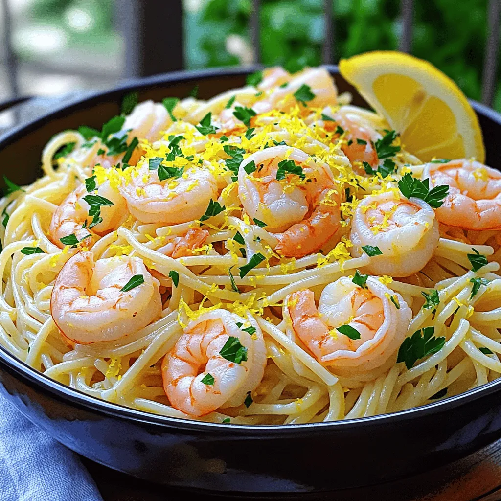 - Spaghetti or Linguine: 8 oz - Large Shrimp: 1 lb, peeled and deveined - Garlic: 4 cloves, minced - Olive Oil: 1/4 cup - Fresh Lemon Juice: 1/4 cup (about 2 lemons) - Lemon Zest: Zest of 1 lemon - Red Pepper Flakes: 1/4 teaspoon - Salt and Pepper: to taste - Fresh Parsley: 1/4 cup, chopped - Grated Parmesan Cheese: for serving To make Lemon Garlic Shrimp Pasta, you need a few simple items. The main part of this dish is the pasta and shrimp. Use either spaghetti or linguine. You’ll want about 8 ounces of pasta. For the shrimp, get 1 pound of large shrimp. Make sure they are peeled and deveined. Garlic adds a big flavor. You should use 4 cloves of minced garlic. Now, let’s talk about seasonings. You need 1/4 cup of olive oil. Fresh lemon juice is key, so use 1/4 cup, which is about the juice from 2 lemons. Don't forget the zest of 1 lemon for extra brightness. You can spice things up with red pepper flakes. Just 1/4 teaspoon will work, but you can adjust it to your taste. Salt and pepper are also important for seasoning. Finally, fresh parsley adds a nice touch. You’ll want 1/4 cup of chopped parsley to mix in and some grated Parmesan cheese for serving if you'd like. These ingredients combine to create a fresh and flavorful dish that is sure to impress! - First, cook 8 oz of spaghetti or linguine in boiling water. - Make sure to cook it until it's al dente. - After cooking, drain the pasta. - Remember to reserve 1/2 cup of the pasta cooking water. - In a large skillet, heat 1/4 cup of olive oil over medium heat. - Add 4 minced garlic cloves and 1/4 teaspoon of red pepper flakes. - Sauté for about 1 minute. You want the garlic fragrant but not browned. - Now, add 1 lb of large shrimp, which should be peeled and deveined. - Season with salt and pepper. - Cook the shrimp for about 2-3 minutes on each side. They should turn pink and opaque. - Once the shrimp are cooked, stir in 1/4 cup of fresh lemon juice and the zest of 1 lemon. - If the mixture seems dry, add some reserved pasta water slowly. - Next, toss the cooked spaghetti or linguine into the skillet. - Mix gently to coat the pasta well with the shrimp and garlic sauce. - Remove from heat and fold in 1/4 cup of chopped parsley. - Adjust seasoning with more salt and pepper if needed. - Serve right away, topped with grated Parmesan cheese, if you like. To know when shrimp are perfect, look for a bright pink color. The shrimp should curl into a loose "C" shape. If they turn too tightly, they may be overcooked. Adjust the seasoning by tasting as you go. Remember, a little salt and pepper can elevate the flavor. You can add fresh herbs like basil or dill for a twist. For a kick, try a pinch of cayenne pepper. To make the dish more zesty, add more lemon juice or a dash of lemon zest. This will brighten the entire meal. For plating, use deep bowls to hold the pasta nicely. Garnish with extra parsley and a lemon wedge for color. Pair this dish with a simple green salad or garlic bread for a complete meal. Enjoy the fresh flavors and bright presentation! {{image_2}} You can easily switch shrimp for other proteins. Chicken works well in this dish. Use boneless, skinless chicken breasts. Cut them into small pieces. Sauté them in the olive oil just like the shrimp. Cook until they are no longer pink. Tofu is another great choice. Use firm tofu for best results. Press it to remove extra water, then cut it into cubes. Sauté it in the same way. The garlic and lemon flavors will still shine. If you want to use scallops, you can adapt the recipe too. Choose fresh or frozen scallops. Sauté them for about 2-3 minutes on each side. When they are golden brown, they are ready to mix with the pasta. For a vegetarian twist, use vegetable broth instead of seafood. This adds depth to the dish without adding meat. You can also add seasonal vegetables. Think zucchini, bell peppers, or spinach. Sauté them with the garlic for extra flavor and color. You may also want to experiment with different vegetables. Broccoli or asparagus can bring a nice crunch. Just make sure to cut them small enough to cook quickly. If you need a gluten-free option, choose gluten-free pasta. Many brands offer great choices that mimic traditional pasta. Follow the cooking instructions on the package. You can try different cooking methods too. Instead of boiling, think about baking the dish. Combine all the ingredients in a baking dish. Bake it in the oven until heated through. This method can add a nice texture to the meal. To keep your Lemon Garlic Shrimp Pasta fresh, store leftovers in the fridge. Use airtight containers to prevent air from getting in. Glass or plastic containers work well. Make sure the pasta is cool before sealing. This keeps the food safe and tasty. If you want to save some for later, freezing works great! First, let the pasta cool completely. Then, place it in freezer-safe bags or containers. Squeeze out as much air as possible. This helps avoid freezer burn. When you're ready to eat, thaw it in the fridge overnight. To reheat, you can use the stove or microwave. On the stove, add a little water or olive oil in a pan over low heat. Stir often until it’s warm. If you use the microwave, heat it in short bursts, stirring in between. In the fridge, your Lemon Garlic Shrimp Pasta lasts about 3 to 4 days. Always check for signs of spoilage. If it smells off or has a strange texture, it's best to throw it away. Trust your senses; they’ll guide you! You can use chicken broth for a savory taste. Vegetable broth works well too. Lemon juice adds brightness without wine. For a sweeter touch, try apple cider vinegar. Each option brings its own flavor. Choose what fits your taste best. Yes, you can prepare the shrimp and sauce in advance. Cook the pasta just before serving. Store the shrimp and sauce in the fridge. Keep them in a sealed container. Reheat gently in a pan over low heat. This helps keep the shrimp tender. A crisp Sauvignon Blanc is a great choice. It matches the lemon flavor nicely. Pinot Grigio is another good option. It is light and refreshing. If you prefer something richer, a Chardonnay works too. Each wine enhances the dish's taste. Lemon Garlic Shrimp Pasta is quite healthy. Shrimp provide protein and omega-3 fatty acids. Olive oil adds healthy fats. Garlic has many health benefits too, like boosting immunity. Fresh parsley adds vitamins and minerals. Overall, it's a balanced meal you can enjoy. This blog post covered all you need to know about making Lemon Garlic Shrimp Pasta. We discussed the key ingredients, step-by-step cooking, and tips for perfecting your dish. We also explored variations, storage info, and common questions. With these insights, you can create a delicious meal that dazzles. Enjoy experimenting and making this dish your own! Happy cooking!