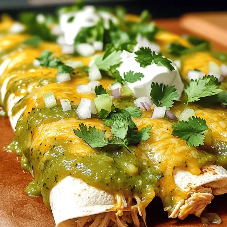 - 2 cups cooked shredded chicken - 1 cup salsa verde - 1 cup shredded Monterey Jack cheese - 1 cup corn tortillas To make Salsa Verde Chicken Enchiladas, you need a few key ingredients. Start with cooked shredded chicken. This adds protein and flavor. Next, grab some salsa verde. It gives the enchiladas their bright and zesty taste. Monterey Jack cheese melts beautifully, making your dish creamy and rich. Finally, corn tortillas are a must. They hold everything together and add a great texture. - 1/2 cup diced onion - 1/2 cup sour cream - 2 tablespoons chopped fresh cilantro You can elevate your enchiladas with some optional add-ins. Diced onion adds crunch and flavor. Sour cream brings creaminess and a tangy kick. Chopped cilantro gives a fresh touch. Feel free to mix and match these add-ins to suit your taste! - 1 teaspoon ground cumin - 1 teaspoon garlic powder - Salt and pepper to taste - Olive oil for greasing Seasonings make your enchiladas pop with flavor. Ground cumin adds warmth and depth. Garlic powder gives a nice aroma. Don’t forget salt and pepper to taste. Lastly, use olive oil to grease your baking dish. This prevents sticking and helps the enchiladas bake evenly. - Preheat oven to 350°F (175°C). - Grease a 9x13-inch baking dish with olive oil. To start, get your oven ready. Preheating it makes sure your enchiladas cook evenly. Greasing the baking dish helps prevent sticking. You want them to slide right out when they are done. - Combine shredded chicken, salsa verde, cheese, seasonings. - Mix well. Next, grab a mixing bowl. Add the cooked shredded chicken, salsa verde, and some cheese. I like using Monterey Jack for its great melt. Toss in ground cumin, garlic powder, and a pinch of salt and pepper. Mix until everything is combined and coated. The salsa verde adds a zesty kick! - Fill and roll corn tortillas. - Place in baking dish. Now, take a corn tortilla. Spoon in a generous amount of the chicken mix. Roll it tightly and place it seam-side down in the greased dish. Repeat this with all tortillas. Make sure they fit snugly in the dish to hold their shape. - Pour salsa verde and remaining cheese on top. - Cover with foil and bake, then uncover for final baking. Once you have all the filled tortillas lined up, pour the rest of the salsa verde over the top. Sprinkle the remaining cheese and some diced onion. Cover with foil and bake for 20 minutes. Then, take off the foil and bake for another 10-15 minutes. You want the cheese golden and bubbly. This is where the magic happens! To make the best enchiladas, use fresh ingredients. Fresh ingredients make a big difference in flavor. When filling the tortillas, avoid overfilling them. If you stuff them too much, they may break apart. A little goes a long way for a perfect roll. While Monterey Jack cheese is great, try other options too. Cheddar adds a sharp taste. Pepper jack gives your dish a spicy kick. Mix and match these cheeses for a fun twist. You can serve your enchiladas with rice or beans. This makes a filling meal. For a zesty finish, add fresh lime juice. It brightens the dish and enhances the flavors. {{image_2}} To add some heat, try spicy salsa verde chicken enchiladas. You can add jalapeños or your favorite hot sauce. Slice fresh jalapeños and mix them into the chicken filling. If you prefer, drizzle hot sauce over the top before serving. This will give your enchiladas a fiery kick. If you want a meat-free dish, make a vegetarian version. Substitute the chicken with black beans or a mix of diced veggies. Bell peppers, zucchini, or spinach work well. Use the same salsa verde and cheese to keep the flavors rich and creamy. You can also add more ingredients for extra flavor. Including corn in the filling gives a sweet crunch. Black olives add a salty depth. Simply mix these into your chicken or veggie filling. They make your enchiladas even more delicious. To keep your enchiladas fresh, store them in an airtight container. Refrigerate them within two hours of cooking. They can last in the fridge for up to three days. Make sure to separate layers with parchment paper to avoid sticking. You can freeze enchiladas for later use. Wrap each one tightly in plastic wrap or foil. Place them in a freezer-safe bag or container. They will stay good for up to three months. When ready to eat, thaw them in the fridge overnight. Reheat in the oven at 350°F until warm. To keep enchiladas moist, add a bit of salsa verde on top before reheating. Cover the dish with foil to trap steam. Bake for about 20 minutes or until hot. You can also reheat them in a microwave. Just add a splash of water and cover the dish. This keeps them from drying out. Yes, you can use store-bought salsa verde. Look for brands with fresh ingredients. Choose options with minimal additives. A good choice will have a bright green color and a fresh taste. Check for options that include tomatillos and fresh herbs. This can save you time and still give great flavor. Leftover enchiladas can last about three to four days in the fridge. Store them in an airtight container. Make sure to let them cool before sealing. To keep them tasty, cover them with foil or plastic wrap. This helps prevent them from drying out. Yes, you can prep these enchiladas ahead of time. Assemble them and cover with foil. Then, store them in the fridge for up to a day. When ready to bake, just pop them in the oven. You may need to add a few extra minutes to the cooking time. This blog post explored how to make delicious enchiladas, starting with key ingredients like chicken and salsa verde. I provided step-by-step instructions, tips for perfecting your dish, and variations to suit your taste. In the end, enjoy this tasty meal with your favorite sides. Whether you choose a spicy version or a veggie mix, the possibilities are endless. Try out these recipes to impress your family and friends. Happy cooking!