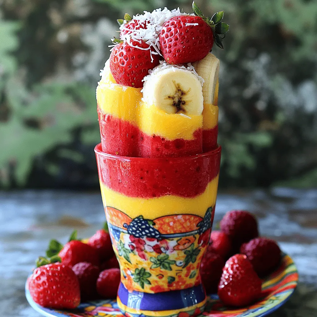 - 2 cups fresh strawberries, hulled and sliced - 2 ripe bananas, peeled and sliced - 1 cup Greek yogurt (plain or vanilla) - 1/2 cup almond milk (or any milk of your choice) Fresh strawberries bring bright, tangy flavor to the pops. Ripe bananas add sweetness and creaminess. Greek yogurt gives the pops a smooth texture and protein boost. Almond milk helps blend everything smoothly. - 2 tablespoons honey or maple syrup (optional, for added sweetness) - 1 teaspoon vanilla extract - Pinch of salt You can add honey or maple syrup if you want more sweetness. Vanilla extract brings out the flavors. A pinch of salt can enhance the taste. These optional ingredients help you customize your pops. Use them based on your taste preferences! - Blending the ingredients Start by placing the sliced strawberries and bananas into a blender. Add the Greek yogurt and almond milk next. If you like your pops sweeter, include honey or maple syrup. Then, pour in the vanilla extract and a pinch of salt. Blend everything on high until it is smooth and creamy. If the mix is too thick, add a bit more almond milk. Remember to scrape down the sides to ensure all the fruit blends well. - Adjusting sweetness After blending, taste the mixture. If it needs more sweetness, add a bit more honey or maple syrup. Blend again until mixed. This step is important because you want the pops to taste just right! - Pouring into molds Once your mixture is ready, carefully pour it into popsicle molds. Leave a little space at the top of each mold. This space allows the mixture to expand as it freezes. - Inserting popsicle sticks After filling the molds, place the popsicle sticks into each one. Make sure they are centered and stand straight. Now, place the molds in the freezer. - Removing from molds After waiting at least 4-6 hours, it's time to enjoy your pops! To release them, run warm water over the outside of the molds for a few seconds. This warm water helps loosen the pops. Gently pull on the sticks to remove them. - Presentation tips For a fun touch, serve the pops on a colorful plate. You can also stand them up in a tall glass filled with fresh berries. Sprinkle some shredded coconut or granola around the pops for added texture. Enjoy your cool and refreshing treat! To get that creamy texture, use ripe bananas and Greek yogurt. These ingredients blend well, making your pops smooth. If you want to avoid ice crystals, blend the mixture until smooth. This keeps your pops from being grainy. You can adjust sweetness using honey or maple syrup. Both are great choices if you want more flavor. Always taste your mixture before pouring it into the molds. If it’s not sweet enough, add a bit more sweetener and blend again. For fun serving ideas, try placing the pops on a colorful plate. You can also stand them upright in a tall glass filled with fresh berries. This makes a lovely display. Pair these pops with crunchy snacks like granola or sprinkle some shredded coconut for added texture. Enjoy your treat! {{image_2}} You can make your Strawberry Banana Smoothie Pops even more fun by adding other fruits. Try mixing in blueberries, raspberries, or blackberries for a berry blast. These fruits add color and extra flavor. You can also create tropical variations. Adding mango or pineapple gives a sweet and sunny twist. Just blend these fruits in with the strawberries and bananas for a refreshing treat. Want to switch up the taste? You can add extras like cocoa powder. This gives your pops a rich chocolate flavor. Just one tablespoon can make a big difference. Another great addition is spinach. It boosts the nutrients without changing the taste much. Use a handful of fresh spinach and blend it in. You’ll get a healthy treat that kids will love. If you're looking for dairy-free options, swap Greek yogurt for coconut yogurt. Almond milk can also be replaced with any nut milk. This makes the pops creamy and light. For those watching sugar, use natural sweeteners. You can try stevia or agave syrup as substitutes. This way, everyone can enjoy these delicious pops! To keep your Strawberry Banana Smoothie Pops fresh, follow these tips: - Use airtight bags or containers: This helps prevent freezer burn. - Label each container: Write the date and contents for easy reference. - Leave space in molds: Pops expand as they freeze, so don't fill them to the top. - Recommended storage duration: Enjoy your pops within 1 to 2 months for the best taste. When you're ready to enjoy a pop, here’s how to thaw it safely: - Run under warm water: Hold the mold under warm water for a few seconds to loosen the pop. - Let sit at room temperature: If you have time, leave the pop out for a few minutes to soften. - Avoid using microwaves: This can melt the pops unevenly and ruin the texture. Cleaning and reusing your molds is simple: - Wash with warm, soapy water: This removes any residue and helps keep the molds fresh. - Use gentle scrubbing: Avoid harsh cleaners that can scratch the surface. - Choosing the right molds: Opt for silicone molds for easy removal, or any safe plastic molds you have. Yes, you can use frozen strawberries. They add chill and creaminess. Frozen fruit also makes the pops smooth. Just blend them right from the freezer. However, be aware that using frozen strawberries may change the taste slightly. The pops might be less sweet, so you may want to add a bit more honey or maple syrup. These pops can last up to two months in the freezer. To keep them fresh, store them in airtight bags or containers. This helps prevent freezer burn and keeps the flavors strong. If you notice ice crystals, it might be time to toss them. Yes, you can easily make these pops vegan. For Greek yogurt, use coconut yogurt or almond yogurt. Instead of honey, use maple syrup or agave nectar. Both options keep the sweet taste. The almond milk works great, but any plant-based milk is fine. These swaps let you enjoy the same cold treat without dairy. You learned how to make Strawberry Banana Smoothie Pops with simple ingredients. We covered key steps for blending and freezing, plus tips to make them creamy. You can customize flavors and store them for later. Remember, it’s fun to create your own unique pops! Use fresh fruit or try a mix to keep things exciting. Enjoy your tasty treat and share with friends. Making these pops can be a great way to cool off and stay healthy!