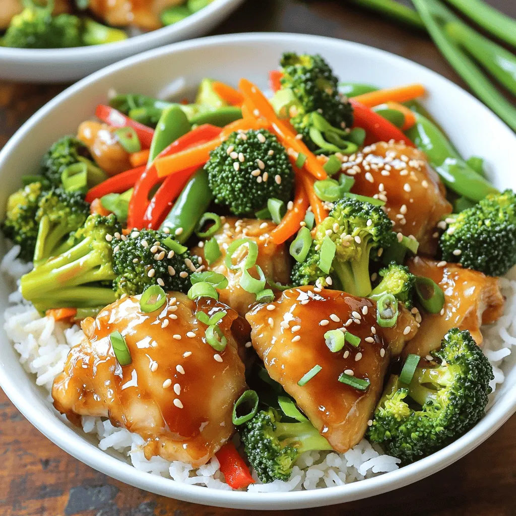 - 1 pound boneless, skinless chicken thighs, cut into bite-sized pieces - 3 tablespoons sesame oil - 2 tablespoons soy sauce - 1 tablespoon honey - 1 tablespoon rice vinegar - 3 cloves garlic, minced - 1-inch piece ginger, grated - 1 tablespoon cornstarch - 1 cup broccoli florets - 1 red bell pepper, sliced - 1 carrot, julienned - ½ cup snow peas - Cooked jasmine rice or quinoa, for serving For this recipe, I love using chicken thighs. They stay juicy and tender when cooked. The sesame oil adds a nice nutty flavor. Soy sauce brings that classic taste. Honey adds a touch of sweetness that balances the dish so well. Rice vinegar gives a bright note to the sauce. Garlic and ginger add depth and warmth. Cornstarch helps thicken the sauce and gives a lovely glaze to the chicken. The vegetables add color and crunch. Broccoli, bell pepper, carrot, and snow peas are my favorites. They cook quickly and keep their shape. You can mix and match veggies based on what you like or have at home. - Green onions - Sesame seeds For toppings, I recommend adding chopped green onions. They add a fresh crunch. Sesame seeds provide a nice nutty finish. You can sprinkle these on just before serving. They make the dish look pretty too! To start, I combine the chicken pieces with soy sauce, honey, rice vinegar, minced garlic, grated ginger, and cornstarch in a bowl. This mix needs to coat each piece well. Marinating is key because it helps the chicken soak up all those tasty flavors. I let it marinate for at least 15 minutes. Longer is even better if you have the time. I heat 1 tablespoon of sesame oil in a large skillet or wok over medium-high heat. Then, I add the marinated chicken to the pan. I cook the chicken for about 5 to 7 minutes. I watch carefully as it turns golden brown and cooks through. Once it’s done, I remove the chicken and set it aside, keeping it warm. In the same skillet, I add the rest of the sesame oil. Now, it's time for the veggies! I toss in broccoli, red bell pepper, carrot, and snow peas. These are my favorite combos for color and crunch. I stir-fry them for about 3 to 5 minutes. I make sure they stay tender-crisp, so they have that perfect crunch. Now, I return the cooked chicken to the skillet with the vegetables. I sprinkle sesame seeds over everything and stir it well. This blends all the flavors together. I give it another 2 minutes on the heat. This final step makes sure every bite is delicious. I serve it hot over a bed of cooked jasmine rice or quinoa. For an extra touch, I top it with chopped green onions and more sesame seeds if I like. - Boneless vs skinless: I always use boneless, skinless chicken thighs. They stay juicy and tender. Chicken breasts can dry out easily when cooked. - Why thighs over breasts: Thighs have more fat and flavor. This makes them perfect for stir-fry. They soak up the marinade well, adding extra taste. - Meal prep suggestions: You can marinate the chicken a day before. This saves time on busy nights. Just keep it in the fridge until you're ready to cook. - Marination tips: Aim for at least 15 minutes of marinating. The longer you marinate, the better the flavor. Try to use a sealed bag for even coating. - Cooking vegetables for crunch: Stir-fry the veggies quickly over high heat. This keeps them crisp and bright. I cook them for just 3-5 minutes. - Balancing flavors: Add the sesame seeds at the end. They give a nice crunch and nutty taste. Make sure to mix everything well to blend the flavors. {{image_2}} You can swap chicken for beef or tofu. Beef gives a robust flavor. Tofu offers a plant-based option. If using beef, cut it thinly for quick cooking. For tofu, press it to remove moisture first. Adjust cook time if you switch proteins. Beef may take a few extra minutes, while tofu fries faster. Change the taste by adding spices or sauces. Consider red pepper flakes for heat or hoisin sauce for sweetness. You can also add sesame oil for a richer flavor. If you like it sweeter, add more honey. Taste as you go to find the perfect balance. Try serving this dish with quinoa instead of jasmine rice. Quinoa is a great source of protein. If you want a low-carb option, use cauliflower rice. It mimics the rice texture without the carbs. You can also add extra veggies on top for more color and nutrients. To store leftovers, place them in an airtight container. This keeps them fresh longer. Make sure the chicken and veggies are cool before sealing. You can keep them in the fridge for up to three days. If you want to enjoy them later, store them in small portions. This makes it easy to reheat just the right amount. To freeze your sesame chicken bowls, let them cool fully first. Transfer the chicken and veggies into freezer-safe bags. Squeeze out any air before sealing. This helps prevent freezer burn. You can freeze them for up to two months. When you’re ready to eat, take them out and thaw overnight in the fridge. For reheating, warm them in a skillet over low heat. You can add a splash of water to keep them moist. Stir until everything is heated through. You can also use a microwave if you're short on time. Just cover it to keep the steam in! Yes, you can use chicken breasts. They are lean and cook quickly. However, thighs have more flavor and stay juicy. If you choose breasts, watch cooking time. They may dry out if overcooked. You can swap in many vegetables. Try bell peppers, snap peas, or zucchini. Carrots and broccoli work well, too. Use what you like or have on hand. Just cut them into similar sizes for even cooking. To make sesame chicken bowls gluten-free, use tamari instead of soy sauce. Tamari tastes similar and is safe for gluten-free diets. Also, check other brands for gluten-free labels. This way, everyone can enjoy it. Absolutely! If you like heat, add red pepper flakes or chili paste. You can also use sriracha in the sauce. Start small, taste, and adjust as needed. This lets you find the right spice level for you. These bowls are great with jasmine rice or quinoa. You can also serve them with a side of steamed dumplings or spring rolls. For a fresh touch, add a simple salad to balance the meal. The recipe provides a simple guide to making delicious sesame chicken bowls. You learned about key ingredients like chicken, vegetables, and sauces. I shared marinating tips and how to cook each component right. Choosing the right chicken and adding crunchy vegetables is crucial. You can customize flavors and even try different proteins. Remember, leftovers can be stored for easy meals. Keep practicing to perfect your skills and enjoy tasty results!
