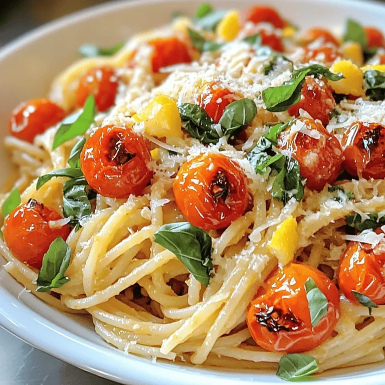 - 12 oz pasta (spaghetti or choice) - 10 cloves garlic, unpeeled - 3 cups cherry tomatoes, halved - 2 tablespoons olive oil - 1 teaspoon salt - 1/2 teaspoon black pepper - 1/4 teaspoon red pepper flakes (optional) - Fresh basil leaves (about 1/2 cup, chopped) - 1/2 cup grated Parmesan cheese (optional) - Zest of 1 lemon The heart of this Roasted Garlic Tomato Basil Pasta lies in its simple yet flavorful ingredients. Each element plays a key role in creating a dish that bursts with taste. The pasta is your base. I recommend spaghetti, but you can use any type you enjoy. This flexibility allows you to make it your own. Next, garlic is a major star here. Roasting it brings out a sweet, rich flavor. You want to keep the cloves unpeeled until they are ready. This way, they stay juicy and tender while cooking. Cherry tomatoes add a pop of freshness. Halving them helps them roast evenly. You'll love how they burst with flavor as they cook. For seasoning, olive oil is a must. It adds a rich taste and helps the garlic and tomatoes roast perfectly. Salt and black pepper enhance the natural flavors. If you like a little heat, add red pepper flakes. For the finishing touches, fresh basil brings brightness. It’s best to chop it just before using to keep it fresh. A sprinkle of Parmesan cheese adds creaminess, but feel free to leave it out if you prefer. Finally, lemon zest brightens the whole dish, giving it a fresh twist. Each ingredient works together to create a flavorful delight that you will want to make again and again. - Preheat your oven to 400°F (200°C). - Arrange garlic and tomatoes on a baking sheet. First, I set my oven to 400°F. This heat helps bring out the best flavors. Next, I place unpeeled garlic cloves in the center of a baking sheet. I surround them with halved cherry tomatoes. This mix will roast beautifully together. - Drizzle olive oil and season the mixture. - Roast for 25-30 minutes, until done. I drizzle olive oil over the garlic and tomatoes. Then, I sprinkle salt, black pepper, and red pepper flakes if I want a kick. I roast everything for about 25 to 30 minutes. The tomatoes blister and the garlic turns soft. This step fills my kitchen with a lovely aroma. - Boil salted water and cook pasta to al dente. - Reserve pasta water before draining. While the garlic and tomatoes roast, I boil a large pot of salted water. I add my choice of pasta, cooking it until it's al dente. Just before draining, I reserve half a cup of that pasta water. This starchy water helps later when I mix everything together. - Squeeze roasted garlic into a mixing bowl. - Add roasted tomatoes and juices to the bowl. Once the roasting is done, I carefully squeeze the garlic out of its skin into a large mixing bowl. I add the roasted tomatoes and all the juices from the baking sheet. This creates a flavorful base. - Mix in the drained pasta and desired pasta water. - Adjust seasoning as needed. Next, I add the drained pasta into the bowl. I mix everything well. If it seems dry, I splash in some reserved pasta water until I reach the right texture. I taste and adjust the seasoning with more salt and pepper if needed. - Finish with basil and lemon zest. - Serve with grated Parmesan if desired. To finish, I stir in chopped fresh basil and lemon zest. This adds a bright note. I divide the pasta onto plates and sprinkle with grated Parmesan if I want. Each bite is a burst of flavor! To tell when garlic and tomatoes are perfectly roasted, look for two signs. First, the garlic should be soft and golden. You can squeeze it out of the skin easily. Second, the tomatoes will be blistered and juicy. They should look slightly wrinkled. This means they are caramelized and full of flavor. To avoid mushy pasta, cook it to al dente. This means it should be firm but not hard. Start by boiling salted water. Add the pasta and stir. Check the package for cooking time. Taste it a minute before the time is up. If it has a slight bite, it's ready. Don’t forget to save some pasta water before draining. This helps with mixing later. You can elevate the dish with extra spices or herbs. Consider adding a pinch of oregano or thyme for a warm taste. For a kick, sprinkle some crushed red pepper. Fresh herbs like parsley can also brighten the dish. A squeeze of lemon juice at the end adds a fresh burst. Try these to make your pasta even more delicious! {{image_2}} You can switch the pasta to make it fit your needs. If you want gluten-free, use rice or corn pasta. Whole grain pasta is another great option. It adds more fiber and a nutty taste. Choose any shape you like, such as penne or fusilli. Each type will give a unique twist to your dish. Get creative with what you add to this pasta. You can mix in veggies like spinach, peas, or bell peppers. For a protein boost, try chicken, shrimp, or chickpeas. These add-ins make the dish more filling. You can also use zucchini noodles for a low-carb choice. Want something different? You can make a creamy sauce by adding heavy cream or mascarpone cheese. This makes the dish rich and smooth. For a fresh twist, try a basil pesto instead. Blend basil, nuts, garlic, and olive oil for a vibrant flavor. Both options give a fun new take on roasted garlic tomato basil pasta. To store your Roasted Garlic Tomato Basil Pasta, first, let it cool. Place the pasta in an airtight container. This helps keep its flavor fresh. You can store it in the fridge for up to three days. For the best taste, eat it within this time. If you notice any strange smell or look, it’s best to throw it out. When reheating, avoid the microwave if you can. It often makes pasta dry. Instead, use a skillet on low heat. Add a splash of water or olive oil to keep it moist. Stir gently until warm. You can also use the microwave if pressed for time. Just cover the bowl with a damp paper towel to trap steam. This keeps the pasta softer. To freeze your pasta, let it cool completely first. Place it in a freezer-safe container or bag. Squeeze out as much air as possible. This prevents freezer burn. You can freeze it for up to three months. When ready to eat, thaw it in the fridge overnight. Then, reheat it on the stove as mentioned above. This method keeps the flavor and texture intact. Yes, you can use regular tomatoes. Just chop them into smaller pieces. This helps them cook evenly. Cherry tomatoes add sweetness, but regular tomatoes work well too. To make this dish vegan, skip the Parmesan cheese. You can also use nutritional yeast for a cheesy flavor. This keeps the dish rich and tasty without dairy. You can use vegan cheese or nutritional yeast as a substitute. If you want a nutty flavor, try crushed walnuts or pine nuts. These options keep the dish delicious. If you like heat, add more red pepper flakes. You can also include sliced jalapeños for a fresh kick. Mix these in when combining the pasta for extra flavor. Yes, you can make this dish ahead of time. Cook the pasta and store it separately. Mix everything together before serving. This helps keep the pasta fresh and tasty. This pasta dish combines simple ingredients for a tasty meal. Roasting garlic and tomatoes brings out great flavors. Cooking the pasta perfectly is key for the right texture. You can enhance it with spices or add any veggies you love. Try different types of pasta or make it vegan. Don't worry about leftovers; they store well. Enjoy this easy, delicious recipe tonight for a home-cooked delight!