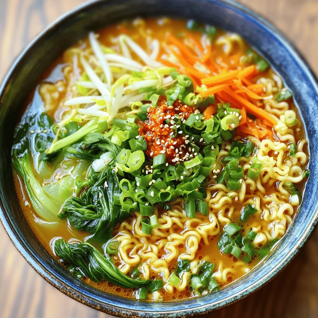 - 2 packs of instant ramen noodles (any flavor) - 4 cloves garlic, minced - 1 tablespoon ginger, grated - 1-2 tablespoons chili paste (adjust based on heat preference) - 2 cups vegetable broth The main ingredients create a rich, flavorful base for your dish. Instant ramen noodles are quick and easy. Garlic and ginger add a nice kick, while chili paste brings the heat. Vegetable broth gives depth to the flavor. - 2 tablespoons soy sauce - 1 tablespoon sesame oil - 1 cup bok choy, chopped (or any leafy green) - 1 carrot, julienned - 2 green onions, chopped (for garnish) - Sesame seeds, for garnish Adding soy sauce and sesame oil enhances the umami taste. You can include bok choy and carrots for color and nutrition. Garnishes like green onions and sesame seeds add crunch and visual appeal. Enjoy customizing this dish to your taste! First, cook the ramen noodles. Follow the package instructions for the best results. This usually takes just a few minutes. Once cooked, drain the noodles in a colander. Set them aside while you make the broth. Next, heat sesame oil in a large pot over medium heat. Add minced garlic and grated ginger. Sauté them for about 1-2 minutes. You want them to smell great but not brown. Then, stir in the chili paste. Cook it for another minute to mix the flavors well. Now, pour in the vegetable broth and soy sauce. Bring this mixture to a gentle boil. This is where the magic happens! The broth will get deep, spicy flavors from the garlic, ginger, and chili paste. After the broth boils, add the chopped bok choy and julienned carrots. Lower the heat and let everything simmer for about 5 minutes. This step softens the vegetables while keeping them bright. Now it’s time for the noodles! Add the cooked ramen noodles directly into the pot. Gently toss everything to coat the noodles in that spicy broth. Let it simmer for another 2-3 minutes to heat through. When you finish, taste the broth. Feel free to add more chili paste or soy sauce if you want it spicier or saltier. Serve the ramen in bowls, garnished with green onions and sesame seeds for a lovely touch. Enjoy your meal! To enhance the flavor of your spicy garlic ramen, adjust the heat with chili paste. Start with one tablespoon if you prefer a mild kick. You can always add more later. For a richer taste, add soy sauce. It adds umami and balances the spice. Mix it in as you simmer the broth. Sautéing garlic is key to great flavor. Use medium heat and stir often. This prevents burning. Cook until the garlic turns golden brown and fragrant. For noodles, cook them just until tender. Drain them well before adding them to your broth. This helps keep the broth from becoming too starchy. Serve your ramen in vibrant bowls for a colorful meal. Add bright vegetables like bok choy and carrots. They not only taste good but look great too. For garnishing, sprinkle chopped green onions and sesame seeds on top. This adds a nice crunch and a pop of flavor. {{image_2}} You can easily add protein to your spicy garlic ramen. Here are some options: - Chicken: Cooked, shredded chicken adds a nice texture. - Beef: Thinly sliced beef can be sautéed with garlic before adding broth. - Tofu: Firm tofu is great for a vegetarian choice. Cut it into cubes and sauté until golden. For vegetarians, tofu is the best option. It absorbs the flavors well and gives a good bite. Adding vegetables boosts flavor and nutrition. Here are some ideas: - Seasonal Vegetables: Use whatever is fresh, like zucchini or bell peppers. They add color and crunch. - Frozen vs. Fresh: Frozen veggies are quick and easy. Fresh veggies often taste better but take more prep time. Try to mix and match what you have. This keeps each bowl unique and exciting! Ramen comes in many styles. Here are some to consider: - Flavored Ramen Options: Some brands offer special flavors, like spicy miso or sesame. These can add a twist to your dish. - Instant Ramen vs. Homemade Noodles: Instant ramen is fast and convenient. If you have time, homemade noodles offer a fresh taste and texture. Experiment with different types to find your favorite! Enjoy the journey of flavors. To store leftovers, place them in a container with a tight lid. This keeps air out and helps maintain freshness. Use glass or BPA-free plastic containers for the best results. Let the ramen cool to room temperature before sealing. This prevents condensation, which can make the noodles soggy. You can reheat ramen in a pot or the microwave. For the pot method, add a splash of broth or water. Heat on low until warm, stirring gently. This helps keep the noodles soft. In the microwave, cover the bowl with a damp paper towel. Heat in short bursts, stirring in between. This method also helps with texture. Yes, you can freeze spicy ramen noodles! To freeze, let the ramen cool completely. Divide it into portions and place in freezer-safe bags. Remove as much air as possible before sealing. For thawing, place the bag in the fridge overnight. Reheat on the stove with a bit of broth for the best texture. I recommend using instant ramen noodles for quick cooking. They are easy and fast. Fresh noodles work too, adding a nice texture. Instant noodles soak up the broth well. If you want a chewier bite, go for fresh. Both types make for a great meal. Yes! This dish can easily be made vegan. Just replace the chicken or beef broth with vegetable broth. Also, double-check the soy sauce for any added animal products. Use a plant-based chili paste to keep it vegan-friendly. You can enjoy the same spicy flavor without animal ingredients. You can control the heat by changing the chili paste amount. Start with one tablespoon if you want it mild. For more heat, add an extra half tablespoon. You can also use fresh chili peppers for a different kick. Taste as you go to find your perfect spice level. Absolutely! While vegetable broth works great, you can try others. Mushroom broth adds a rich, earthy flavor. Chicken broth gives a heartier taste, even if you're vegan. If you like a seafood touch, fish broth is an option too. Explore different broths to find your favorite flavor profile. This blog post explored making a spicy ramen dish. You learned the key ingredients like ramen noodles, garlic, ginger, and chili paste. You also discovered ways to enhance flavor with optional ingredients, tips for perfect cooking, and ideas for variations. Lastly, we covered how to store and reheat your ramen. Enjoy creating your spicy ramen and experiment with your favorite flavors. Cooking doesn't have to be hard. With a few ingredients, you can make a tasty meal!