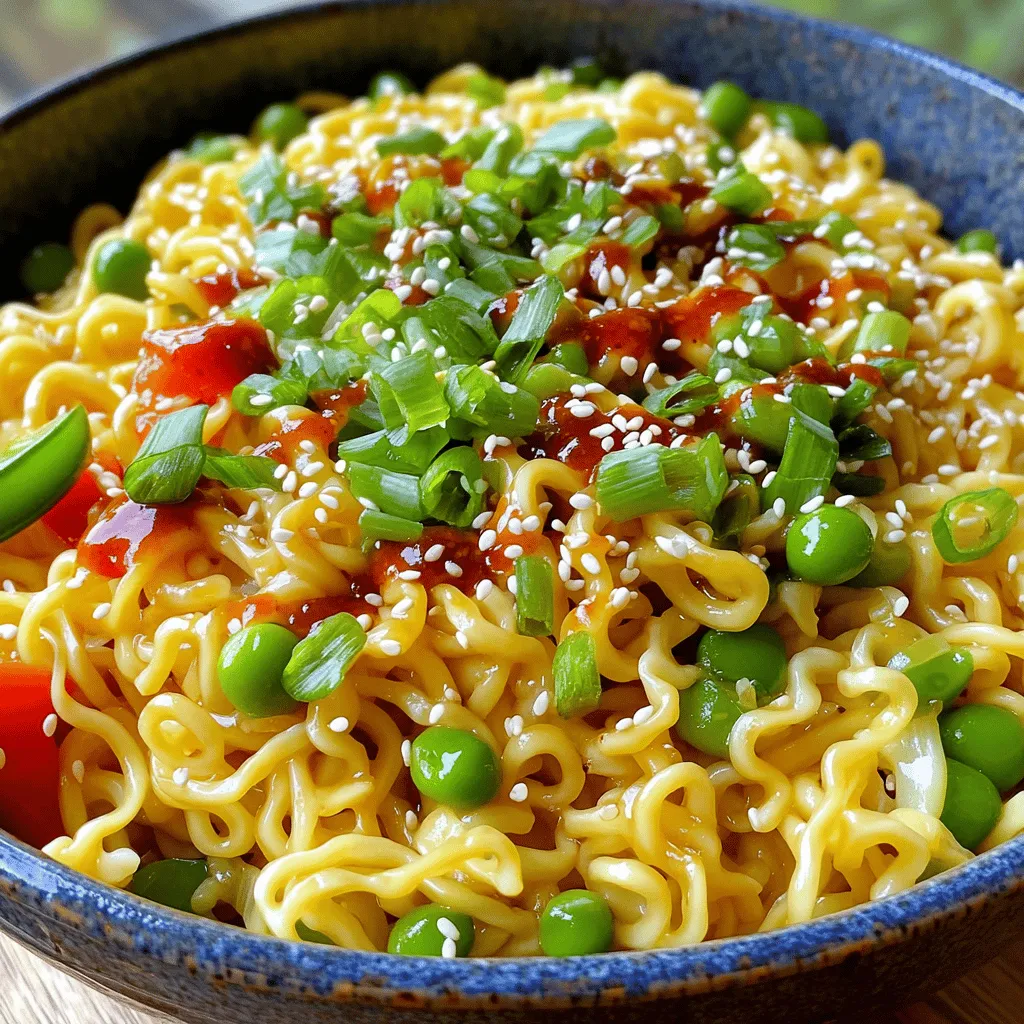 - 200g egg noodles - 3 tablespoons soy sauce - 2 tablespoons honey (or maple syrup for a vegan option) - 1 tablespoon chili garlic sauce - 1 tablespoon sesame oil - 2 cloves garlic, minced - 1 teaspoon fresh ginger, grated - 1 red bell pepper, thinly sliced - 1 cup snap peas, trimmed - 2 green onions, chopped - Sesame seeds for garnish For a vegan option, swap honey for maple syrup. You can also use rice noodles instead of egg noodles. If you want more crunch, add chopped nuts like peanuts or cashews. For spice, use sriracha instead of chili garlic sauce. You will need a large pot to boil water for the noodles. A skillet or wok is key for sautéing. Make sure you have a cutting board and knife for chopping. A small bowl is handy for mixing the sauce. Don't forget measuring spoons for accuracy! To start, boil a pot of water. Add 200g of egg noodles to the pot. Cook the noodles according to the package instructions, which is usually 3-5 minutes. Once cooked, drain the noodles and set them aside. This step is quick and easy, and it sets the base for your dish. Next, grab a small bowl. In this bowl, combine 3 tablespoons of soy sauce, 2 tablespoons of honey, and 1 tablespoon of chili garlic sauce. Stir the mixture well until it blends smoothly. Setting this sauce aside will allow the flavors to meld together, creating a sweet and spicy kick for your noodles. Heat a large skillet or wok over medium-high heat. Add 1 tablespoon of sesame oil to the pan. Once the oil is hot, toss in 2 cloves of minced garlic and 1 teaspoon of grated fresh ginger. Sauté these for about 30 seconds until they smell great. Now add in the sliced red bell pepper and 1 cup of snap peas. Stir-fry these veggies for 2-3 minutes. They should be tender yet still bright in color. Pour the sauce mixture over the veggies in the skillet. Toss everything together and let it cook for an additional minute. This step allows the veggies to soak up all that tasty flavor. Now add the cooked noodles to the mix. Gently toss to coat the noodles with the sauce and heat them through. When everything is well combined, remove the skillet from the heat. Sprinkle chopped green onions and sesame seeds on top for a nice finish. Enjoy your sweet and spicy chili garlic noodles! To get the best flavor, use fresh ingredients. Fresh garlic and ginger boost taste. Add chili garlic sauce to suit your heat level. If you want it spicier, add more sauce. Toasting sesame oil before adding garlic gives a rich flavor. Stir-fry veggies until bright and tender but not mushy. This keeps their crunch and color. Serve the noodles in a big bowl. Drizzle extra chili garlic sauce on top for flair. Add fresh cilantro for color and taste. You can also sprinkle sesame seeds over the dish. This adds texture and looks nice. Pair the noodles with lime wedges for a zesty finish. Prep your veggies before cooking to save time. Slice the bell pepper and trim the snap peas early. Use pre-minced garlic and ginger if you're in a hurry. Boil water while you prepare the other ingredients. This way, you can cook the noodles as soon as the water is ready. {{image_2}} You can easily change this dish to fit your taste. Adding proteins like chicken or tofu makes it heartier. If you pick chicken, use thin slices. Cook them in the skillet before adding the veggies. For tofu, choose firm tofu. Just press it first to remove excess water. Then, cube it and sauté until golden. This adds a nice texture and flavor. Feel free to swap out the vegetables too. Broccoli, carrots, or bok choy all work great. You can also add mushrooms for an earthy flavor. Just remember to cut them into small pieces for even cooking. Using a mix of colorful veggies makes your dish more appealing and nutritious. If you want a milder taste, reduce the chili garlic sauce. You can start with half a tablespoon and add more later if needed. For a spicy kick, add more chili sauce or some red pepper flakes. Taste as you go to find your perfect spice level. Making these small changes keeps the dish exciting every time you cook it. To keep your Sweet and Spicy Chili Garlic Noodles fresh, store them in an airtight container. This helps prevent moisture loss and keeps the flavors intact. Make sure the noodles are cool before sealing the container. You can also divide them into smaller portions for easy access. To reheat, place the noodles in a skillet over low heat. Add a splash of water or soy sauce to help revive the dish. Stir gently until heated through. This method keeps the noodles soft and flavorful. Avoid using a microwave if you want the best texture. These noodles can last in the fridge for up to three days. If you freeze them, they can stay good for about a month. Just remember that freezing may change the texture slightly, but they will still taste great! You can use various noodles for this dish. Here are some great options: - Egg noodles - Rice noodles - Udon noodles - Soba noodles - Spaghetti Each type adds a unique taste and texture. Egg noodles are rich and tender, while rice noodles are light and chewy. Udon noodles are thick and perfect for sauce. Soba noodles are nutty and healthy. Spaghetti works in a pinch, too! Yes, you can make this recipe gluten-free. Here are some options: - Use gluten-free soy sauce, like tamari. - Swap egg noodles for rice noodles or gluten-free pasta. These swaps keep the flavor while making it safe for gluten-free diets. Always check labels for hidden gluten. You can prepare this dish ahead of time! Here are some tips: - Cook the noodles and store them in an airtight container. - Make the sauce and store it separately in the fridge. - Chop your veggies and keep them in a sealed bag. When you are ready to eat, just stir-fry everything together. This keeps the dish fresh and tasty! This blog post covered all you need to make a delicious dish. We went over ingredients and their alternatives, tools you'll need, and cooking steps to follow. I shared tips for flavor and quick prep. Plus, you learned how to customize the dish and store leftovers properly. Trying new recipes can be fun, so dive in and explore options that suit your taste. Happy cooking!