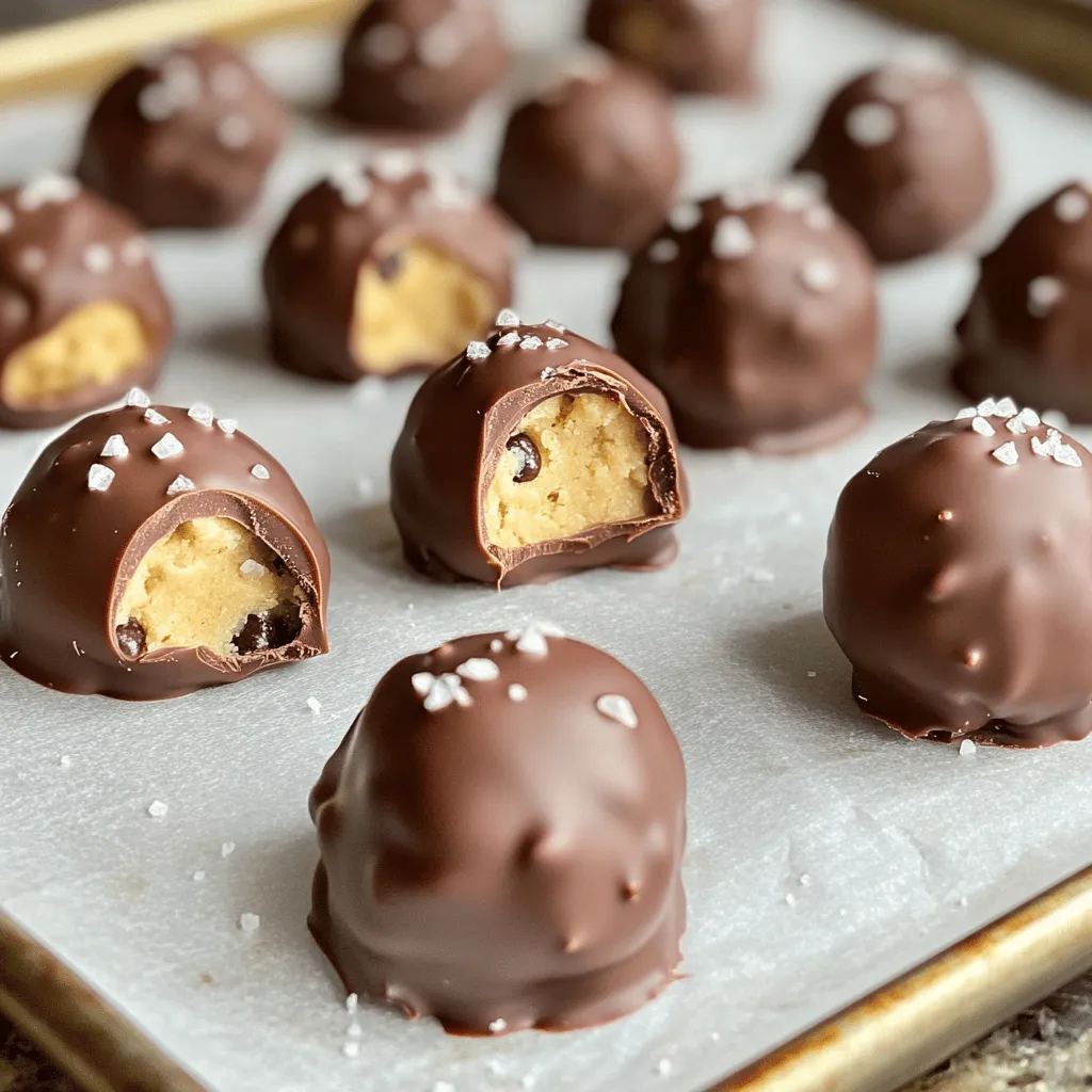 To make these delightful truffles, you need a few key ingredients: - 1 cup all-purpose flour - 1/2 cup unsalted butter, softened - 1/3 cup granulated sugar - 1/3 cup brown sugar, packed - 2 tablespoons milk - 1 teaspoon vanilla extract - 1/2 cup mini chocolate chips - 1 1/2 cups semi-sweet chocolate chips (for coating) First, the flour forms the base of our dough. Make sure to heat it first. This step helps kill any bacteria. Next, butter adds creaminess. The mix of granulated and brown sugar gives a sweet taste. Milk and vanilla boost the flavor. Mini chocolate chips add fun chunks in every bite. For an extra layer of taste, consider adding: - Sea salt (for garnish) A sprinkle of sea salt on top makes the sweet chocolate stand out. It adds a nice contrast. You can also play with flavors by adding nuts or using flavored extracts. If you're out of something, don’t worry. Here are some swaps: - Use coconut oil instead of butter for a dairy-free option. - Substitute almond milk for regular milk. - Use dark chocolate chips instead of semi-sweet for a richer taste. These swaps keep the flavor but can change the texture. Experiment and see what you like best! To make chocolate chip cookie dough truffles, follow these steps closely. First, heat-treat the flour. Spread one cup of flour on a baking sheet. Bake it at 350°F for five minutes. Let it cool completely; this step keeps your truffles safe. Next, in a mixing bowl, add half a cup of softened butter. Mix in one-third cup of granulated sugar and one-third cup of brown sugar. Beat until light and fluffy. This adds air to your mixture. Now, pour in two tablespoons of milk and one teaspoon of vanilla extract. Mix well until combined. Gradually add the cooled flour to this mixture. Stir until it forms a smooth dough. Fold in half a cup of mini chocolate chips. This gives the truffles a fun texture. Scoop tablespoon-sized portions of dough. Roll them into balls and place them on a parchment-lined baking sheet. Chill your cookie dough balls in the fridge for about 30 minutes. This makes them firmer and easier to coat. Melt one and a half cups of semi-sweet chocolate chips in a microwave-safe bowl. Do this in 30-second intervals, stirring in between. This prevents the chocolate from burning. Once melted, dip each cookie dough ball into the chocolate using a fork. Allow excess chocolate to drip off before placing them back on the baking sheet. For an added touch, sprinkle a little sea salt on top of each truffle before the chocolate hardens. This gives a lovely contrast to the sweetness. Return the truffles to the fridge for about 15-20 minutes. This allows the chocolate coating to set properly. Once set, you can serve them chilled or at room temperature. Enjoy these delightful treats with friends or family! To get a smooth chocolate coating, start with quality chocolate. Melt semi-sweet chocolate chips gently. Use a microwave and heat in 30-second bursts. Stir between each burst until smooth. This helps avoid burnt chocolate. Use a fork to dip each truffle. Make sure to shake off the excess chocolate. This gives a nice finish. One common mistake is using unheat-treated flour. Always bake the flour first. This step kills any bacteria. Another mistake is not chilling the dough enough. Chilling makes it easier to dip. Also, avoid using cold chocolate when dipping. Cold chocolate can clump and look messy. To boost flavor, add a pinch of sea salt before the chocolate sets. This brings out the sweetness. You can also try adding a splash of almond extract. It adds a nice twist to the taste. For texture, consider using crushed nuts or different chocolate chips. Mix these in with the dough for extra crunch. {{image_2}} You can switch up the flavors in your cookie dough truffles. Instead of using vanilla, try almond or coconut extract. You can also use different types of sugar. Using brown sugar gives a richer taste, while white sugar makes it lighter. Want a minty twist? Add peppermint extract to the dough. You could even fold in crushed candies or nuts for added crunch. While semi-sweet chocolate is classic, you have other tasty choices. White chocolate offers a sweet and creamy contrast. Dark chocolate gives a richer, more intense flavor. You can also use colored chocolate melts for fun and festive treats. Drizzle different coatings on top for a visual treat. Try using crushed nuts or sprinkles as a crunchy outer layer too. Get creative with your truffles by adding fun mix-ins. Try tossing in some peanut butter chips or butterscotch chips for extra flavor. You can also fold in mini marshmallows for a s'mores vibe. Get adventurous and add a pinch of sea salt to balance the sweetness. Dried fruit like cranberries or cherries can add a nice chewiness. The options are endless, so let your taste buds guide you! To keep your truffles fresh, store them in an airtight container. Place parchment paper between layers to stop sticking. Keep them in the fridge for best results. This helps maintain their shape and taste. These truffles last about one week in the fridge. If you want to keep them longer, freeze them. Put the truffles on a tray before freezing. Once firm, transfer them to a freezer bag. They can last up to three months in the freezer. You don’t need to reheat the truffles. They are tasty cold or at room temperature. For a special touch, serve them with a sprinkle of sea salt on top. This adds a nice flavor contrast that everyone loves. Enjoy your delightful treat! To make these truffles, you start with heat-treated flour. This step helps kill any harmful bacteria. Spread 1 cup of flour on a baking sheet and bake it at 350°F for 5 minutes. Let it cool completely. Next, cream together 1/2 cup of softened butter, 1/3 cup of granulated sugar, and 1/3 cup of brown sugar in a mixing bowl. Mix until it's light and fluffy. Then, add 2 tablespoons of milk and 1 teaspoon of vanilla extract. Stir until it’s well combined. Now, gradually add the cooled flour, mixing until it forms a dough. Fold in 1/2 cup of mini chocolate chips. Scoop out tablespoon-sized portions and roll them into balls. Place them on a parchment-lined baking sheet and chill for 30 minutes. Meanwhile, melt 1 1/2 cups of semi-sweet chocolate chips in a microwave-safe bowl. Dip each cookie dough ball into the melted chocolate and place them back on the sheet. You can sprinkle a pinch of sea salt on top if you want. Chill again for about 15-20 minutes until the chocolate sets. You can find pre-made cookie dough truffles at many grocery stores. Check the frozen dessert aisle or the candy section. They may also be available at specialty sweet shops or bakeries. Online retailers often sell them too. Just search for cookie dough truffles to find a range of options. Baking chocolate chip cookie dough truffles is not recommended. These truffles are meant to be enjoyed raw and chilled. Baking might change their texture and flavor. If you want baked cookies, try making a batch of traditional chocolate chip cookies instead! You now know how to make chocolate chip cookie dough truffles from scratch. We covered the essential and optional ingredients needed for the best flavor. The step-by-step guide helps you create perfect truffles every time. I shared tips to avoid common mistakes and offered exciting variations for your treats. Lastly, proper storage keeps your truffles fresh longer. Dive into this fun recipe, impress your friends, and enjoy every tasty bite!