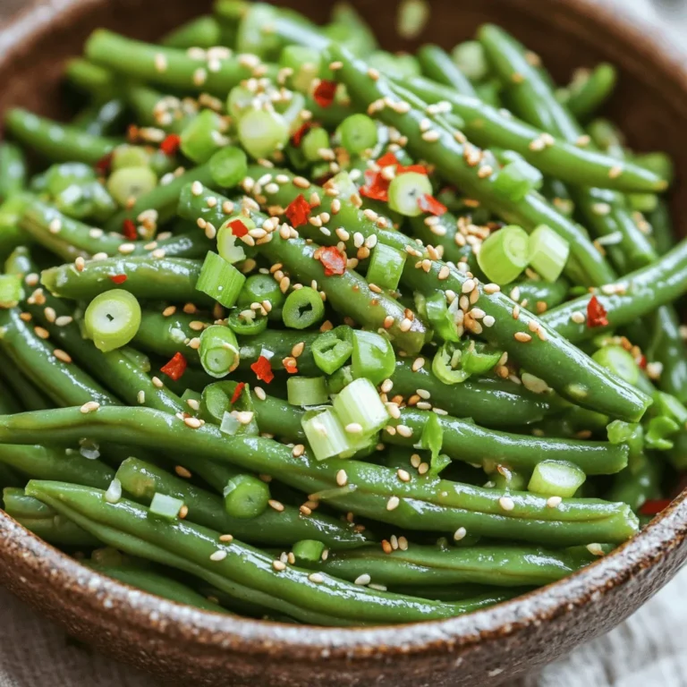 To make Spicy Garlic Green Beans, gather these items: - 1 pound fresh green beans, trimmed - 4 cloves garlic, minced - 2 tablespoons olive oil - 1 tablespoon soy sauce - 1 teaspoon red pepper flakes (adjust to taste) - 1 teaspoon sesame oil - 1 tablespoon honey or maple syrup - Salt and black pepper to taste - 2 tablespoons toasted sesame seeds (for garnish) - Chopped scallions for garnish When choosing green beans, look for bright color and firmness. Avoid beans that are limp or have dark spots. Fresh beans snap easily when bent. If you can, buy them at local markets. This way, you get the freshest produce. You can swap ingredients to fit your needs. For a gluten-free option, use tamari instead of soy sauce. If you want a vegan dish, replace honey with maple syrup. For a nutty taste, add a teaspoon of peanut butter to the sauce. This makes the dish richer without adding animal products. Start by bringing a large pot of salted water to a boil. Once boiling, add 1 pound of fresh green beans. Blanch them for about 3 minutes. They should be bright green and slightly tender. Next, prepare a bowl filled with ice water. After blanching, transfer the green beans to this ice bath. This stops the cooking process. Once they are cool, drain the beans and set them aside. In a small bowl, whisk together the following ingredients: - 1 tablespoon soy sauce - 1 teaspoon red pepper flakes (you can adjust this to your taste) - 1 teaspoon sesame oil - 1 tablespoon honey or maple syrup Mix these well until they are combined. Set the sauce aside for later. In a large skillet, heat 2 tablespoons of olive oil over medium heat. Add 4 cloves of minced garlic to the pan. Sauté for 1-2 minutes. Watch closely to avoid browning the garlic. You want it fragrant, not burnt. Now, add the blanched green beans to the skillet. Toss them in the garlic oil. Stir-fry the beans for about 5-7 minutes. They should be heated through and slightly blistered. Pour the prepared sauce over the green beans. Toss them to coat evenly. Cook for an additional 2-3 minutes. The sauce should be heated through and slightly thickened. Taste and season with salt and black pepper as needed. Once done, transfer the spicy garlic green beans to a serving dish. Top with 2 tablespoons of toasted sesame seeds and some chopped scallions for color. You can change the spice level to fit your taste. If you love heat, use more red pepper flakes. For less spice, cut back on the flakes or skip them. Try adding fresh chili for a different kick. Taste as you cook to find the right balance for you. To get green beans just right, blanch them first. This makes them bright and tender. Boil them for about three minutes. Then, shock them in ice water. This helps keep their vibrant color and crisp texture. They should be cooked but still have a nice bite. Garlic is key to this dish. To get the most flavor, mince the garlic finely. Sauté it in olive oil until it is fragrant but not brown. Brown garlic can taste bitter. You can also add more garlic if you want a stronger flavor. Just remember, balance is key! {{image_2}} You can make Spicy Garlic Green Beans a meal by adding protein. Shrimp cooks fast and pairs well with the garlic. Simply toss in shrimp after sautéing the garlic. For chicken, use cooked, diced pieces. Stir them in just before serving for a full dish. This recipe is already close to vegan. Use maple syrup instead of honey for sweetness. You could also swap soy sauce for tamari to keep it gluten-free. These changes keep the flavor strong while fitting a vegan diet. Adding citrus zest can brighten the dish. Try lime or lemon zest for a fresh kick. You can also toss in nuts like cashews or almonds for crunch. Just add them during the last few minutes of cooking. Each of these options gives a new twist to the classic recipe. To keep your spicy garlic green beans fresh, store them in an airtight container. Place them in the fridge. They will stay good for about 3 days. Make sure to let them cool down before sealing. This helps keep their crispness. When you are ready to eat the leftovers, reheat them on the stove for the best taste. Just add a splash of water to a skillet over medium heat. This helps steam them and keeps them tender. Heat for about 3-5 minutes until warm. You can also use a microwave if you’re in a hurry. Just place them in a microwave-safe bowl and cover. Heat in short bursts, stirring in between. If you want to save your green beans for later, freezing is a great option. First, let them cool completely. Then, place them in a freezer-safe bag, squeezing out as much air as possible. They can last in the freezer for up to 2 months. When you're ready to eat, thaw them in the fridge overnight and reheat as described above. You can serve Spicy Garlic Green Beans with many dishes. They pair well with grilled chicken, steak, or fish. You might also enjoy them with rice or noodles. This side dish adds color and flavor to any meal. Yes, you can make this recipe ahead of time. Blanch the green beans and prepare the sauce. Store them in separate containers in the fridge. When you are ready to serve, sauté the green beans with garlic and add the sauce. This keeps them fresh and delicious. To make Spicy Garlic Green Beans less spicy, reduce the red pepper flakes. You can start with half the amount. Adding a bit more honey or maple syrup can also help balance the heat. Taste as you go to find the right spice level for you. The best way to cut green beans is to trim the ends. Use a sharp knife to cut off about half an inch from each end. This removes any tough parts and keeps the green beans looking nice. You can leave them whole or cut them into smaller pieces if you prefer. This blog post covered how to make Spicy Garlic Green Beans from start to finish. We discussed the best ingredients, fresh bean tips, and dietary options. I also shared step-by-step cooking instructions and ways to add your own twist. Remember to store leftovers properly and try the reheating tips. In the end, these beans can be a fun side dish. Enjoy cooking, experimenting, and sharing your delicious results!