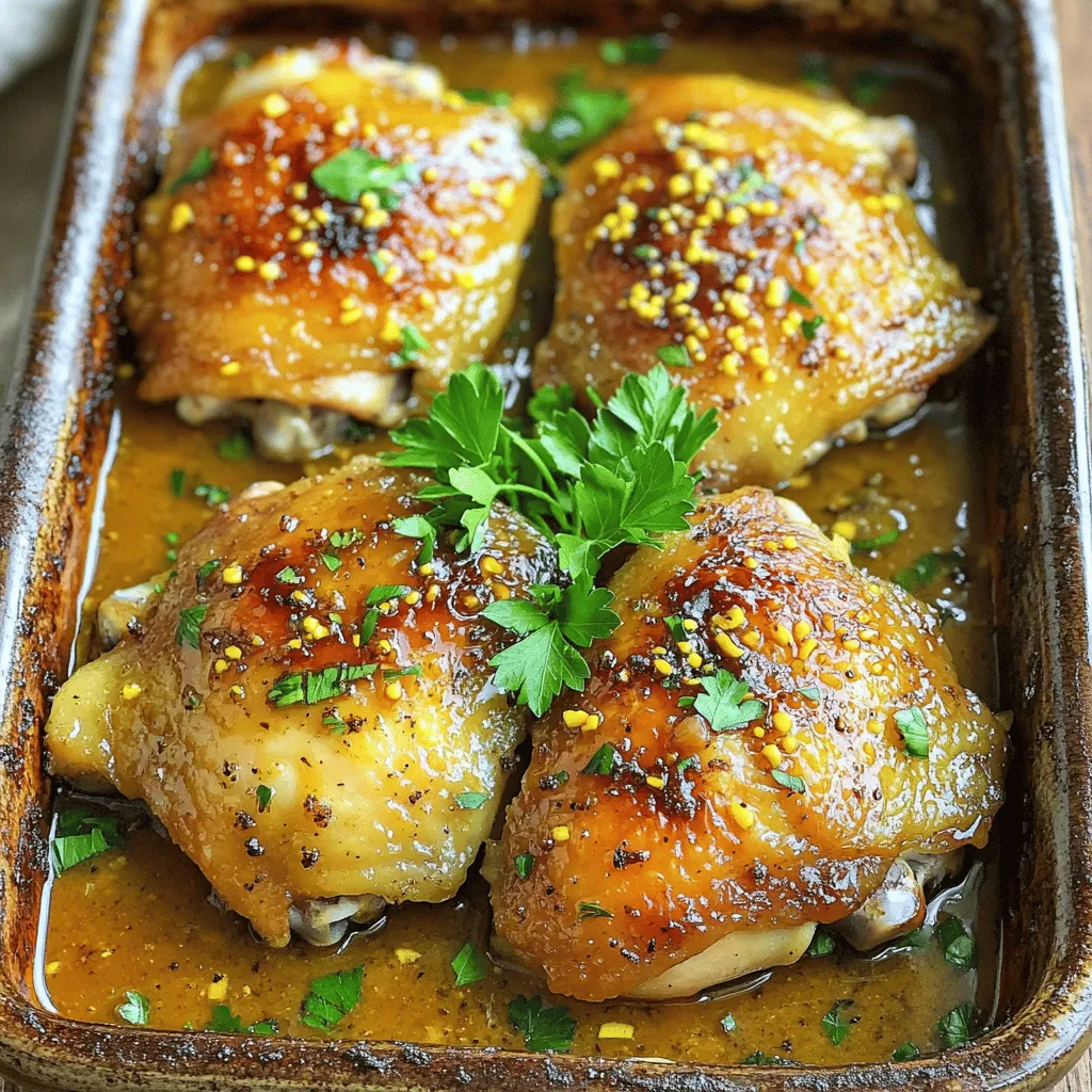 - Chicken thighs: bone-in and skin-on - Mustard: Dijon is preferred - Sweetener: pure maple syrup - Olive oil: for moisture - Aromatics: minced garlic and fresh rosemary - Spices: smoked paprika, salt, and pepper - Acid: apple cider vinegar - Garnish: fresh parsley To make Baked Maple Dijon Chicken Thighs, you need a few key ingredients. Start with four chicken thighs that are bone-in and skin-on. This cut helps keep the meat juicy and adds flavor. Next, grab some Dijon mustard; it gives a nice tang. You will also want pure maple syrup for sweetness. Olive oil adds moisture, making the chicken tender. For flavor, use minced garlic and fresh rosemary. Smoked paprika adds a touch of warmth, while salt and pepper enhance all the tastes. Apple cider vinegar adds a bit of zing, balancing the sweetness of the maple syrup. Finally, don’t forget fresh parsley for garnish. It looks great and adds freshness to your dish. These ingredients work together to create a tasty meal that is easy to make. The mix of sweet and savory will have everyone wanting more! First, you need to preheat the oven to 400°F (200°C). This gets the oven hot enough for the chicken. Next, grab a baking dish and set it aside. You will place the chicken thighs in this dish. Make sure the dish is large enough to hold all the thighs comfortably. Now, let’s make the sauce. In a mixing bowl, combine these ingredients: - 1/4 cup Dijon mustard - 1/4 cup pure maple syrup - 2 tablespoons olive oil - 3 cloves garlic, minced - 1 teaspoon fresh rosemary, chopped - 1 teaspoon smoked paprika - Salt and pepper to taste - 1 tablespoon apple cider vinegar Whisk these together until everything blends well. You want a smooth and tasty mix. This sauce will add flavor to the chicken. It's time to bake! Place the chicken thighs in your baking dish, skin side up. Pour the maple Dijon sauce over the chicken. Make sure each thigh gets a good amount. Reserve a little sauce for later basting. Bake the chicken in the preheated oven for 30 minutes. After that time, take it out and baste it with the reserved sauce. This helps keep the chicken moist. Return it to the oven and bake for another 15-20 minutes. Check the chicken to ensure it reaches an internal temperature of 165°F (74°C). The skin should be crispy and golden. Once it’s done, take the chicken out and let it rest for about 5 minutes. This helps keep the juices inside. Finally, garnish with chopped parsley for a fresh touch. Enjoy your meal! To get that perfect crispy skin, basting is key. Basting keeps the chicken moist and adds flavor. When you first bake the chicken, the skin starts to brown and crisp up. After 30 minutes, take it out and baste it with the extra sauce. This helps the skin caramelize. Oven temperature also plays a big role. Set your oven to 400°F (200°C). This heat allows the chicken to cook through while making the skin golden and crispy. You can boost flavor with different herbs. Try using thyme or sage for a fresh twist. Each herb brings its own taste and elevates the dish. You can also add a spicy kick if you like heat. Mix in some cayenne pepper or red pepper flakes to the sauce. This adds warmth and excitement to every bite. If you use boneless chicken thighs, adjust the cooking time. They cook faster than bone-in thighs. You may only need about 20-25 minutes in total. Always check the internal temperature. It should reach 165°F (74°C) for safety. For larger or smaller thighs, adjust your baking time as needed. Larger thighs may need a bit longer, while smaller ones cook faster. Keep an eye on them to ensure they stay juicy and tender. {{image_2}} You can switch up the taste of Baked Maple Dijon Chicken Thighs. One great way is to add a citrus twist. Try mixing in some lemon or orange juice. This change gives the dish a bright flavor. The acidity works well with the sweetness of the maple syrup. Another option is to add spices for heat. You can mix in some red pepper flakes or cayenne pepper. This extra kick makes the dish exciting and bold. While chicken thighs are perfect for this recipe, you can use chicken breasts too. They will cook faster, so check them earlier. You want to keep them moist, so be careful not to overcook them. If you want a twist, try turkey thighs. They have a slightly different flavor but work great with the maple Dijon sauce. The cooking time will be similar to chicken thighs, so keep an eye on them. Baked Maple Dijon Chicken Thighs pair well with many sides. Roasted vegetables or a fresh salad make great choices. You can also serve it with mashed potatoes or rice for a filling meal. For toppings, consider using fresh herbs like parsley or thyme. A squeeze of lemon on top can brighten the dish even more. These simple touches make your dinner plate colorful and tasty. After enjoying your Baked Maple Dijon Chicken Thighs, store any leftovers in the fridge. Place the chicken in an airtight container. It will stay fresh for up to four days. If you want to keep it longer, freeze the chicken. Wrap each piece tightly in plastic wrap, then place them in a freezer bag. This way, it can last for up to three months. To reheat your chicken, the best method is using an oven. Preheat the oven to 350°F (175°C). Place the chicken on a baking sheet. Cover it with foil to keep moisture in. Heat for about 20 minutes or until warmed through. This method helps keep the chicken juicy and flavorful. Avoid microwaving, as it can make the chicken rubbery. You can store your Baked Maple Dijon Chicken Thighs in the fridge for four days. If frozen, they can last up to three months. Always check for signs of spoilage. If the chicken smells off or has a strange texture, it is best to throw it away. Keeping your food safe is key to enjoying great meals! Yes, you can use different mustards. Yellow mustard offers a milder taste. Whole grain mustard adds texture and a unique flavor. Spicy brown mustard provides a nice kick. Adjust the amount to match your taste. Each type will give a different twist to the dish. To check if the chicken is done, use a meat thermometer. The internal temperature should reach 165°F (74°C). You can also cut into the thickest part of the thigh. The juices should run clear, not pink. Always ensure your chicken is safe to eat. Great sides for this dish include: - Roasted vegetables, like carrots and broccoli - Mashed potatoes for creaminess - Rice or quinoa for a hearty option - A simple green salad for freshness These sides balance the flavors and make a complete meal. Yes, marinating overnight is a good idea. It allows the flavors to soak into the chicken. Just keep it in the fridge. When you're ready to cook, simply follow the baking instructions. This step can enhance the taste even more. Absolutely, you can use boneless chicken thighs. They will cook faster, so watch the time. Bake them for about 20-25 minutes. Check for the same internal temperature of 165°F (74°C). Boneless thighs will still be juicy and delicious! This blog post covered how to make Baked Maple Dijon Chicken Thighs. We explored the key ingredients, like chicken thighs, Dijon mustard, and pure maple syrup. I shared step-by-step instructions, helpful tips for crispy skin, and flavorful variations to try. Remember to store your leftovers properly to enjoy later. Cooking doesn't have to be hard. With the right ingredients and methods, you can create a tasty meal. I encourage you to give this recipe a try for a delicious and satisfying dish.