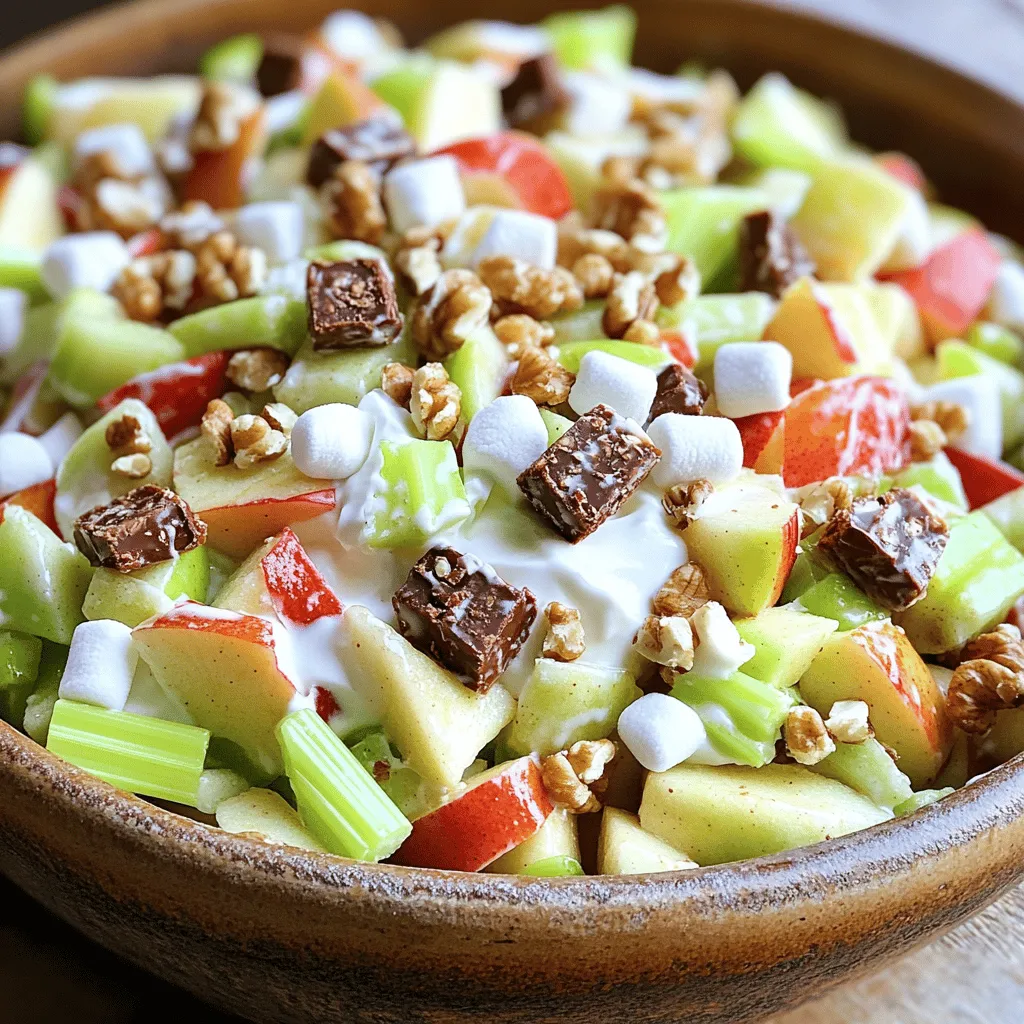- 4 medium apples (Granny Smith or Honeycrisp), diced - 1 cup Snickers bars, chopped (about 4-5 bars) - 1 cup chopped celery - 1 cup mini marshmallows - 1 cup whipped topping (like Cool Whip) - ½ cup Greek yogurt (vanilla flavored for sweetness) - ¼ cup chopped walnuts or pecans (optional) - 2 tablespoons lemon juice To make Snickers Apple Salad, gather all these tasty ingredients. I like using Granny Smith apples for a nice tartness. Honeycrisp apples work great too, adding sweetness and crunch. The Snickers bars bring that rich chocolate and caramel flavor, which pairs perfectly with the apples. Chop your celery for a refreshing crunch. Mini marshmallows add a fun, fluffy texture that kids love. Whipped topping makes the salad creamy, and Greek yogurt adds a nice tang. If you want extra crunch, toss in walnuts or pecans. The lemon juice is key. It keeps the apples fresh and bright. You can adjust the amount based on your taste. - Alternative fruits to consider: pears, bananas, or grapes - Mix-ins for added texture: shredded coconut or granola You can swap in other fruits like pears or bananas for a twist. Grapes also add a nice pop of sweetness. If you want more texture, add shredded coconut or granola. - Mixing bowls - Spatula - Chopping knife For this salad, a good mixing bowl is a must. You’ll need it to combine all your ingredients. A spatula helps gently mix without squishing your apples. A sharp chopping knife makes cutting your fruit easy and safe. To prepare the apples, start by washing them well. I use Granny Smith or Honeycrisp apples for their crispness. Dice four medium apples into bite-sized pieces. After chopping, drizzle two tablespoons of lemon juice over the apples. This step keeps them fresh and bright. Next, it's time to mix the ingredients together. In a large mixing bowl, combine the diced apples with one cup of chopped celery, one cup of mini marshmallows, and one cup of chopped Snickers bars. If you want, you can add a quarter cup of chopped nuts, like walnuts or pecans. Stir everything gently to combine. Now, let's make the whipped topping and yogurt mixture. In a separate bowl, stir together one cup of whipped topping and half a cup of Greek yogurt. I prefer vanilla-flavored yogurt for a touch of sweetness. Mix until both ingredients are well combined and smooth. Then, fold everything together. Take the whipped topping mixture and gently fold it into the apple mixture. Make sure every piece is coated well. This gives the salad a creamy texture while keeping the apples crunchy. Chill the salad for at least 30 minutes in the refrigerator. This time allows the flavors to meld and enhances the taste. If you want the best flavor, I recommend chilling it longer, even overnight. For serving, use individual bowls or a large serving dish. To make it pretty, garnish with extra chopped Snickers or nuts on top. This adds a nice crunch and looks great! Enjoy your delightful Snickers Apple Salad! To keep your apples fresh, use lemon juice. Drizzle 2 tablespoons over the diced apples right after cutting them. This prevents browning and keeps them looking great in your salad. When choosing apples, pick Granny Smith or Honeycrisp. These types add a nice crunch and a sweet-tart flavor. Their firmness holds up well, making them perfect for your salad. Snickers Apple Salad is great for many occasions. Serve it at potlucks, picnics, or family gatherings. Kids love it, too! For serving, use a large bowl or individual cups. Clear dishes let the colorful layers shine. You can also use fun, themed bowls for parties to make it more exciting. For toppings, consider extra chopped Snickers or nuts. This adds crunch and looks nice on top. Get creative with your presentation! Layer the salad in a glass bowl to show off the colors. You can also serve it with a sprinkle of cinnamon or a drizzle of caramel for a sweet touch. {{image_2}} You can swap out Snickers bars for other candy bars. Try Reese's for a peanut butter twist. Milky Way adds a smooth caramel flavor. For a fruity touch, M&M's bring color and sweetness. If you want to change the apples, use pears or bananas. They add their own unique taste. Berries like strawberries or blueberries can also work well. Just make sure to adjust the lemon juice to keep things fresh. For a lighter version, consider low-calorie whipped topping. Look for brands that cut extra sugar. You can also use Greek yogurt alone or mixed with a bit of honey for sweetness. This keeps the creamy texture without all the calories. Another option is to use plain yogurt. It offers a tangy taste that pairs well with the fruits. This can make the dish more nutritious and still delicious. In autumn, add chopped nuts like pecans or walnuts for crunch. You can also sprinkle some cinnamon for warmth. Dried cranberries or raisins add a fun chewiness. For the holidays, mix in festive candies like holiday M&M's or peppermint pieces. This gives your salad a special touch. Serve in a fun dish to make it even more festive. To keep your Snickers Apple Salad fresh, place it in an airtight container. Make sure the lid seals well to prevent air from entering. This salad stays good in the fridge for about 3 to 5 days. If you notice any browning of the apples, it's time to toss it out. Freezing this salad is not the best option. The apples and whipped topping do not freeze well. If you must freeze it, store it in a freezer-safe container. When you want to eat it, let it thaw in the fridge overnight. After thawing, the texture may change, so be cautious about this. Before serving leftovers, give the salad a gentle stir. This helps mix the flavors again. If the salad looks dry, you can add a bit more whipped topping. Signs that the salad isn’t good anymore include a sour smell or a change in color. Always trust your senses before serving! Can I make Snickers Apple Salad ahead of time? Yes, you can make Snickers Apple Salad ahead of time. It tastes even better after chilling. Just prepare it and store it in the fridge. I suggest making it a few hours before serving. This gives the flavors time to mix well. What can I substitute for Greek yogurt? If you don't have Greek yogurt, you can use sour cream. It adds creaminess and a nice tang. Another option is plain regular yogurt, but it may be less thick. Choose a substitute that fits your taste. Caloric content per serving Each serving of Snickers Apple Salad has about 250 calories. This can vary based on the ingredients you choose. Breakdown of macros (carbs, fats, proteins) - Carbs: 35 grams - Fats: 10 grams - Proteins: 3 grams This salad offers a nice balance of sweetness and crunch without too many calories. Gluten-free options To make this salad gluten-free, ensure your candy bars are gluten-free. Most Snickers bars are gluten-free, but check the label. You can enjoy this dish without worry. Nut-free variations If you want a nut-free salad, skip the walnuts or pecans. You can still enjoy the crunch with celery and marshmallows. This keeps the salad safe for those with nut allergies. In conclusion, making Snickers Apple Salad is fun and easy. You can customize it with different fruits and nuts. Combine the ingredients well and chill before serving for the best taste. Remember, using lemon juice stops apples from browning. This dish is perfect for parties or gatherings. Store leftovers in the fridge and enjoy them later. With a few simple swaps, you can even make it healthier. Enjoy your delightful creation and impress your friends with this tasty treat!