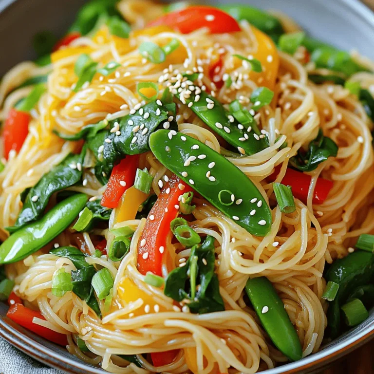 - 200g rice noodles - 1 red bell pepper, sliced - 1 cup snap peas, trimmed - 1 cup baby spinach - 4 cloves garlic, minced - 1-inch piece of ginger, grated Rice noodles are the base of this dish. They cook fast and soak up flavors well. Fresh vegetables add color and crunch. I love using red bell pepper for sweetness and snap peas for their crispness. Baby spinach wilts nicely, making it a great addition. Aromatics like garlic and ginger bring bold flavor, making this stir-fry pop. - 3 tablespoons soy sauce (low sodium) - 1 tablespoon sesame oil - 2 tablespoons vegetable oil - 1 teaspoon chili flakes (optional) - Salt and pepper to taste Soy sauce adds umami depth to the dish. I prefer low-sodium for better control over saltiness. Sesame oil gives a nutty flavor that enhances the stir-fry. Vegetable oil is perfect for cooking at high heat without burning. If you like a little heat, add chili flakes. Season with salt and pepper to balance flavors. First, cook the rice noodles by following the package instructions. Usually, you need to boil water and add the noodles. Cook them until they are just tender. This often takes about 3-5 minutes. Once done, drain the noodles in a colander. To keep them from sticking, toss the noodles with a little vegetable oil. This simple step makes a big difference. Next, heat 2 tablespoons of vegetable oil in a large wok or skillet over medium-high heat. Make sure the oil is hot but not smoking. Add 4 cloves of minced garlic and 1-inch grated ginger to the wok. Sauté the garlic and ginger for about 30 seconds until they smell great. This adds a strong flavor to your dish. Now it's time to add the fun stuff! Toss in 1 sliced red bell pepper and 1 cup of trimmed snap peas. Stir-fry these vegetables for about 2-3 minutes. You want them to be bright and a bit tender but still crisp. Then, add the cooked rice noodles and 1 cup of baby spinach to the skillet. Pour in 3 tablespoons of low-sodium soy sauce and 1 tablespoon of sesame oil. Gently toss everything together, making sure to coat the noodles and veggies well. Cook for another 2-3 minutes until everything is warm. If you like some heat, sprinkle in 1 teaspoon of chili flakes. Finally, season with salt and pepper to taste, and mix well before removing from heat. To make a great stir-fry, focus on cooking your veggies right. Cut them into small, even pieces. This helps them cook quickly and evenly. Start with the tougher veggies, like bell peppers and snap peas. Cook them for about two to three minutes until they are bright and slightly tender. Next, taste as you go. You can adjust the seasoning to suit your taste. Add more soy sauce if you like it saltier. If you want heat, sprinkle in some chili flakes. Always remember to season at the end. This way, you control the flavor best. Cooking noodles can be tricky. To avoid overcooking, follow the package instructions closely. Drain them right when they are done and rinse with cool water. This stops the cooking process and keeps them firm. Toss them with a little vegetable oil. This helps prevent sticking later. If you have leftover noodles, store them in an airtight container. They will last a few days in the fridge. You can quickly reuse them in soups or salads. Just add a splash of water and reheat them gently in a pan. They will taste fresh again! {{image_2}} You can add protein to the Minute Garlic Ginger Noodle Stir-Fry. Chicken, shrimp, or tofu all work well. For chicken, use bite-sized pieces. Cook them first until golden, then set aside. For shrimp, peel and devein them. Add them after the garlic and ginger for fresh flavor. If you prefer tofu, use firm tofu. Cut it into cubes, then fry until crispy. Each option adds a different taste and texture to your dish. Feel free to swap out vegetables in this stir-fry. Broccoli, carrots, or zucchini are great choices. Cut broccoli into small florets for even cooking. Thinly slice carrots for quick stir-frying. Zucchini adds a nice bite, so keep it thin. You can mix and match any veggies you like. This flexibility keeps the dish exciting and colorful. For extra flavor, consider adding sauces or spices. A splash of hoisin sauce gives sweetness. You can also try oyster sauce for depth. For heat, add more chili flakes or a drizzle of sriracha. Fresh herbs like cilantro or basil add brightness. Experiment with these options to make the dish your own. To keep your Minute Garlic Ginger Noodle Stir-Fry fresh, store it in an airtight container. Place it in the fridge within two hours of cooking. This keeps the flavors locked in and helps prevent spoilage. Your stir-fry will stay good for up to three days. If you want to keep it longer, consider freezing it. Just make sure to use a freezer-safe container. When it's time to enjoy your leftovers, avoid the microwave if you can. The microwave can make the noodles mushy. Instead, heat a pan over medium heat. Add a splash of water or vegetable oil to help revive the stir-fry. Stir gently until it's heated through. This method keeps the texture nice and the flavors bright. If you use the microwave, cover the bowl with a damp paper towel. This will help keep some moisture in. To make this dish vegetarian, swap out any meat. Here are some ideas for substitutes: - Use tofu or tempeh for protein. - Add more vegetables like broccoli or carrots. - Ensure your soy sauce is plant-based. These changes keep the dish tasty and filling. Yes, you can prepare this dish in advance. Here are some tips: - Cook the noodles and store them separately. - Chop vegetables and keep them in the fridge. - Stir-fry everything just before serving. This method ensures the meal stays fresh and delicious. Pair this stir-fry with these tasty sides: - Spring rolls for a crunchy bite. - A light salad for freshness. - Steamed dumplings for a hearty option. These sides complement the flavors well and create a full meal. You can create a delicious Garlic Ginger Noodle Stir-Fry using rice noodles, fresh veggies, and simple seasonings. First, cook the noodles and stir-fry the vegetables with garlic and ginger. Combine everything with soy sauce and sesame oil for flavor. Remember to store leftovers properly and reheat them to keep their taste and texture. With these tips, you can easily enjoy a tasty and flexible dish. Mix in proteins or try different veggies to suit your taste. Now, you are ready to make this meal your own!
