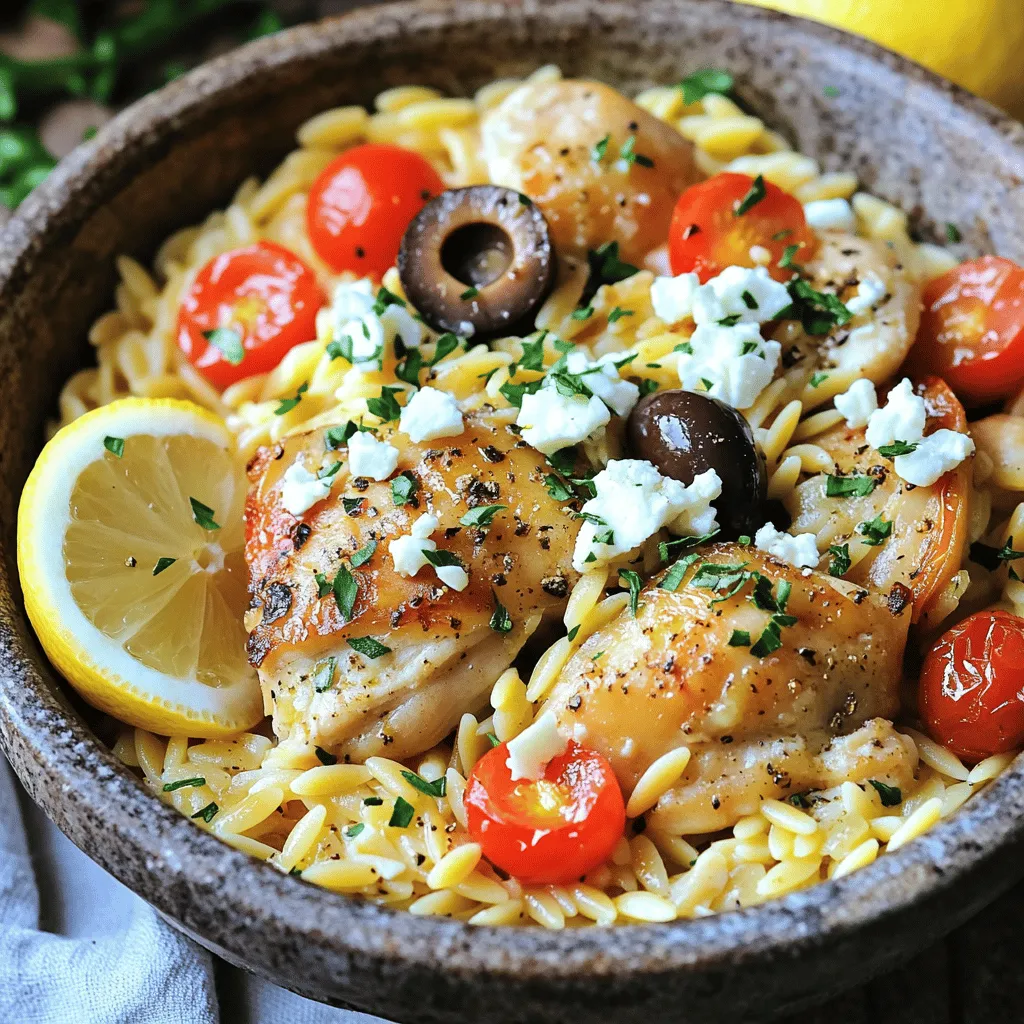 - 1 pound boneless, skinless chicken thighs, cut into bite-sized pieces - 1 cup orzo pasta - 3 cups chicken broth (low sodium) - 1 medium onion, diced - 3 cloves garlic, minced - 1 red bell pepper, chopped - 1 cup cherry tomatoes, halved - 1/2 cup Kalamata olives, pitted and sliced - 1/2 cup feta cheese, crumbled - Olive oil and spices (oregano, thyme, paprika, salt, and pepper) In this recipe, I focus on classic flavors. The chicken adds protein and flavor. I love using boneless, skinless chicken thighs because they stay juicy. Orzo pasta works well here. It cooks quickly and soaks up all the tasty broth. I use fresh vegetables for color and taste. The onion and garlic provide a nice base. Red bell pepper adds crunch. Cherry tomatoes give a burst of sweetness. Each bite feels fresh and bright. Kalamata olives bring a salty edge. Their bold flavor makes each bite special. Feta cheese adds creaminess and tang. I like to crumble it over the top for a nice finish. Using olive oil and herbs like oregano and thyme, I create a simple but rich flavor. Paprika adds warmth and a lovely color. Salt and pepper help to balance everything. These ingredients come together to create a comforting dish. You can enjoy it any day of the week! - Sautéing the Chicken Start by heating 2 tablespoons of olive oil in a large pot over medium heat. Season 1 pound of boneless, skinless chicken thighs with salt, pepper, and 1 teaspoon of paprika. Add the chicken to the pot and cook for about 5-7 minutes. You want it browned on all sides. Once done, remove the chicken and set it aside. - Sautéing Vegetables In the same pot, add 1 medium diced onion and 1 chopped red bell pepper. Cook them for about 3-4 minutes until soft. Then, add 3 cloves of minced garlic and stir for another minute. This step brings out rich flavors for your dish. - Toasting the Orzo Next, add 1 cup of orzo pasta to the pot. Stir it for about 2 minutes to toast it lightly. This will enhance its nutty flavor and add depth to your dish. - Adding Broth and Seasonings Pour in 3 cups of low-sodium chicken broth. Add 1 teaspoon of dried oregano, 1 teaspoon of dried thyme, and 1 cup of halved cherry tomatoes. Bring this mixture to a boil. The broth will cook the orzo and provide moisture. - Simmering Process Once boiling, reduce the heat to low. Return the chicken to the pot and cover it. Let it simmer for about 10-12 minutes. You want the orzo to cook and absorb most of the liquid. - Stirring in Olives and Feta After simmering, stir in 1/2 cup of sliced Kalamata olives and 1/2 cup of crumbled feta cheese. Mix well and taste your dish. Adjust the seasoning if needed. This adds a salty, briny kick to the meal. Now, it's almost time to serve your delightful One-Pot Greek Orzo with Chicken! - Perfectly Cooking Chicken To cook chicken well, start with bite-sized pieces. This helps them cook evenly. Season your chicken with salt, pepper, and paprika. Sauté in olive oil for 5 to 7 minutes. Look for a nice golden brown color. This step adds flavor and texture. - Achieving the Right Orzo Texture For the best orzo, toast it slightly before adding liquid. Stir for about 2 minutes. This makes orzo nutty and adds depth. When adding broth, watch the cooking time. Simmer for 10 to 12 minutes until it absorbs most of the liquid. The orzo should be tender but not mushy. - Adding Fresh Herbs Fresh herbs boost the taste of your dish. Parsley is a great choice for garnish. You can also add basil or dill for extra flavor. Stir in these herbs at the end for a fresh taste. - Adjusting Spice Levels If you like heat, add red pepper flakes. Start with a little, and taste as you go. You can also adjust the amount of paprika for more or less spice. This way, you can make the dish just how you like it. - Serving Ideas with Garnishes Serve your orzo in bowls. Top with fresh parsley and a sprinkle of feta cheese. A slice of lemon on the side brightens the dish. The colors make it look appetizing and inviting. - Pairing with Side Dishes or Bread This dish pairs well with a simple salad or crusty bread. A side of roasted vegetables can add more color and nutrition. You can even serve it with a glass of white wine for a complete meal experience. {{image_2}} You can easily swap proteins in this dish. Turkey works great in place of chicken. Shrimp adds a nice twist too. You can even use tofu for a plant-based option. For vegetables, try adding spinach, zucchini, or asparagus. These not only taste good but also bring color to the plate. If you need gluten-free options, use rice or gluten-free pasta instead of orzo. This keeps the dish tasty and friendly for those with gluten issues. For a vegetarian version, skip the chicken and add more veggies or chickpeas. The flavors will still shine through with just the orzo and broth. Want a kick? Add red pepper flakes for some heat. This will spice things up nicely! For a Mediterranean twist, consider adding artichokes or sun-dried tomatoes. These ingredients boost the flavor and add new dimensions to your meal. Feel free to experiment and find what makes your taste buds happy! - Refrigeration Guidelines: Store leftovers in the fridge for up to 3-4 days. - Best Storage Containers: Use airtight containers to keep your orzo fresh. Glass or plastic containers work well. - Freezing Recommendations: You can freeze the dish for up to 2 months. Make sure to let it cool completely before freezing. - Reheating Instructions: Thaw overnight in the fridge. Reheat on the stove or in the microwave until hot. - How to Maintain Flavor and Texture when Storing: To keep the flavors bright, add fresh herbs after reheating. Avoid freezing the olives and feta; add them fresh before serving. It takes about 15 minutes to prep and 30 minutes to cook. In total, you need about 45 minutes. This dish serves four people, making it perfect for a family meal. Yes, you can prepare this dish ahead of time. Cook it fully, then let it cool. Store it in the fridge for up to three days. For reheating, warm it on the stove with a splash of broth to keep it moist. I recommend a simple green salad with lemon vinaigrette. A side of crusty bread complements the meal well. For drinks, try a light white wine or sparkling water with lemon. These pair nicely with the Greek flavors. This blog post detailed a tasty recipe for One-Pot Greek Orzo with Chicken. We covered the main ingredients, which include chicken thighs, orzo pasta, and fresh veggies. The step-by-step instructions guide you through cooking and flavoring the dish. You gained tips for cooking and presentation, explored ingredient variations, and learned about storage options. As you try this dish, remember its flexibility and rich flavors. Enjoy cooking and sharing this meal with others!