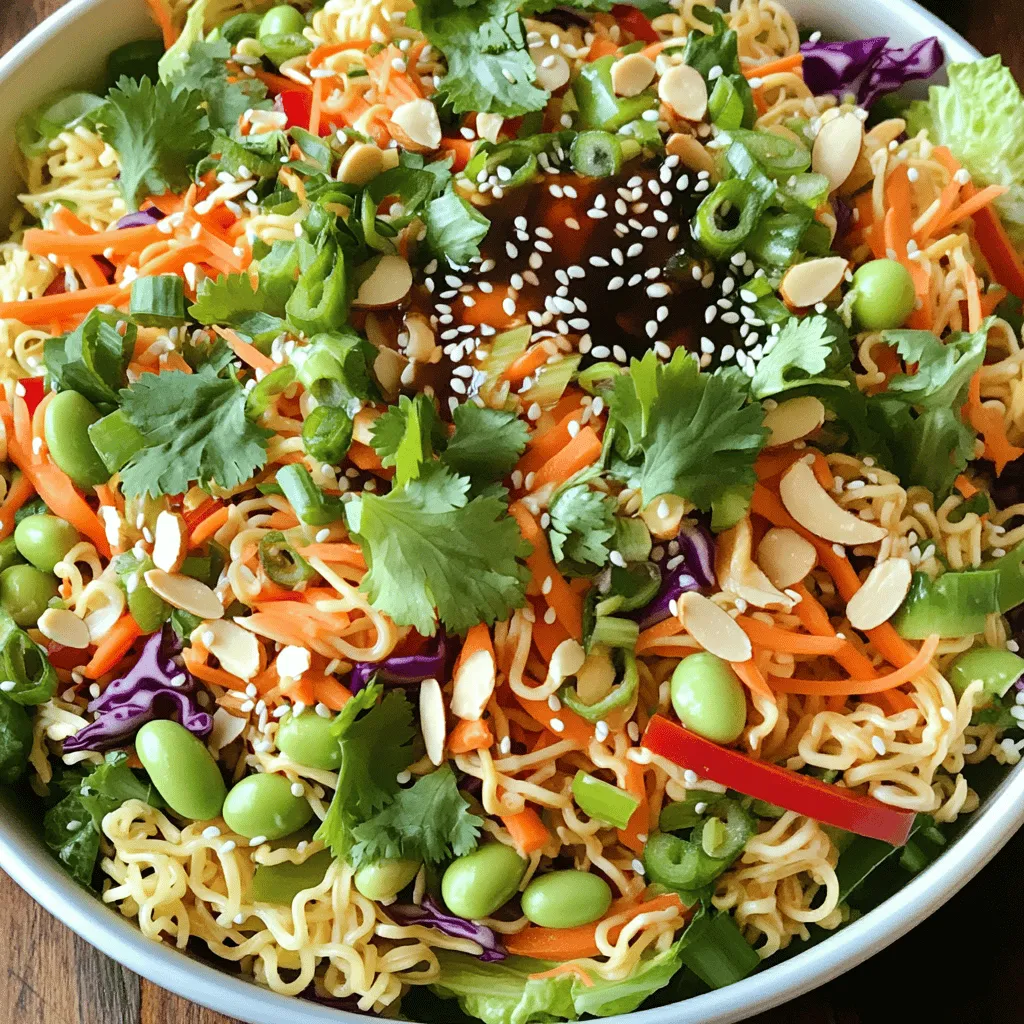 - 2 packs of instant ramen noodles - 1 cup shredded cabbage - 1 cup shredded carrots - 1 red bell pepper, thinly sliced - 1/2 cup edamame, shelled - 1/4 cup green onions, chopped - 1/4 cup cilantro leaves, chopped - 1/2 cup slivered almonds or sunflower seeds - 1/4 cup sesame seeds - 1/4 cup soy sauce - 3 tablespoons rice vinegar - 3 tablespoons sesame oil - 2 tablespoons honey or maple syrup - 1 teaspoon grated ginger - 1 clove garlic, minced - 1 teaspoon sriracha (optional, for spice) In this Crunchy Asian Ramen Salad, the ingredients create a delightful mix of flavors and textures. The instant ramen noodles serve as the base. You can easily find them at any store. Shredded cabbage and carrots add crunch and color. The red bell pepper provides sweetness and a bright pop. Edamame brings protein and a fun bite. Green onions and cilantro infuse freshness. You can use slivered almonds or sunflower seeds for extra crunch. Finally, sesame seeds add a nutty finish. For the dressing, the soy sauce gives depth. Rice vinegar adds tang, while sesame oil provides a rich flavor. Honey or maple syrup balances the saltiness. Grated ginger and minced garlic enhance the taste. Sriracha adds a kick, but it's optional. This dressing ties everything together, making the salad vibrant and delicious. - First, boil water in a pot for the ramen. - Add the noodles and cook for 3-4 minutes. - Drain the noodles and rinse them under cold water. Cooking the ramen is simple and quick. Boiling water takes only a few minutes. The noodles cook fast, too. Rinsing them in cold water stops the cooking. This way, your noodles stay firm and fresh. - In a small bowl, whisk together soy sauce and rice vinegar. - Next, add sesame oil, honey, grated ginger, minced garlic, and sriracha if you like spice. Making the dressing is easy and fun. You blend sweet, salty, and spicy flavors. The soy sauce and rice vinegar create a tasty base. The honey adds sweetness, while ginger and garlic give it a kick. Sriracha can add some heat, so use it as you wish. - In a large salad bowl, mix shredded cabbage, shredded carrots, sliced bell pepper, edamame, green onions, and cilantro. - Add the cooled ramen noodles and pour the dressing over the salad. - Toss everything gently to combine. Combining the salad is where the magic happens. You can use any veggies you love. The crunch from the cabbage and carrots adds texture. The noodles soak up the dressing, making every bite flavorful. Tossing gently ensures nothing breaks apart, keeping your salad pretty. Serve your Crunchy Asian Ramen Salad chilled or at room temperature. This keeps the flavors fresh and bright. For a lovely touch, garnish with extra sesame seeds and fresh cilantro. These add color and a burst of flavor. Want to make this salad even better for you? Substitute honey with agave syrup for a vegan option. This change keeps it sweet without the bees. Also, using low-sodium soy sauce gives you a lighter dressing. It helps you enjoy all the flavors without the extra salt. To spice things up, add crushed red pepper for heat. This gives the salad a nice kick! You can also mix in lime juice for a fresh twist. The lime juice brightens the dish and adds a zesty flavor that works well with the other ingredients. {{image_2}} You can boost this salad by adding protein. Grilled chicken or shrimp works well. They add a nice texture and flavor. If you want a vegetarian option, try tofu. It soaks up the dressing and adds heartiness. Feel free to get creative with your veggies. You can swap in cucumbers or radishes for a fresh crunch. Broccoli or snap peas also make great additions. They add more color and bite to your salad. Don't feel stuck with just ramen noodles. You can try whole wheat ramen noodles for a healthier twist. If you need a gluten-free option, rice noodles are perfect. They still give you that enjoyable chew. Store your Crunchy Asian Ramen Salad in an airtight container in the fridge. This keeps the salad fresh and crispy. For the best taste, consume it within 2-3 days. After that, the veggies can lose their crunch. Freezing this salad is not a good idea. The texture changes when thawed. If you want to keep it longer, store the dressing separately. This way, it stays fresh and flavorful. If you prefer your salad warm, you can gently reheat it. Use a pan and add a splash of water to help. However, the salad is best enjoyed fresh. The crunchiness and flavors shine when served cold or at room temperature. Yes, you can make this salad ahead of time. To keep it fresh, prepare the salad and dressing separately. Mix them just before serving. This way, the noodles stay crunchy, and the veggies remain crisp. Indeed, it’s a great option for meal prep. You can store the veggies and ramen separately from the dressing. This keeps everything fresh for your weekly lunches or quick dinners. Just grab and go! If you want a change, you can use different noodles. Soba noodles or rice noodles work well. For a low-carb option, try zucchini noodles. All these alternatives give you a unique twist on the salad. In this blog post, I shared a tasty Crunchy Asian Ramen Salad recipe. We covered the ingredients, step-by-step instructions, and tips for making it healthier. You can customize it with proteins and veggies. Remember to store it properly for the best taste. This salad is simple and fun to make, perfect for any meal. Enjoy your fresh, vibrant dish that’s full of flavor and color. Happy cooking!