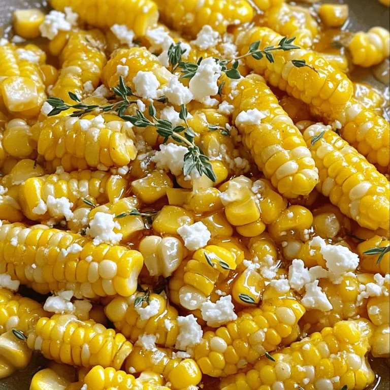 You need 4 cups of fresh corn kernels, which is about 6 ears of corn. Fresh corn brings a sweet crunch that makes this dish shine. You can cut the kernels off the cob easily. Look for bright yellow corn that feels firm when you squeeze it. Use 4 tablespoons of unsalted butter and 2 tablespoons of honey. The butter adds richness, while honey gives a sweet touch. Together, they coat the corn and make every bite a delight. Choose a good quality honey for the best flavor. Add 1 tablespoon of fresh thyme leaves or 1 teaspoon of dried thyme. Thyme adds a hint of earthiness that balances the sweetness. Don't forget to add salt and black pepper to taste. Seasoning is key to making the corn pop with flavor. If you want a little extra flair, sprinkle 1/4 cup of crumbled feta cheese on top. The feta adds creaminess and a salty bite. You can also try adding fresh herbs or a squeeze of lime for more flavor. These garnishes make the dish even more special. Start by choosing a large skillet. Place it on the stove over medium heat. Add four tablespoons of unsalted butter. Watch the butter melt and foam. This step is key for flavor. Once the butter is melted, add four cups of fresh corn kernels. Stir well to coat the corn in butter. Cook the corn for about five to seven minutes. Stir occasionally and watch for a golden color. Caramelization adds a sweet taste. Lower the heat to low once the corn is golden. Drizzle in two tablespoons of honey. Sprinkle in one tablespoon of fresh thyme leaves, salt, and black pepper. Stir all the ingredients together. Let this cook for an extra two to three minutes. This helps the corn absorb the honey butter flavor. Taste the corn and adjust the salt and pepper if needed. For a fun twist, add crumbled feta cheese on top before serving. This dish pairs well with grilled meats or fresh salads. Enjoy your sweet and savory corn dish! For the best flavor, use fresh corn kernels. Look for corn that is bright and firm. The kernels should be plump and juicy. If you can, buy corn at a local market. This way, you get corn that is in season. Fresh corn tastes sweeter and is more vibrant. If you can't find fresh corn, frozen corn works too. Just remember to thaw it before cooking. To get that great caramelized taste, heat the butter well. Use medium heat and let it foam. Once the butter foams, add the corn right away. Stir the corn often to coat it in butter. Cook for about 5 to 7 minutes. Watch for the kernels to turn golden brown. This gives your corn a sweet and rich flavor. If you cook it too long, it can burn, so keep an eye on it. If you want to change things up, you can swap honey for maple syrup. This gives a different sweet touch. For butter, you can use coconut oil for a dairy-free option. It adds a nice flavor too. If you want a richer taste, use ghee instead of regular butter. Each choice gives a unique twist to your dish. Feel free to experiment and find what you like best! {{image_2}} To add a kick to your dish, try spicy honey butter skillet corn. Start by adding 1-2 teaspoons of cayenne pepper or chili powder when you add the honey. This brings a nice heat that balances with the sweet honey. You can also stir in some chopped jalapeños for more texture and heat. I love how the spice enhances the sweetness of the corn. You can mix in different flavors for a unique taste. Try adding diced bell peppers or red onions. They add a nice crunch and sweet taste. For a savory twist, mix in cooked bacon bits or sautéed mushrooms. Both options add depth to the dish. If you want a touch of freshness, toss in some chopped parsley or cilantro right before serving. If you prefer a vegan version, replace the butter with vegan margarine or coconut oil. Use maple syrup instead of honey for a similar sweet taste. This keeps the dish rich and flavorful while being plant-based. You won't miss the butter at all! Just follow the same cooking steps, and you will have a tasty vegan treat. To keep your honey butter skillet corn fresh, let it cool down first. Once cooled, place it in an airtight container. This will help keep the flavors intact. Store it in the fridge for up to three days. Make sure to keep it tightly sealed to avoid drying out. When it's time to enjoy your leftovers, use a skillet for the best results. Heat the skillet over medium-low heat. Add a splash of water or butter to help rehydrate the corn. Stir often until it's heated through. This method keeps the corn tasty and avoids burning. You can also use a microwave. Place the corn in a bowl, cover it with a damp paper towel, and heat for one to two minutes. Stir halfway through for even heating. If you want to save the corn for later, freezing works well. First, cool the corn completely. Then, portion it into freezer-safe bags or containers. Remove as much air as possible before sealing. Label the bags with the date. Frozen corn lasts up to three months. When you’re ready to use it, thaw it overnight in the fridge. Reheat it using the skillet method for the best taste. Yes, you can use frozen corn. Just make sure to thaw it first. Frozen corn cooks faster than fresh corn, so reduce the cooking time by a few minutes. This way, you'll still get a sweet and tasty dish. Honey Butter Skillet Corn pairs well with many dishes. It goes great with grilled chicken or steak. You can also serve it with tacos or a fresh salad. The sweet flavor makes it a hit at any meal. To make this dish ahead, cook the corn as directed. Let it cool, then store it in an airtight container. You can keep it in the fridge for up to three days. When ready to serve, simply reheat it on the stove, adding a bit of butter if needed. You can try adding different herbs, like basil or cilantro. For a spicy kick, add jalapeños or chili powder. You might also mix in other vegetables like bell peppers or zucchini. Each twist brings new flavors to the dish. Honey butter skillet corn is a simple dish with fresh flavors. We explored key ingredients like corn, butter, and honey, plus seasonings. The step-by-step guide showed you how to cook it easily. Tips and tricks helped you pick the best corn and ensure a tasty caramelization. With fun variations, like spicy or vegan options, there's something for everyone. Now, you can enjoy this dish fresh or store it for later. Let your creativity shine when making it!