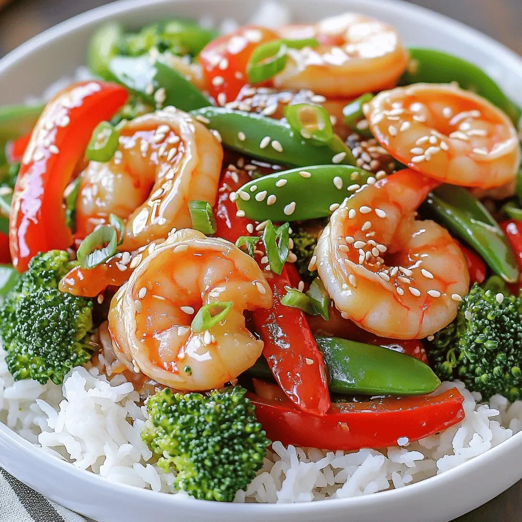 - Large shrimp (1 lb, peeled and deveined) - Honey (2 tablespoons) - Soy sauce (3 tablespoons) - Garlic (3 cloves, minced) - Ginger (1 inch, grated) - Red bell pepper (1, sliced) - Broccoli florets (1 cup) - Snap peas (1 cup) - Green onions (2, chopped) - Sesame seeds (for garnish) - Optional: Cornstarch (1 tablespoon, for thickening) The main stars of this dish are the shrimp. I like to use large shrimp for a nice bite. You can find them fresh or frozen. If you pick frozen shrimp, make sure to thaw them first. The honey adds a sweet touch, while the soy sauce gives it a nice salty flavor. Garlic and ginger are key players here. They bring warmth and a bit of spice. I use three cloves of garlic and a small chunk of ginger. Grate the ginger to release its full flavor. The veggies add color and crunch. I love red bell pepper for its sweetness. Broccoli florets give a nice texture, and snap peas add a fresh crunch. For a finishing touch, sprinkle some green onions and sesame seeds. They enhance the look and add a bit of bite. If you like a thicker sauce, include cornstarch. It helps bind all the tasty flavors together. - Mix honey, soy sauce, garlic, ginger, and sesame oil in a bowl. - Whisk in cornstarch for a thicker sauce, if desired. To start, gather your ingredients and a small bowl. Add honey and soy sauce first. Then, add minced garlic and grated ginger. Pour in the sesame oil for a rich flavor. If you want a thicker sauce, add the cornstarch now. Whisk until smooth and set it aside. This sauce brings sweet and savory notes that make the dish pop. - Heat a skillet or wok over medium-high heat. - Cook shrimp for 2-3 minutes until pink and opaque. - Remove and set aside. Next, grab a large skillet or wok. Heat it over medium-high heat until hot. Add the shrimp to the skillet. You will see them turn pink and opaque in about 2-3 minutes. Once cooked, remove the shrimp and set them aside. This step is quick, but it locks in all the flavors. - Add oil to the skillet if needed. - Stir-fry red bell pepper, broccoli, and snap peas for 3-4 minutes. - Return shrimp and add honey garlic sauce. In the same skillet, add a splash of oil if the pan seems dry. Toss in the sliced red bell pepper, broccoli florets, and snap peas. Stir-fry these for about 3-4 minutes. You want them tender but still crisp. Once ready, return the shrimp to the skillet. Pour the honey garlic sauce over everything. Stir well to mix the flavors, and cook for another 2 minutes. The sauce will coat the shrimp and veggies beautifully. Enjoy the vibrant colors and tempting aromas! - Select fresh or frozen large shrimp. - Look for a clean, unblemished appearance. Choosing the right shrimp is crucial for this dish. Fresh shrimp gives the best taste. If you use frozen shrimp, make sure to thaw them first. Run cold water over them for quick thawing. The shrimp should feel firm and not slimy. This ensures a great texture in your stir fry. - Ensure skillet is hot enough before adding shrimp. - Don’t overcrowd the pan for proper cooking. A hot skillet is key to a good stir fry. Preheat your skillet on medium-high heat. You want it sizzling when you add the shrimp. If the pan is too crowded, the shrimp will steam instead of fry. Cook in batches if needed. This keeps the shrimp juicy and flavorful. - Consider adding red pepper flakes for heat. - Sprinkle sesame oil before serving for extra flavor. To make your dish pop, add red pepper flakes. This simple step adds a nice kick. Just sprinkle them over the shrimp while cooking. For a final touch, drizzle sesame oil on top before serving. This adds a rich, nutty flavor. Enjoy the mix of sweet and savory! {{image_2}} You can easily switch out the shrimp for other proteins. Chicken works well in this dish. Just cut it into bite-sized pieces. Cook the chicken until it’s golden brown and fully cooked. Tofu is another great choice. Use firm or extra-firm tofu for the best texture. Simply cube it and pan-fry until crispy. You can also experiment with mixed seafood like scallops and squid. This gives your meal an exciting twist. Feel free to mix in different vegetables for a unique touch. Bell peppers come in many colors. Try using yellow or green bell peppers for a splash of color. Green beans can replace snap peas. They add a nice crunch and flavor. Carrots, mushrooms, and zucchini can also enrich your stir fry. Just make sure to cut them into even pieces so they cook well. If you want to change the sauce, there are many options. Teriyaki sauce brings a sweet and savory taste. Sweet chili sauce adds a bit of heat and sweetness. For a fresh twist, mix soy sauce with grated ginger. This adds warmth and depth to the dish. Don’t hesitate to get creative with your flavors! Store any leftovers in an airtight container. This keeps the shrimp fresh. It will stay good for 2-3 days in the fridge. I always recommend checking for freshness before you eat it again. If you want to keep it longer, freeze the portions in freezer-safe bags. Make sure to remove as much air as possible. It tastes best if used within 2 months for optimal flavor. When reheating, do so gently in a skillet with a splash of water. This helps maintain the shrimp's texture. Avoid overcooking, as it can make the shrimp tough. Enjoy your meal just as you made it! Yes, you can use frozen shrimp. Just make sure to thaw them before cooking. You can leave them in the fridge overnight or run them under cold water for a quick thaw. This keeps the shrimp juicy and tender. To add spice, you can mix in red pepper flakes or a splash of sriracha. Start with a little and taste as you go. This way, you can control how spicy you want your dish. You can serve this dish over rice or noodles. Both options soak up the sauce well and make the meal more filling. You can also add a side of steamed vegetables for extra nutrients. Honey garlic shrimp stir fry combines simple ingredients for a tasty meal. You learned to prepare a sweet and savory sauce, cook shrimp, and stir-fry colorful veggies. Remember, you can swap proteins and vegetables as you like. Store leftovers safely to enjoy later. With these tips and tricks, you're ready to create a delicious dish that adds variety to your meals. Enjoy your cooking adventure while impressing friends and family!