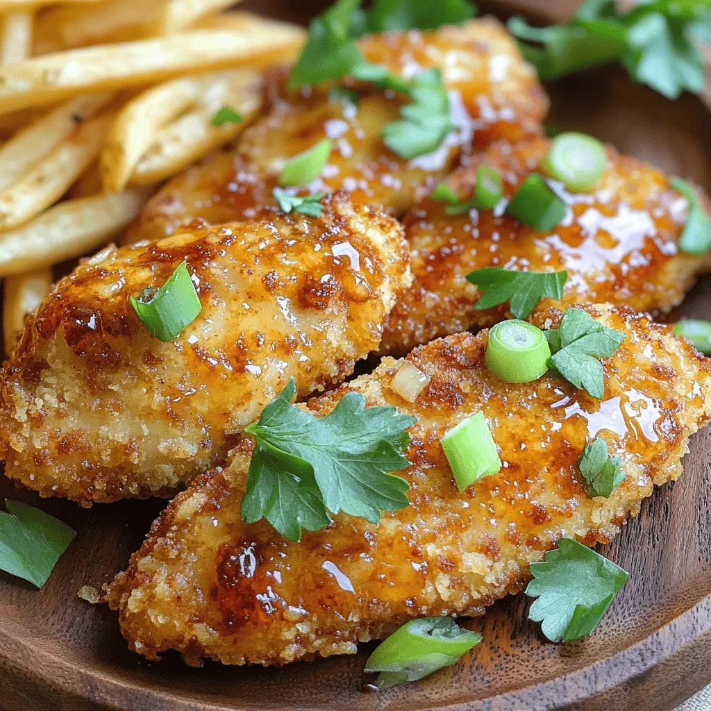 To create tasty crispy honey garlic chicken tenders, you need a few key items. Here’s what you will need: - 1 pound chicken tenders - 1 cup all-purpose flour - 2 large eggs - 1 cup breadcrumbs (use panko for extra crispiness) - 1 teaspoon garlic powder - 1 teaspoon onion powder - 1 teaspoon smoked paprika - Salt and pepper to taste - Cooking oil for frying These ingredients work together to give you juicy chicken with a crunchy outside. The sauce adds the sweet and savory flavor. For the honey garlic sauce, gather these ingredients: - 1/2 cup honey - 4 cloves garlic, minced - 2 tablespoons soy sauce - 1 tablespoon rice vinegar - 1/2 teaspoon crushed red pepper flakes (optional, for heat) This sauce makes the tenders shine with flavor. The honey pairs well with the garlic for a delightful taste. Feel free to get creative with your seasonings! Here are some optional extras you can add: - Extra spices like paprika or cayenne for more heat - Fresh herbs like parsley or cilantro for freshness - Lemon zest for a citrusy kick These additions can help you make your chicken tenders uniquely yours. Experimenting with flavors is part of the fun! First, take your pound of chicken tenders. Season them with salt, pepper, garlic powder, onion powder, and smoked paprika. Mix these spices well to coat the chicken evenly. Let the tenders sit for about 15 minutes. This step helps the flavors soak in. Next, gather three shallow bowls. In the first bowl, add 1 cup of flour. In the second bowl, beat 2 large eggs until smooth. In the third bowl, place 1 cup of breadcrumbs, preferably panko. Panko gives the best crunch. This setup makes it easy to coat the chicken evenly. Now, heat about 1/2 inch of cooking oil in a large skillet over medium-high heat. Wait until the oil shimmers. Carefully place the chicken tenders in the hot oil. Avoid overcrowding. Fry them for about 4-5 minutes on each side. They should turn golden brown and crispy. Once cooked, use a paper towel-lined plate to drain the excess oil. This method ensures you get tasty, crispy honey garlic chicken tenders that are bursting with flavor. To get the best crunch, use panko breadcrumbs. They create a light and airy texture. Start by seasoning the chicken well. I use garlic powder, onion powder, and smoked paprika for flavor. Letting the chicken sit for 15 minutes helps the flavors soak in. This step is key for taste. When you bread the chicken, shake off any extra flour. This prevents clumps and ensures even coating. Fry the tenders in hot oil. Use about half an inch of oil in your skillet. Make sure the oil is shimmering before you add the chicken. Fry in small batches so the heat stays high. This is how you get that golden brown look and crispiness. The honey garlic sauce takes this dish over the top. Combine honey, minced garlic, soy sauce, and rice vinegar in a saucepan. Heat it gently until smooth and fragrant. Adding crushed red pepper flakes gives it a nice kick. If you want more flavor, try adding fresh ginger or a splash of lime juice. Both work well to brighten the dish. Toss the fried tenders in the warm sauce right before serving for the best taste. Presentation makes a meal more fun. Serve your chicken tenders on a large plate. I like to sprinkle fresh parsley and sliced green onions on top. This adds color and freshness. Pair them with coleslaw or crispy fries for a complete meal. You can also serve them with dipping sauces like ranch or sweet chili. This gives everyone options to enjoy. {{image_2}} You can mix up the flavor of your crispy honey garlic chicken tenders with different sauces. Here are a few ideas: - BBQ Sauce: Swap the honey garlic sauce for your favorite BBQ sauce for a smoky taste. - Teriyaki Sauce: Use teriyaki for a sweet and savory twist. This pairs well with the chicken. - Buffalo Sauce: If you like heat, toss the tenders in buffalo sauce after frying. It adds a spicy kick. Making these tenders gluten-free is easy! Here are some steps: - Flour: Use almond flour or gluten-free all-purpose flour instead of regular flour. - Breadcrumbs: Replace panko with gluten-free breadcrumbs or crushed cornflakes for crunch. - Soy Sauce: Opt for tamari, which is gluten-free, when making the sauce. Want to spice things up? Here are some ways to adjust the heat: - Crushed Red Pepper Flakes: Add more than the 1/2 teaspoon for extra heat in the sauce. - Hot Sauce: Mix in a splash of your favorite hot sauce to the honey garlic sauce for a kick. - Chili Powder: Sprinkle chili powder on the chicken before frying it for a subtle warmth. These variations keep the meal exciting and let you customize your crispy honey garlic chicken tenders to suit your taste! After enjoying your crispy honey garlic chicken tenders, store any leftovers in an airtight container. Let them cool to room temperature first. This keeps them fresh and tasty. Place the container in the fridge. They will stay good for up to three days. When you're ready to enjoy the leftovers, reheating is key. Preheat your oven to 375°F (190°C). Place the tenders on a baking sheet. Bake them for about 10-15 minutes. This method keeps them crispy. You can also use an air fryer at 350°F for about 5-7 minutes. This gives a nice crunch, just like fresh. Want to save some for later? You can freeze the chicken tenders too! First, let them cool completely. Then, arrange them in a single layer on a baking sheet. Freeze until solid, about 1-2 hours. Once frozen, transfer them to a freezer bag. They can last for up to two months. When ready to eat, thaw in the fridge overnight. Reheat in the oven or air fryer for the best results. To make chicken tenders extra crispy, you need a few key steps. First, use panko breadcrumbs. Panko is lighter and crunchier than regular breadcrumbs. Second, make sure to let the chicken sit after breading. This helps the coating stick better. Third, fry the tenders in hot oil. The oil should shimmer, about 350°F. Fry in batches to avoid crowding. This keeps the heat steady and helps them cook evenly. Yes, you can bake the chicken tenders! Preheat your oven to 400°F. Arrange the breaded tenders on a baking sheet lined with parchment paper. Spray them lightly with cooking oil to help them crisp up. Bake for about 20-25 minutes, flipping halfway through. They may not be as crispy as fried, but they will still be tasty. Crispy honey garlic chicken tenders go well with many sides. Here are some great options: - Coleslaw adds crunch and freshness. - Crispy fries give a classic fast-food feel. - Steamed broccoli adds color and nutrients. - Rice is a great base to soak up the sauce. - A simple salad can lighten the meal. These sides will make your meal complete and delicious! In this post, we covered how to make chicken tenders from start to finish. We explored essential ingredients, cooking methods, and tips for crispiness. I shared variations to keep things exciting and how to store leftovers properly. Remember, cooking can be fun and simple. Make these tenders your own by trying different sauces or spices. Enjoy the delicious results and share them with family and friends!