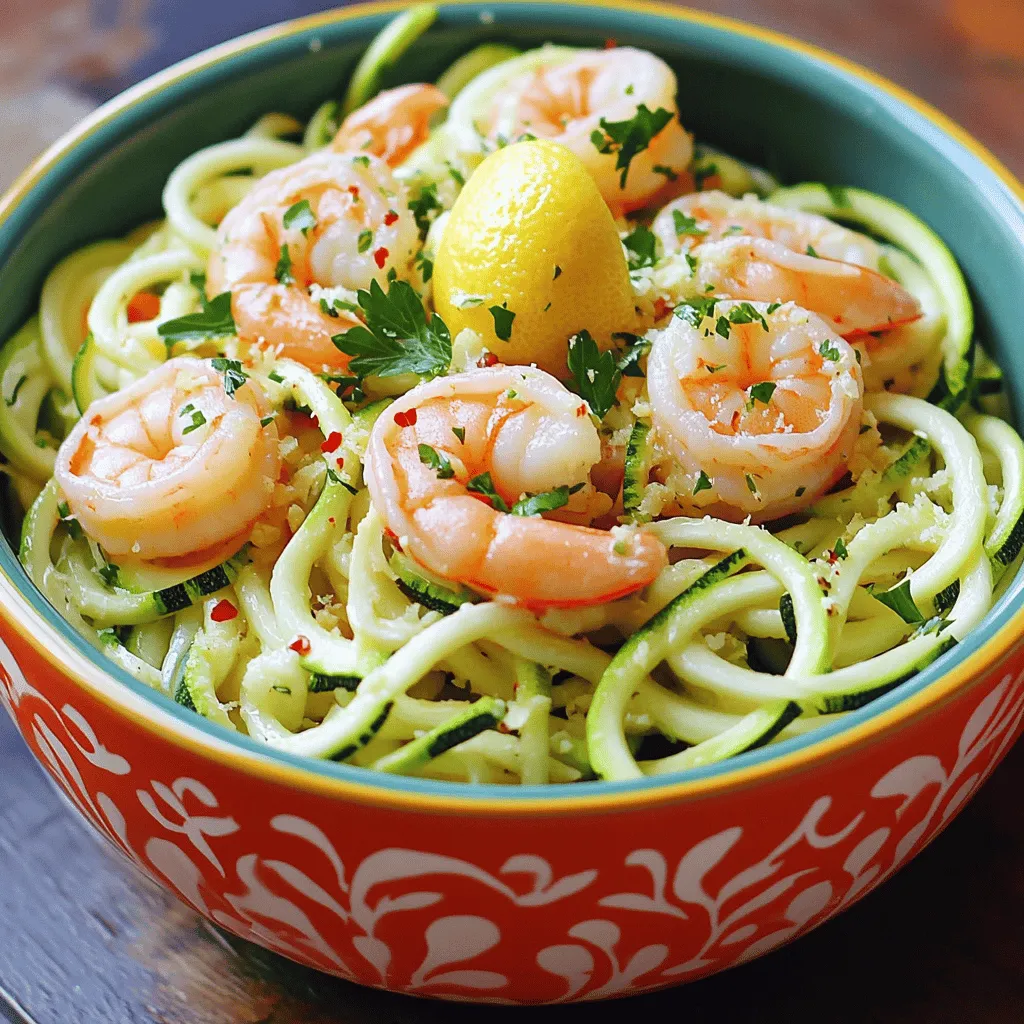 Lemon Garlic Shrimp Zoodles is a bright and tasty dish. It combines fresh shrimp, zoodles, and zesty lemon. This recipe is quick and easy to make, perfect for busy weeknights. You can enjoy it in just 20 minutes. The meal is light, healthy, and packed with flavor. - 2 medium zucchini, spiralized into noodles (zoodles) - 1 pound large shrimp, peeled and deveined - 4 cloves garlic, minced - 3 tablespoons olive oil - 1 lemon (zest and juice) - 1/4 teaspoon red pepper flakes (optional) - Salt and pepper to taste - Fresh parsley, chopped (for garnish) - Grated Parmesan cheese (optional) Zucchini makes a great base for this dish. It absorbs flavors well and adds crunch. Shrimp cooks fast and soaks up garlic and lemon. The garlic gives a lovely aroma and taste. Olive oil adds richness, while lemon juice brightens everything. Red pepper flakes add heat, but you can skip them if you prefer. Fresh parsley gives a nice touch and color. If you love cheese, Parmesan is a great finish. Using these fresh ingredients makes your meal healthy and enjoyable. They are easy to find at your local store. Always choose firm, bright zucchini for the best zoodles. Look for shrimp that are pink and smell fresh. This dish is not just quick; it is also full of good nutrition. Start by spiralizing the zucchini. You want nice, thin strands that look like noodles. If you lack a spiralizer, use a vegetable peeler to slice thin strips. You can also buy pre-made zoodles at the store. Set these aside for later. In a large skillet, heat 2 tablespoons of olive oil over medium heat. Add the minced garlic and sauté for about 1 minute. Watch it closely; burnt garlic tastes bitter. Next, raise the heat to medium-high. Toss in the shrimp, seasoning them with salt, pepper, and red pepper flakes if you like a kick. Cook for 2-3 minutes until they turn pink on one side. Flip them over, then add the lemon zest and juice. Cook for another 1-2 minutes until the shrimp are fully cooked. Remove the shrimp from the skillet and set them aside. In the same skillet, add the last tablespoon of olive oil. Toss in the zoodles and sauté for about 2-3 minutes. You want them tender but still a bit crunchy. This helps keep the dish lively. Return the shrimp to the skillet and mix everything together. Taste and adjust seasoning if needed. Serve the Lemon Garlic Shrimp Zoodles hot. Garnish with chopped parsley and a sprinkle of grated Parmesan cheese for extra flavor. Techniques for sautéing shrimp: - Use medium-high heat for a quick cook. - Avoid overcrowding the pan to let them sear. Tips for perfecting zoodles texture: - Sauté only until just tender. - Avoid overcooking to keep a pleasant crunch. When selecting shrimp, freshness is key. Look for shrimp with a mild scent, not fishy. The shells should be shiny and firm. Choose shrimp with a slight gloss. Avoid any that feel slimy or look dull. If possible, buy shrimp that are still in the shell. This helps keep them fresh longer. Cooking zoodles is simple and fun. First, avoid overcooking them. Zoodles should stay crisp and bright. Sauté them for just 2-3 minutes. This keeps their texture and nutrients. Use medium heat so they cook evenly. If you want extra flavor, add a pinch of salt while cooking. To make your dish pop, consider adding spices or herbs. Fresh basil or oregano works well. A dash of paprika can add warmth without heat. If you like it spicy, increase the red pepper flakes. Here are a few recommended cooking utensils: - Spiralizer or vegetable peeler - Large skillet - Wooden spoon for stirring - Zester for lemon Using the right tools makes cooking easier and more fun. Enjoy experimenting with flavors! {{image_2}} If you follow a low-carb or keto diet, Lemon Garlic Shrimp Zoodles fit perfectly. Zoodles are already low in carbs, making them a great pasta substitute. You can keep the shrimp as is, or add more healthy fats. Use extra olive oil or top with avocado slices for added creaminess. For flavor, consider adding herbs like basil or thyme. You can switch the shrimp for other proteins. Chicken or scallops work well in this recipe. Simply replace the shrimp with one pound of cooked chicken or scallops. Follow the same cooking method for a tasty twist. You can also try firm tofu for a lighter option. Just cube the tofu and sauté it until golden. For a vegetarian or vegan version, substitute shrimp with plant-based proteins. Try using chickpeas or lentils for added protein and fiber. Both options add heartiness to your dish. You can also explore using different vegetables for zoodles. Carrots, squash, or sweet potatoes can be spiralized or sliced thinly. This adds color and nutrients to your meal while keeping it fun and fresh. To store your Lemon Garlic Shrimp Zoodles, let them cool first. Place them in an airtight container. This keeps the dish fresh for up to three days. Store it in the fridge. Make sure to separate the zoodles from the shrimp if possible. Zoodles can get soggy if they sit in sauce. Reheat the leftovers on the stovetop for best results. Use a non-stick skillet over medium heat. Add a splash of olive oil to prevent sticking. Heat the zoodles and shrimp for about five minutes. Stir them gently until warm. Avoid using the microwave. This can make the zoodles mushy. Freezing is not the best option for this dish. The zoodles lose their texture when thawed. If you must freeze, store just the shrimp. Place them in a freezer-safe bag. They can last for up to three months. When ready to eat, thaw shrimp in the fridge overnight. Cook fresh zoodles when you are ready to serve. This keeps the dish tasty and fresh. Yes, you can use store-bought zoodles. They save time and effort. Look for fresh or frozen options in your grocery store. Fresh zoodles taste great and cook quickly. Frozen zoodles are handy for meal prep. Just remember to thaw and drain excess water before cooking. This helps keep your dish from getting soggy. Lemon Garlic Shrimp Zoodles pair well with many sides. Here are some ideas: - A simple green salad with lemon vinaigrette - Garlic bread for a crunchy contrast - Steamed broccoli for extra veggies - Quinoa or brown rice for a heartier meal These sides add balance and more flavors to your meal. Choose what fits your taste and dietary needs. To make this dish dairy-free, skip the Parmesan cheese. Use nutritional yeast for a cheesy flavor if you like. Always check ingredient labels for allergens. Address common concerns about allergens: Be mindful of shrimp allergies. If you're cooking for others, ask about seafood allergies first. Tips for meal prepping and portion sizes: - Make the zoodles and shrimp ahead of time. - Store them separately to keep zoodles crisp. - Divide into single servings for easy meals. - Enjoy within 3 days for the best taste. These tips help you enjoy this tasty dish anytime! This blog post shared a simple recipe for Lemon Garlic Shrimp Zoodles. You learned how to create zoodles, cook shrimp, and combine them for a tasty meal. I also offered tips for choosing fresh shrimp and enhancing flavors. You can make fun variations, like veggie options or low-carb swaps. For storing and reheating leftovers, I provided helpful guidelines. Trust that this recipe will impress you and your guests. Enjoy cooking, and make it your own!