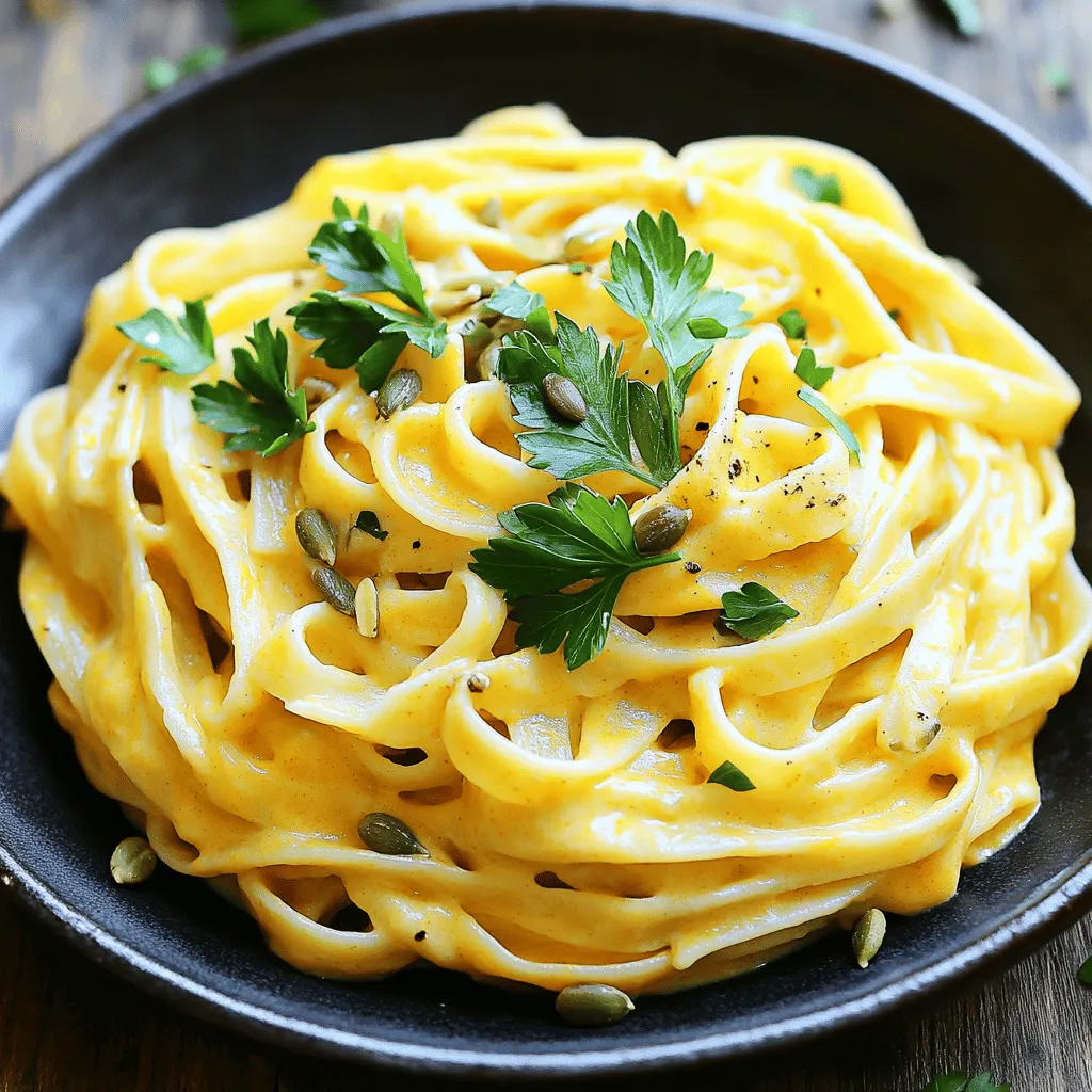 - 12 oz fettuccine pasta - 1 cup pumpkin puree (canned or homemade) - 1 cup heavy cream - 1/2 cup grated Parmesan cheese - 2 tablespoons butter - 1 tablespoon olive oil - 2 cloves garlic, minced - 1 teaspoon ground nutmeg - 1 teaspoon Italian seasoning - Salt and pepper to taste - Fresh parsley and pumpkin seeds for garnish You can enhance your dish with fresh parsley and pumpkin seeds. These add color and crunch. They make your creamy pumpkin Alfredo pasta look fancy. You can also try a sprinkle of chili flakes for some heat. Using high-quality ingredients makes a difference. Fresh fettuccine can elevate your dish. If you use homemade pumpkin puree, it will taste richer. Always pick full-fat heavy cream for a creamy sauce. Freshly grated Parmesan melts better than pre-shredded cheese. Look for good olive oil; it adds flavor. Quality garlic gives a brighter taste. Each ingredient plays a role, so choose wisely for the best creamy pumpkin Alfredo pasta! First, fill a large pot with water and add salt. Bring it to a boil. Once it bubbles, add 12 oz of fettuccine. Cook it according to the package directions until it feels firm yet tender. This usually takes about 8 to 10 minutes. Drain the pasta in a colander. Make sure to save 1/2 cup of that starchy pasta water for later. This water helps the sauce stick to the pasta. Now, grab a large skillet and place it over medium heat. Add 2 tablespoons of butter and 1 tablespoon of olive oil. Let them melt together. Then add 2 cloves of minced garlic. Cook the garlic for about 1 minute. You want it to smell sweet, not burnt. Next, stir in 1 cup of pumpkin puree. Cook this for 2 to 3 minutes until it heats up. Now, pour in 1 cup of heavy cream. Whisk it all together until it blends well. Bring the mixture to a gentle simmer and then lower the heat. Add 1/2 cup of grated Parmesan cheese, 1 teaspoon of ground nutmeg, and 1 teaspoon of Italian seasoning. Season with salt and pepper to taste. Keep stirring until the cheese melts into the sauce. If it feels too thick, mix in some of the reserved pasta water until it feels just right. Take your cooked fettuccine and add it to the skillet with the sauce. Toss the pasta gently to coat it evenly. You want every noodle to have that creamy pumpkin sauce on it. Once coated, serve the pasta on plates. For a nice touch, sprinkle fresh parsley and pumpkin seeds on top. This adds both color and crunch. Enjoy your creamy pumpkin Alfredo pasta! To get that dreamy, creamy texture, use heavy cream. This will make your sauce rich. Make sure you heat it gently. If the sauce gets too thick, add reserved pasta water. This helps to loosen it up. Stir as you mix in the water. You want a smooth, velvety sauce that hugs the pasta well. You can change the spice level to fit your taste. If you want more warmth, add extra nutmeg. A pinch of cayenne pepper works well too. Start small; you can always add more. If you prefer less spice, skip the nutmeg altogether. Taste the sauce as you go. Adjust until it feels just right for you. This dish is easy to make vegetarian. The main ingredients are already meat-free. Use vegetable broth instead of chicken broth if you need to thin the sauce. You can also add more veggies. Spinach, mushrooms, or roasted squash would be tasty. Just sauté them alongside the garlic for added flavor. Enjoy your creamy pumpkin Alfredo knowing it fits various diets! {{image_2}} You can switch up the pasta in this dish. Fettuccine works great, but you can use other types too. Try penne, rigatoni, or even gluten-free options. Each type brings a unique texture and shape. Just make sure to cook them according to their package directions. The sauce will cling well to any pasta shape you choose. Want to make your meal heartier? Add protein! Grilled chicken works well in this creamy dish. You could also try shrimp or even cooked sausage. For a vegetarian option, consider chickpeas or lentils. These proteins will boost flavor and nutrition. Just cook them separately and stir them into the sauce before tossing with pasta. Seasonal veggies can brighten your dish. Think about adding spinach, kale, or roasted butternut squash. You could even add sautéed mushrooms or zucchini. These veggies add color and nutrients. Simply cook them before adding to the sauce, then mix them in with your pasta. Feel free to get creative with what you have on hand! Store your creamy pumpkin Alfredo pasta in an airtight container. This keeps it fresh. Let it cool down before sealing it. You can keep it in the fridge for up to three days. If you have a lot, it's best to divide it into smaller portions. This way, you can grab just what you need. When it’s time to enjoy your leftovers, reheat gently. You can use the stove or microwave. If using the stove, add a splash of water or cream to keep it creamy. Heat on low, stirring often. If using a microwave, cover the bowl to prevent drying out. Heat in short bursts, stirring in between. If you want to save some for later, freezing is a great option. Make sure to let the pasta cool completely. Then, place it in a freezer-safe container. Seal it tightly and label it with the date. You can freeze it for up to two months. To enjoy, thaw it in the fridge overnight. Reheat as mentioned above for best results. Yes, you can use fresh pumpkin. First, you need to prepare it. Cut the pumpkin into cubes and steam or roast until soft. Once it's cool, blend it until smooth. Use this fresh puree in place of the canned pumpkin. This option gives a fresher taste and richer flavor. To make this recipe dairy-free, swap the heavy cream for coconut cream or a nut milk like almond milk. For cheese, use a dairy-free Parmesan or nutritional yeast for a cheesy taste. The pumpkin will still shine through, and you won’t miss the dairy. Creamy Pumpkin Alfredo Pasta pairs well with a simple side salad. A green salad with a light vinaigrette adds a nice crunch. You can also serve garlic bread or roasted vegetables on the side. These options balance the creamy pasta and make your meal complete. This article covered how to make a great Creamy Pumpkin Alfredo Pasta. We talked about the right ingredients, step-by-step cooking methods, and tips for the best results. Remember, using high-quality items makes a big difference. Customize the flavors to fit your taste and know how to store leftovers properly. With these tips and ideas, you can create a dish that pleases everyone. Explore different variations to keep it exciting. Enjoy making this creamy pasta dish your own!