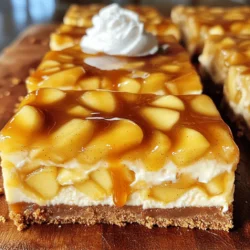 - 1 ½ cups graham cracker crumbs - ½ cup unsalted butter, melted - 1/3 cup sugar - 2 medium apples, peeled, cored, and diced (preferably Granny Smith) - 1 teaspoon cinnamon - 8 oz cream cheese, softened - 1 cup powdered sugar - 2 large eggs - 1 teaspoon vanilla extract - ½ cup sour cream - ½ cup caramel sauce When I make caramel apple cheesecake bars, I love using fresh Granny Smith apples. They add a nice tartness that balances the sweetness. The graham cracker crumbs form a crisp crust that holds everything together. Using unsalted butter helps control the saltiness. - Alternative crust options: You can use crushed cookies like Oreos for a different flavor. Or, try almond flour for a gluten-free crust. - Dairy-free or vegan options: Substitute cream cheese with a vegan cream cheese. Use coconut yogurt instead of sour cream. - Sweetener alternatives: You can swap sugar with honey or maple syrup. For a low-calorie option, use stevia or monk fruit. By using these substitutions, you can still enjoy delicious bars that fit your needs. 1. Preheat your oven to 350°F (175°C). 2. Line a 9x9 inch baking pan with parchment paper. Leave some paper hanging for easy removal. 3. In a medium bowl, mix together: - 1 ½ cups graham cracker crumbs - ½ cup unsalted butter, melted - 1/3 cup sugar 4. Stir until the crumbs look like wet sand. 5. Press the mixture firmly into the pan to form a crust. 6. Bake for 10 minutes. Let it cool for a bit after. 1. While the crust cools, prepare the filling. 2. In a large bowl, beat 8 oz cream cheese with an electric mixer until smooth. 3. Gradually add 1 cup powdered sugar, mixing until combined. 4. Add 2 large eggs one by one, mixing well after each. 5. Stir in 1 teaspoon vanilla extract and ½ cup sour cream until smooth. 1. Pour half of the cheesecake batter over the cooled crust. Spread it evenly. 2. In another bowl, toss 2 diced apples with 1 teaspoon cinnamon. 3. Gently fold the apple mixture into the remaining batter. Pour this over the first layer. 4. Use a knife or toothpick to swirl the two layers slightly for a marbled look. 5. Drizzle ½ cup caramel sauce on top. Swirl it in gently. 6. Bake in the oven for 35–40 minutes. The edges should set, and the center should jiggle. 7. Let it cool in the pan completely. Refrigerate for at least 2 hours before cutting into bars. To avoid cracks in your cheesecake, make sure to mix your batter gently. Overmixing can add too much air, which causes cracks as it bakes. Also, let the bars cool slowly. Leaving them in the oven with the door slightly ajar helps prevent sudden changes in temperature. For a creamy texture, use room temperature cream cheese. Cold cream cheese can create lumps. Beat your batter until smooth, but don’t overdo it. Adding sour cream gives a nice tang and keeps things creamy. To impress your guests, cut the bars into neat squares. Drizzle them with more caramel for a sweet touch. A dollop of whipped cream on top adds elegance. You can also serve them with vanilla ice cream or a sprinkle of cinnamon for extra flair. For a beautiful presentation, consider placing a few apple slices on the plate. This adds color and shows off those yummy apples inside. Check for doneness by gently shaking the pan. If the edges are set but the center jiggles slightly, it’s done. Remember, the cheesecake will firm up as it cools. If your oven runs hot or cold, you may need to adjust the baking time. Start checking at 30 minutes for doneness. Every oven is different, so trust your instincts! {{image_2}} You can add fun twists to your caramel apple cheesecake bars. Here are some ideas: - Nuts: Chopped walnuts or pecans add crunch. Mix them into the batter or sprinkle on top. - Spices: Try adding nutmeg or ginger for extra warmth. A pinch can change the flavor! You can also switch up the fruit. Use pears or cranberries for a seasonal touch. Each fruit brings its own charm, making your bars unique. If you have dietary needs, you can still enjoy these bars. - Gluten-free: Use gluten-free graham crackers. They work well for a tasty crust. - Vegan: Substitute cream cheese with a vegan option. Use flax eggs instead of regular eggs. This keeps the texture creamy and delicious. These changes let everyone enjoy your treat. Get creative when serving! - Layered dessert: Instead of bars, make a layered cheesecake. Use glasses to alternate layers of crust, filling, and caramel. It looks stunning! - Parfaits: Make caramel apple cheesecake parfaits. Layer the cheesecake filling with diced apples and caramel in a cup. Top with whipped cream for a delightful finish. These serving ideas make your dessert fun and appealing. Enjoy exploring these variations! To keep your caramel apple cheesecake bars fresh, follow these tips: - Cool completely: Let the bars cool in the pan before storing. - Use an airtight container: Place the bars in an airtight container to keep them moist. - Refrigeration: Store in the fridge if you plan to eat them within a week. - Freezing: For longer storage, wrap the bars in plastic wrap, then in foil, and freeze. How long do they last? - Refrigerated: They stay fresh for about 5 to 7 days. - Frozen: The bars can last up to 3 months in the freezer. Signs of spoilage: - If you see mold or a change in color, throw them away. - A sour smell means they have gone bad. Best ways to reheat for optimal texture: - Microwave: Heat for about 10-15 seconds on medium power. - Oven: Preheat to 350°F (175°C) and warm for 5-10 minutes. Serving warm vs cold: - Warm bars taste great with ice cream. - Cold bars are refreshing and perfect for a snack. Can I use another type of apple? Yes, you can use other apples. I like Granny Smith for their tartness. They balance well with sweet cheesecake. Other good options are Honeycrisp or Fuji apples. They add a nice sweetness but keep some crunch. How can I make this recipe ahead of time? You can make these bars a day ahead. Just bake them and let them cool. Once cool, wrap tightly and store in the fridge. They taste even better after a night in the fridge, as flavors blend well. Why did my cheesecake crack? Cracks can happen for a few reasons. If the oven is too hot, the cheesecake cooks too fast. To avoid this, bake at a lower temperature. Also, avoid overmixing the batter. This adds too much air, causing cracks. How can I fix a runny filling? A runny filling usually means it needs more time in the oven. If it jiggles too much, give it a few extra minutes. You can also add a bit more cream cheese next time for a thicker texture. Nutritional breakdown per serving One bar has about 200 calories. It includes a good mix of carbs, fats, and proteins. Each bar has around 10 grams of fat and 3 grams of protein. Calorie-conscious tips for this recipe To lower the calories, use a light cream cheese. You can also reduce the sugar by using less powdered sugar. Lastly, use a sugar-free caramel sauce to keep it tasty but lighter. In this post, we explored how to make delicious caramel apple cheesecake bars. You learned about key ingredients, easy steps, and handy tips. I shared ways to customize your bars and how to store leftovers. Remember, the secret to success lies in the details. Keep experimenting with flavors and enjoy your sweet creations. These bars are great for any gathering or a cozy night in. Happy baking, and may your kitchen be filled with tasty treats!
