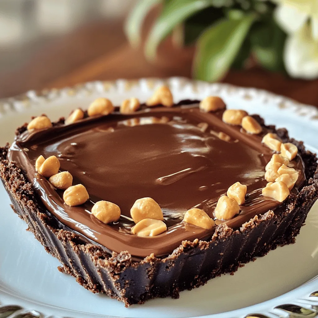To make this Vegan Chocolate Peanut Butter Pie, you will need: - 1 ½ cups almond flour - ½ cup cocoa powder - 2 tablespoons maple syrup - ¼ cup coconut oil, melted - 2 cups silken tofu - ½ cup creamy peanut butter - ¾ cup agave syrup - 1 teaspoon vanilla extract - A pinch of salt - ½ cup dark dairy-free chocolate chips (for topping) - Chopped peanuts (for garnish) Not all ingredients work for everyone. Here are some swaps: - Almond flour: Use oat flour or gluten-free flour for a nut-free option. - Cocoa powder: Try carob powder for a caffeine-free choice. - Coconut oil: Substitute with vegan butter or applesauce for a lower fat option. - Silken tofu: Use cashew cream or blended bananas for a different texture. - Agave syrup: Maple syrup or brown rice syrup can work too, but check flavors. Choosing the right ingredients makes a big difference. Here are my top tips: - Look for organic almond flour and cocoa powder. They taste better and are fresher. - Choose high-quality dark dairy-free chocolate chips. Look for at least 60% cocoa for richness. - Use pure maple syrup and agave syrup. Avoid brands with added sugars or fillers. - For the best silken tofu, check the expiration date. Fresh tofu has a smoother texture. - When picking peanuts, go for unsalted and raw. They add crunch without extra salt. To start, grab a mixing bowl. Add 1 ½ cups almond flour and ½ cup cocoa powder. Then, pour in 2 tablespoons of maple syrup and ¼ cup of melted coconut oil. Stir the mixture until it becomes a dough. It should feel soft and easy to work with. Next, take your 9-inch pie pan. Press the dough into the bottom and up the sides. Make sure it is even all around. Use a fork to poke holes in the crust. This step helps it bake evenly. Now, preheat your oven to 350°F (175°C). Bake the crust for 10 minutes. When it is done, remove it from the oven and let it cool completely. While your crust cools, it’s time to make the filling. In a blender or food processor, add 2 cups of silken tofu. Then, include ½ cup of creamy peanut butter, ¾ cup of agave syrup, 1 teaspoon of vanilla extract, and a pinch of salt. Blend these ingredients until they are smooth and creamy. You want the filling to be rich and fluffy. This mixture will bring the pie to life. Now, take the cooled crust and pour the filling into it. Spread it out evenly with a spatula. Next, melt ½ cup of dark dairy-free chocolate chips in a small saucepan over low heat. Stir often to make sure it melts smoothly. Once melted, let it cool slightly. Pour the melted chocolate over the pie filling, creating a lovely top layer. Finally, place your pie in the refrigerator for at least 2 hours. This step allows the pie to set properly. When you’re ready to serve, sprinkle chopped peanuts on top for a crunchy finish. Slice and enjoy your vegan chocolate peanut butter pie! To get a great crust, use almond flour and cocoa powder. These two give a nice taste. Mix them well with maple syrup and melted coconut oil. - Press the dough into the pie pan firmly. - Make sure it’s even and smooth. - Use a fork to poke holes in the crust. This lets steam escape while baking. Bake the crust at 350°F for 10 minutes. After baking, let it cool fully. A cooled crust holds the filling better. For a smooth filling, you need silken tofu and creamy peanut butter. These two make the pie rich and creamy. - Use a blender or food processor to mix them. - Add agave syrup, vanilla extract, and a pinch of salt. - Blend until there are no lumps. If you find it thick, add a bit of water or almond milk. This will help it blend better. When serving, slice the pie and put it on chilled plates. This keeps it fresh and cool. - Drizzle melted chocolate on top for a fancy touch. - A dollop of whipped coconut cream adds creaminess. - Sprinkle chopped peanuts on top for crunch. These small touches make your pie look beautiful and taste even better! {{image_2}} For a fun twist, change the crust. You can use a date and nut crust. Just blend 1 cup of dates and 1 cup of nuts. Press this mix into the pie pan. If you prefer gluten-free, use crushed gluten-free cookies instead. They will add a nice crunch. You can make this pie even better with some add-ins. Try adding 1 teaspoon of espresso powder to the filling. This will boost the chocolate flavor. You can also mix in some chopped dark chocolate or vegan chocolate chunks. For a fruity touch, add mashed bananas or a swirl of raspberry puree on top. If you need a nut-free option, swap out almond flour for oat flour. Ensure your peanut butter is made from sunflower seeds if you're avoiding nuts. You can also use sunflower seed butter for the filling. This way, you can still enjoy a rich and creamy pie without nuts. To keep your Vegan Chocolate Peanut Butter Pie fresh, store it in the fridge. Use an airtight container to cover the pie. This will help keep it moist and tasty. If you have leftover slices, wrap them tightly in plastic wrap or foil. You can also use a pie keeper for easy access. The pie will stay good for about five days in the fridge. To freeze the pie, first let it chill completely in the fridge. Once it's set, wrap it tightly with plastic wrap. Then, place it in a freezer-safe container. This will help avoid freezer burn. You can freeze the pie for up to three months. When you’re ready to eat it, move it to the fridge to thaw. This keeps the texture nice and creamy. If you prefer your pie a bit warm, you can reheat it gently. Place a slice on a microwave-safe plate. Warm it in the microwave for about 15-20 seconds. Keep an eye on it to avoid overheating. You want it warm, not hot. This way, the pie remains creamy and delicious without losing its great texture. Enjoy every bite! Yes, you can make this pie ahead of time. I often prepare it a day before serving. This gives the flavors more time to meld. Just store it in the fridge, covered well. For this pie, you don’t need eggs at all. Silken tofu acts as a perfect egg substitute. It provides creaminess and binds the filling. Other good options include mashed banana or applesauce, but they change the flavor. The pie lasts about five days in the fridge. Make sure to keep it covered. If you want it to last longer, you can freeze it. Just slice it first and wrap each piece well. This post covered how to make a delicious pie from scratch. We explored ingredients, tips for high-quality selections, and ways to avoid common allergens. I shared step-by-step instructions to create the crust and filling. You learned several tips for a perfect pie and various tasty variations. Finally, I provided storage methods and answered your key questions. Making this pie can be a fun adventure. Enjoy every step and share it with friends!