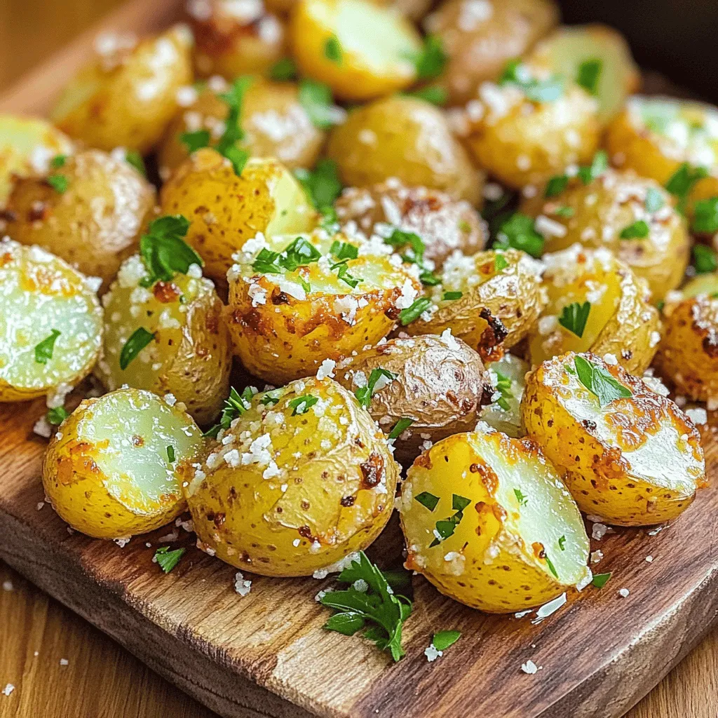 Here’s what you need to make Garlic Parmesan Air Fryer Baby Potatoes: - 1 lb baby potatoes (yellow or fingerling) - 3 tablespoons olive oil - 4 cloves garlic, minced - 1/2 cup grated Parmesan cheese - 1 teaspoon dried oregano - 1 teaspoon paprika - Salt and pepper to taste - Fresh parsley, chopped (for garnish) Each ingredient plays a key role in creating the dish's flavor and texture. Baby potatoes bring a nice, creamy taste. Olive oil helps the potatoes crisp up nicely. Garlic adds a bold kick, while Parmesan gives a rich, cheesy finish. Dried oregano and paprika provide warmth and depth. Salt and pepper enhance all the flavors, and fresh parsley adds a pop of color and freshness. Gather these ingredients before you start cooking. This will make the process easy and fun! - Rinsing and Scrubbing: Start by rinsing your baby potatoes under cold water. Use a scrub brush to clean them well. This helps remove any dirt. - Cutting the Potatoes: Pat the potatoes dry with a towel. Cut each potato in half. This helps them cook evenly. - Combining Ingredients: In a large bowl, add the olive oil, minced garlic, and grated Parmesan. Then, mix in the oregano, paprika, salt, and pepper. - Achieving the Right Consistency: Stir the mix until it forms a smooth paste. This will help coat the potatoes well. - Tossing Techniques: Add the halved potatoes to the bowl. Use a spatula or your hands to toss them. Ensure each piece gets a good coating of the seasoning mix. - Ensuring Even Coverage: Make sure all potatoes are well coated. This ensures that every bite is tasty. - Preheating the Air Fryer: Set your air fryer to 400°F (200°C). Preheating helps the potatoes cook evenly. - Arranging the Potatoes in the Basket: Place the seasoned potatoes in the air fryer basket. Lay them out in a single layer. Avoid overcrowding for the best crispiness. - Recommended Cooking Time: Air fry the potatoes for 15-20 minutes. Check them halfway through. - Importance of Shaking the Basket: Shake the basket once during cooking. This helps the potatoes brown evenly. - Signs the Potatoes are Ready: The potatoes should be golden brown. They should feel tender when pierced. - Using a Fork for Testing: Take a fork and poke a potato. If it goes in easily, they are done! - Recommended Cooking Temperature: Set your air fryer to 400°F. This high heat helps create that lovely crisp. - Optimal Potato Size and Cutting: Choose baby potatoes. Cut them in half for even cooking. This size gives a great balance of soft inside and crisp outside. - Additional Seasonings to Try: Experiment with a pinch of cayenne pepper for heat. You could also add lemon zest for a fresh twist. - Fresh Herbs vs. Dried: Fresh herbs like parsley or chives add brightness. Dried herbs work well, too, but fresh gives a better flavor pop. - Pairing with Dips: Try these potatoes with garlic aioli or a creamy ranch dip. These dips add a nice contrast to the crispy potatoes. - Garnishing Ideas: A sprinkle of extra Parmesan cheese and some fresh parsley makes them look stunning. It also adds a nice touch of flavor. {{image_2}} You can easily change the flavor of your Garlic Parmesan Air Fryer Baby Potatoes. Here are two fun ideas: - Spicy Garlic Parmesan: Add red pepper flakes to your seasoning mix. This gives a nice kick. You can use one teaspoon or more, depending on your taste. The spice pairs well with garlic and Parmesan. - Italian Herb Mix: Try a blend of Italian herbs. Use basil, thyme, and rosemary for a fresh taste. Mix these herbs into your seasoning to create a savory twist. This is perfect if you enjoy a classic Italian flavor. You can also switch up the type of potatoes for a new experience. Here are two options: - Red Potatoes: These potatoes are creamy and hold their shape well. They add a nice color to your dish. Just cut them in half and follow the same recipe. - Sweet Potatoes: If you want a sweeter taste, use sweet potatoes. They add a unique flavor. The cooking time may vary slightly, so check them for doneness a few minutes earlier. If you don't have an air fryer, you can still enjoy these potatoes. Here are two other methods: - Oven-Baking Instructions: Preheat your oven to 425°F (220°C). Spread the seasoned potatoes on a baking sheet in a single layer. Bake for 25-30 minutes, flipping halfway for even cooking. They will be crispy and delicious. - Boiling Before Air Frying: For extra tender potatoes, try boiling them first. Boil the halved potatoes for 5-7 minutes. Drain and let them cool. Then, coat them and air fry as usual. This method helps them cook faster and become fluffy inside. - Refrigeration Tips: After cooking, let the baby potatoes cool to room temperature. Place them in the fridge within two hours. This keeps them fresh and safe to eat. Store them in a cool part of your fridge. - Best Containers to Use: Use airtight containers to store leftovers. Glass or plastic containers with tight lids work well. You can also use resealable bags for easy storage. Make sure to remove as much air as possible. - Air Fryer Reheating Process: To reheat, place the leftover baby potatoes in the air fryer. Set it to 350°F (175°C). Heat for about 5 to 7 minutes. This keeps them crispy and warm. Shake the basket halfway through to heat evenly. - Alternative Methods: You can also reheat in the oven. Preheat to 375°F (190°C). Spread the potatoes on a baking sheet and heat for about 10 minutes. Cover them with foil to keep moisture. - Can You Freeze Cooked Potatoes?: Yes, you can freeze cooked baby potatoes. However, keep in mind that the texture may change after thawing. They may become a bit softer. - Freezing and Reheating Guidelines: To freeze, let the potatoes cool completely. Place them in freezer bags, removing as much air as possible. When ready to eat, thaw in the fridge overnight. Reheat as mentioned above in the air fryer or oven. You should cook baby potatoes for about 15 to 20 minutes. This time helps them become crispy and tender. Always shake the basket halfway through cooking. This ensures even browning and great texture. Yes, you can use other oils. Avocado oil and canola oil are good alternatives. They also have high smoke points and work well for air frying. Choose an oil that fits your flavor and health needs. These potatoes pair well with many dishes. Try serving them with grilled chicken or salmon. They also go great with a fresh salad or roasted veggies. You can even enjoy them with a dip like ranch or garlic aioli. To prevent sticking, coat the basket lightly with oil. You can also use parchment paper made for air fryers. Make sure to space the potatoes out. This allows hot air to circulate and keeps them from sticking together. Garlic Parmesan Air Fryer Baby Potatoes can be a healthy side dish. Baby potatoes are a good source of fiber and vitamins. Using olive oil adds healthy fats. Just be mindful of portion sizes and the amount of cheese used. In this blog post, we explored making delicious Garlic Parmesan Air Fryer Baby Potatoes. We covered ingredients, preparation steps, cooking tips, and serving ideas. Remember to ensure even coverage with the seasoning for the best flavor. Try different potatoes or seasonings to keep things fresh. Whether serving as a side or snack, these potatoes are easy to store and reheat. Enjoy your crispy, tasty treat, and feel free to share your cooking adventure!