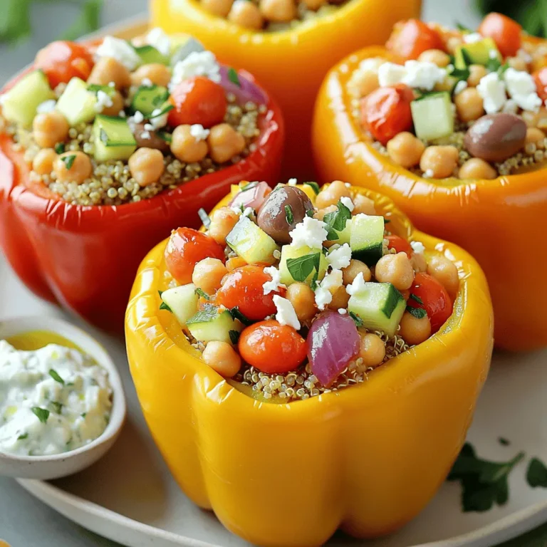 Here’s what you need for Mediterranean chickpea stuffed peppers: - 4 large bell peppers (any color) - 1 can (15 oz) chickpeas, drained and rinsed - 1 cup cooked quinoa or couscous - 1 cup cherry tomatoes, halved - 1/2 cup cucumber, diced - 1/4 cup red onion, finely chopped - 1/4 cup Kalamata olives, chopped - 1/4 cup feta cheese, crumbled - 2 tablespoons fresh parsley, chopped - 2 tablespoons olive oil - 1 tablespoon lemon juice - 1 teaspoon dried oregano - Salt and pepper to taste Each serving of stuffed peppers gives you a tasty and healthy meal. Here's a quick look at the nutrition: - Calories: 320 - Protein: 12g - Fat: 14g - Carbohydrates: 38g - Fiber: 8g - Sugar: 3g This meal is rich in protein and fiber. It keeps you full and satisfied. You can swap some ingredients if needed: - Use brown rice instead of quinoa or couscous. - Try different cheese, like goat cheese or vegan cheese. - Replace chickpeas with black beans for a different flavor. - Use zucchini or mushrooms instead of bell peppers for a fun twist. These substitutions still keep the dish healthy and delicious. Enjoy exploring new flavors! Start by preheating your oven to 375°F (190°C). This step is key to getting the right texture. Next, take four large bell peppers and slice off their tops. Remove the seeds and membranes. Place them upright in a baking dish. In a big bowl, mix together the drained chickpeas, cooked quinoa (or couscous), halved cherry tomatoes, diced cucumber, chopped red onion, Kalamata olives, crumbled feta cheese, and fresh parsley. This mix brings a burst of Mediterranean flavor. Drizzle two tablespoons of olive oil and one tablespoon of lemon juice over the mixture. Add one teaspoon of dried oregano, along with salt and pepper to taste. Stir everything gently until it blends well. Now, take your spoon and fill each bell pepper with this tasty mix. Pack it in gently but avoid overfilling. This ensures the peppers cook evenly. Cover your baking dish with aluminum foil to keep the moisture in. Place it in the preheated oven and bake for 25 minutes. This helps the peppers soften and soak in all those flavors. After 25 minutes, carefully remove the foil. Bake for another 10 to 15 minutes. Keep an eye on them as they cook. You want the peppers to be tender and slightly charred on top. To check if they are done, pierce a pepper with a fork. It should go in easily. If it feels firm, give it a few more minutes. The peppers should look slightly wrinkled and have a nice color. Let the stuffed peppers cool for a few minutes before serving. This lets the flavors settle and makes them easier to handle. Enjoy your tasty Mediterranean chickpea stuffed peppers! Cooking quinoa or couscous is simple. Start by rinsing the grains under cold water. This removes any bitterness. For quinoa, use two cups of water for every cup of grain. Bring the water to a boil, then add the quinoa. Reduce the heat, cover, and simmer for about 15 minutes. Fluff it with a fork before using. For couscous, you only need boiling water. Use a 1:1 ratio of couscous to water. Pour boiling water over couscous, cover, and let it sit for five minutes. Fluff with a fork as well. Both methods give you light, fluffy grains, perfect for your peppers. You can change the filling to suit your taste. Add cooked spinach for extra greens. Swap chickpeas for black beans for a different flavor. You can also mix in corn for sweetness. Consider using different cheeses, like goat cheese or mozzarella. If you like heat, toss in some diced jalapeños. You can even add cooked ground meat for a heartier dish. Don’t be afraid to experiment. The filling is very flexible! Presentation adds fun to the meal. Serve your stuffed peppers on a bright plate. Drizzle olive oil over the top for shine. Add a sprinkle of fresh parsley for color. You can also serve a side of tzatziki for a cool dip. A simple green salad pairs well too. These small touches make your dish look gourmet and inviting. Enjoy your beautiful creation! {{image_2}} You can change up the stuffing in many ways. Try using brown rice or farro instead of quinoa. Both grains add great texture. You can also switch chickpeas for black beans or lentils. These options give a new spin on flavor. If you want a nutty taste, use cooked bulgur wheat. Each grain brings its own charm to the dish. Making this dish vegan is simple! Just skip the feta cheese or use a plant-based cheese. You can also add more veggies for extra nutrients. Spinach, zucchini, or mushrooms make great additions. They add flavor and keep it light. Use vegetable broth in place of water when cooking grains. This boosts the taste even more. Spices are key for good flavor. You can use a blend of cumin, paprika, and coriander for a warm touch. For a zesty kick, try adding crushed red pepper flakes. If you like herbs, mix in some dill or thyme. These spices make your stuffed peppers pop with flavor. Experiment with different blends to find your favorite! Store leftover stuffed peppers in an airtight container. Place them in the fridge. They’ll stay fresh for about 3 to 5 days. If you want to keep them longer, freezing is a good option. Let them cool down before storing. To reheat, you can use the oven or microwave. If using the oven, preheat it to 350°F (175°C). Place the peppers in a baking dish. Add a splash of water to keep them moist. Cover with foil and heat for about 15 to 20 minutes. In the microwave, heat for 2 to 3 minutes. Check to see if they are hot all the way through. For long-term storage, freeze the stuffed peppers. Wrap each pepper tightly in plastic wrap. Place them in a freezer bag or container. They can last for about 3 months in the freezer. To cook, thaw them overnight in the fridge and reheat as mentioned above. This way, you can enjoy this healthy delight anytime! Yes, you can make these stuffed peppers ahead of time. Prepare them up to the baking step. Store the stuffed peppers in the fridge for up to 24 hours. When you're ready to eat, just bake them as directed. This saves time and makes meal prep easy. Stuffed peppers pair well with many sides. You can serve them with: - Tzatziki sauce for a cool dip - A simple green salad for crunch - Grilled vegetables for extra flavor - Quinoa or couscous on the side for a filling meal These options make your meal more balanced and delightful. You can tell when stuffed peppers are done by checking their tenderness. The peppers should be soft but still hold their shape. A fork should easily pierce the skin. Look for a slight char on the top as a sign they are ready. If you want, you can also check the filling's warmth. It should be hot throughout. This article covered how to make tasty Mediterranean chickpea stuffed peppers. We discussed key ingredients, cooking steps, and tips for success. You can customize the filling and find many variations to suit your taste. Storing leftovers and reheating them is easy, too. In the end, stuffed peppers are a fun dish to make. You can enjoy them fresh or save them for later. Put your twist on this meal and enjoy every bite!