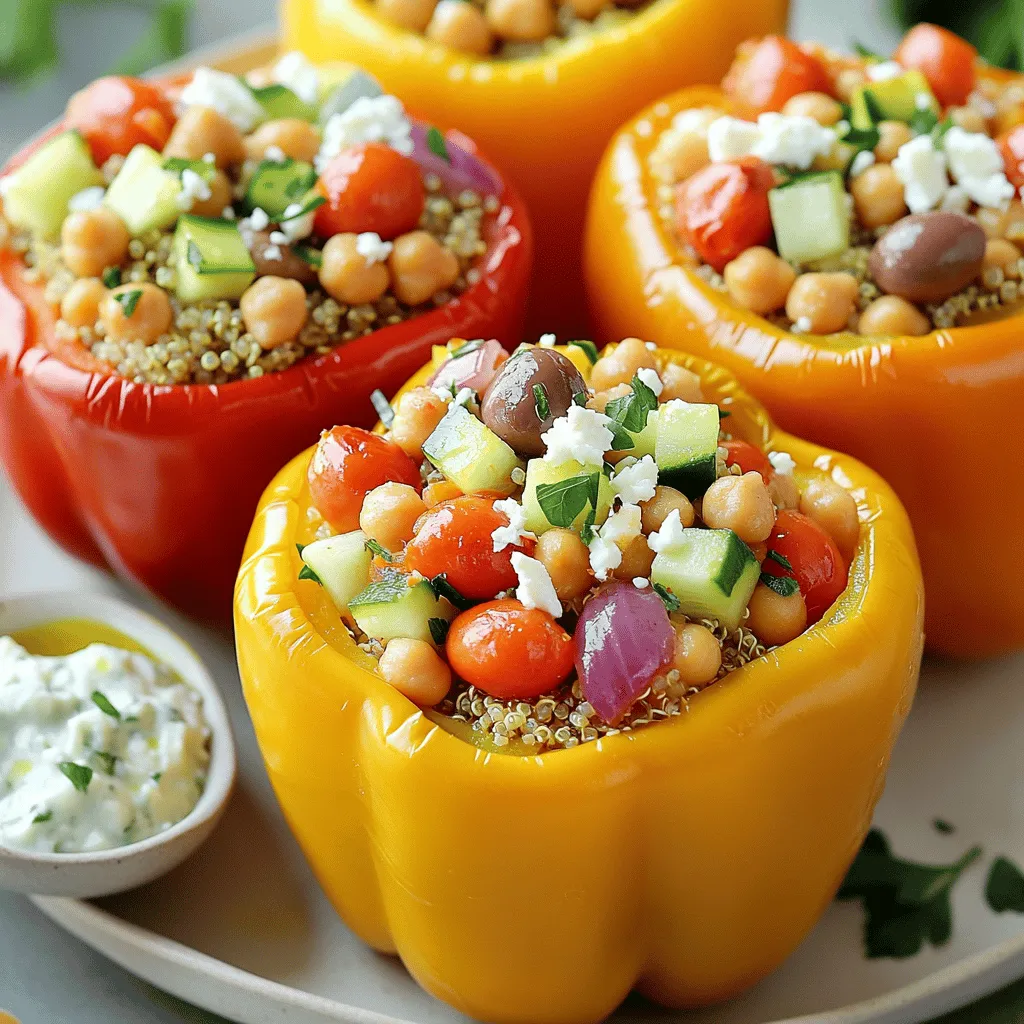 Here’s what you need for Mediterranean chickpea stuffed peppers: - 4 large bell peppers (any color) - 1 can (15 oz) chickpeas, drained and rinsed - 1 cup cooked quinoa or couscous - 1 cup cherry tomatoes, halved - 1/2 cup cucumber, diced - 1/4 cup red onion, finely chopped - 1/4 cup Kalamata olives, chopped - 1/4 cup feta cheese, crumbled - 2 tablespoons fresh parsley, chopped - 2 tablespoons olive oil - 1 tablespoon lemon juice - 1 teaspoon dried oregano - Salt and pepper to taste Each serving of stuffed peppers gives you a tasty and healthy meal. Here's a quick look at the nutrition: - Calories: 320 - Protein: 12g - Fat: 14g - Carbohydrates: 38g - Fiber: 8g - Sugar: 3g This meal is rich in protein and fiber. It keeps you full and satisfied. You can swap some ingredients if needed: - Use brown rice instead of quinoa or couscous. - Try different cheese, like goat cheese or vegan cheese. - Replace chickpeas with black beans for a different flavor. - Use zucchini or mushrooms instead of bell peppers for a fun twist. These substitutions still keep the dish healthy and delicious. Enjoy exploring new flavors! Start by preheating your oven to 375°F (190°C). This step is key to getting the right texture. Next, take four large bell peppers and slice off their tops. Remove the seeds and membranes. Place them upright in a baking dish. In a big bowl, mix together the drained chickpeas, cooked quinoa (or couscous), halved cherry tomatoes, diced cucumber, chopped red onion, Kalamata olives, crumbled feta cheese, and fresh parsley. This mix brings a burst of Mediterranean flavor. Drizzle two tablespoons of olive oil and one tablespoon of lemon juice over the mixture. Add one teaspoon of dried oregano, along with salt and pepper to taste. Stir everything gently until it blends well. Now, take your spoon and fill each bell pepper with this tasty mix. Pack it in gently but avoid overfilling. This ensures the peppers cook evenly. Cover your baking dish with aluminum foil to keep the moisture in. Place it in the preheated oven and bake for 25 minutes. This helps the peppers soften and soak in all those flavors. After 25 minutes, carefully remove the foil. Bake for another 10 to 15 minutes. Keep an eye on them as they cook. You want the peppers to be tender and slightly charred on top. To check if they are done, pierce a pepper with a fork. It should go in easily. If it feels firm, give it a few more minutes. The peppers should look slightly wrinkled and have a nice color. Let the stuffed peppers cool for a few minutes before serving. This lets the flavors settle and makes them easier to handle. Enjoy your tasty Mediterranean chickpea stuffed peppers! Cooking quinoa or couscous is simple. Start by rinsing the grains under cold water. This removes any bitterness. For quinoa, use two cups of water for every cup of grain. Bring the water to a boil, then add the quinoa. Reduce the heat, cover, and simmer for about 15 minutes. Fluff it with a fork before using. For couscous, you only need boiling water. Use a 1:1 ratio of couscous to water. Pour boiling water over couscous, cover, and let it sit for five minutes. Fluff with a fork as well. Both methods give you light, fluffy grains, perfect for your peppers. You can change the filling to suit your taste. Add cooked spinach for extra greens. Swap chickpeas for black beans for a different flavor. You can also mix in corn for sweetness. Consider using different cheeses, like goat cheese or mozzarella. If you like heat, toss in some diced jalapeños. You can even add cooked ground meat for a heartier dish. Don’t be afraid to experiment. The filling is very flexible! Presentation adds fun to the meal. Serve your stuffed peppers on a bright plate. Drizzle olive oil over the top for shine. Add a sprinkle of fresh parsley for color. You can also serve a side of tzatziki for a cool dip. A simple green salad pairs well too. These small touches make your dish look gourmet and inviting. Enjoy your beautiful creation! {{image_2}} You can change up the stuffing in many ways. Try using brown rice or farro instead of quinoa. Both grains add great texture. You can also switch chickpeas for black beans or lentils. These options give a new spin on flavor. If you want a nutty taste, use cooked bulgur wheat. Each grain brings its own charm to the dish. Making this dish vegan is simple! Just skip the feta cheese or use a plant-based cheese. You can also add more veggies for extra nutrients. Spinach, zucchini, or mushrooms make great additions. They add flavor and keep it light. Use vegetable broth in place of water when cooking grains. This boosts the taste even more. Spices are key for good flavor. You can use a blend of cumin, paprika, and coriander for a warm touch. For a zesty kick, try adding crushed red pepper flakes. If you like herbs, mix in some dill or thyme. These spices make your stuffed peppers pop with flavor. Experiment with different blends to find your favorite! Store leftover stuffed peppers in an airtight container. Place them in the fridge. They’ll stay fresh for about 3 to 5 days. If you want to keep them longer, freezing is a good option. Let them cool down before storing. To reheat, you can use the oven or microwave. If using the oven, preheat it to 350°F (175°C). Place the peppers in a baking dish. Add a splash of water to keep them moist. Cover with foil and heat for about 15 to 20 minutes. In the microwave, heat for 2 to 3 minutes. Check to see if they are hot all the way through. For long-term storage, freeze the stuffed peppers. Wrap each pepper tightly in plastic wrap. Place them in a freezer bag or container. They can last for about 3 months in the freezer. To cook, thaw them overnight in the fridge and reheat as mentioned above. This way, you can enjoy this healthy delight anytime! Yes, you can make these stuffed peppers ahead of time. Prepare them up to the baking step. Store the stuffed peppers in the fridge for up to 24 hours. When you're ready to eat, just bake them as directed. This saves time and makes meal prep easy. Stuffed peppers pair well with many sides. You can serve them with: - Tzatziki sauce for a cool dip - A simple green salad for crunch - Grilled vegetables for extra flavor - Quinoa or couscous on the side for a filling meal These options make your meal more balanced and delightful. You can tell when stuffed peppers are done by checking their tenderness. The peppers should be soft but still hold their shape. A fork should easily pierce the skin. Look for a slight char on the top as a sign they are ready. If you want, you can also check the filling's warmth. It should be hot throughout. This article covered how to make tasty Mediterranean chickpea stuffed peppers. We discussed key ingredients, cooking steps, and tips for success. You can customize the filling and find many variations to suit your taste. Storing leftovers and reheating them is easy, too. In the end, stuffed peppers are a fun dish to make. You can enjoy them fresh or save them for later. Put your twist on this meal and enjoy every bite!