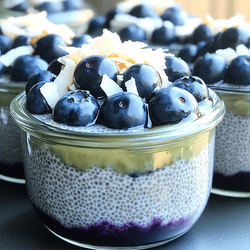 - 1/2 cup chia seeds - 2 cups coconut milk (canned or carton) - 1/4 cup maple syrup (or honey) - 1 teaspoon vanilla extract - 1 cup fresh blueberries (plus extra for topping) - 1/4 cup unsweetened shredded coconut - A pinch of salt - 1/2 cup is about 120 milliliters. - 2 cups is about 480 milliliters. - 1/4 cup equals 60 milliliters. - 1 teaspoon is about 5 milliliters. When you pick blueberries, look for ones that are deep blue. They should be firm, dry, and free from mold. Avoid soft or shriveled berries. For coconut milk, check the label. Choose brands with no added sugars or preservatives. The can should feel heavy, and the milk should look creamy and smooth. When buying chia seeds, look for whole seeds, not broken ones. They should be shiny and dark. Always check the expiration date for freshness. To start, gather your ingredients. You will need chia seeds, coconut milk, maple syrup, vanilla extract, fresh blueberries, shredded coconut, and a pinch of salt. In a mixing bowl, combine the chia seeds, coconut milk, maple syrup, vanilla, and salt. Whisk the mixture well. This step helps to break up any clumps of chia seeds. After whisking, let the mixture sit for about five minutes. Then, whisk it again. This will ensure a smooth blend. Now, cover the bowl with plastic wrap or pour the mix into jars. Refrigerate for at least four hours or overnight. This waiting time helps the chia seeds soak up the liquid and thicken the pudding. After chilling, stir the pudding well. If it feels too thick, add a splash of coconut milk to reach your ideal texture. Now, it’s time to serve! Layer the chia pudding in bowls with fresh blueberries and a sprinkle of shredded coconut. This makes it look great and adds flavor. Top with more blueberries and coconut flakes. Now it’s ready to enjoy! Whisking is key in making chia pudding. It helps mix the chia seeds evenly with the coconut milk. If you skip this step, you may end up with clumps. Clumps can make the texture gritty and unpleasant. By whisking well, you ensure a smooth and creamy pudding. Don't rush the whisking process. Take your time to break up all the seeds. This small step changes the whole dish. Getting the right consistency is simple. If your pudding is too thick, just add more coconut milk. Mix it in slowly until you reach a nice, smooth texture. If it’s too thin, let it sit in the fridge for a bit longer. The chia seeds will absorb more liquid and thicken it up. Also, remember to stir after refrigerating. This helps mix any settled seeds and gives a smooth finish. Enjoy your Blueberry Coconut Chia Pudding! To make the best blueberry coconut chia pudding, start with fresh ingredients. Use high-quality coconut milk for a rich flavor. Measure the chia seeds carefully; they are vital for the pudding's texture. Whisk the mixture well to avoid clumps. Let it sit for five minutes and whisk again. This step helps the chia seeds absorb the liquid evenly. One common mistake is not letting the pudding sit long enough. Chia seeds need time to thicken the mixture. If you skip refrigeration, the pudding won’t set properly. Another mistake is using sweeteners that are too strong. Maple syrup or honey adds just the right touch of sweetness. Be careful not to overuse vanilla extract; a teaspoon is enough. For the best flavor, use fresh blueberries. They add a burst of taste. You can also mix in some shredded coconut for a tropical twist. If the pudding is too thick, add a splash of coconut milk. This adjustment gives it a smoother texture. For extra crunch, top with more fresh blueberries and a sprinkle of shredded coconut. Enjoying your pudding chilled makes it even better! {{image_2}} You can change the flavor of your blueberry coconut chia pudding easily. Here are some ideas: - Mango and Lime: Use fresh mango instead of blueberries. Add lime juice for zest. - Strawberry and Vanilla: Swap blueberries for fresh strawberries. Use extra vanilla for sweetness. - Chocolate and Banana: Add cocoa powder and mashed banana for a sweet treat. These simple swaps keep the pudding fun and fresh! You can make this pudding vegan and sugar-free. Here’s how: - Use Agave Syrup: Instead of maple syrup, try agave syrup for a vegan sweetener. - No Sweetener: Skip sweeteners altogether if you prefer. The coconut milk gives a nice flavor. - Plant-Based Milk: Any plant-based milk works well. Almond or soy milk are great choices. These options make the pudding fit many diets! You can serve blueberry coconut chia pudding in many ways. Here are some fun ideas: - Breakfast Bowls: Serve in bowls with fresh fruit and nuts for a hearty breakfast. - Dessert Cups: Layer in clear cups for a beautiful dessert at parties. - Picnic Treats: Put in jars for easy transport to picnics or potlucks. These ideas help you enjoy this pudding for any event! Store your leftover chia pudding in a sealed container. Glass jars work great. Make sure to keep it in the fridge. This keeps it fresh and tasty. If you used individual jars, just cover them tightly. Chia pudding lasts about 3 to 5 days in the fridge. Check for a change in smell or texture. If it smells sour or looks watery, it's time to toss it out. Fresh blueberries on top should also look good. If they turn mushy or moldy, remove them. You can freeze chia pudding for later use. Place it in a freezer-safe container. Leave some space for it to expand. It keeps well for up to a month. Thaw it in the fridge overnight before serving. Stir well for the best texture. Enjoy your pudding even after freezing! Chia pudding is a creamy treat made from chia seeds and liquid. When mixed with liquid, chia seeds swell and form a gel-like texture. This pudding is often flavored with ingredients like coconut milk and sweeteners. It is an easy and fun way to enjoy the benefits of chia seeds. Yes, you can use many fruits. Try strawberries, mangoes, or peaches. Each fruit adds a unique taste and color. You can mix and match to find your favorite combo. Just remember to adjust the amount based on the fruit's sweetness. To make it thicker, add more chia seeds or let it sit longer. If it's too thick, add more liquid, like coconut milk. Stir well to mix everything evenly. Adjusting the ratio gives you control over the texture. Yes, chia pudding is very healthy! Chia seeds are rich in fiber, protein, and omega-3 fatty acids. Coconut milk adds healthy fats. This combination benefits your heart and digestion. Enjoying chia pudding can support a balanced diet. Absolutely! You can make chia pudding the night before. Just store it in the fridge for up to five days. This makes it a great option for busy mornings or snacks. The longer it sits, the better the flavors blend. This blog covered how to make delicious blueberry coconut chia pudding. We discussed key ingredients, measurements, and tips for selecting fresh items. The step-by-step instructions made it easy to follow along. I shared best practices to avoid common mistakes and enhance flavor. You now know about variations, storage, and answered common questions, too. Creating this pudding is simple and fun. Enjoy trying it and make it your own!