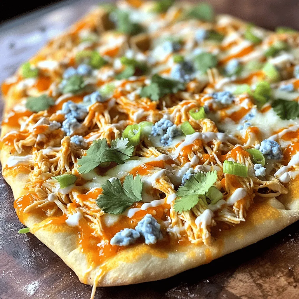 - 1 large flatbread or naan - 1 cup cooked chicken, shredded - 1/2 cup Buffalo sauce - 1 cup mozzarella cheese, shredded - 1/2 cup blue cheese crumbles - 1/4 cup ranch dressing - 1/4 cup sliced green onions - Fresh cilantro for garnish - Olive oil for brushing - Salt and pepper - Additional toppings like sliced jalapeños or diced tomatoes To make Buffalo Chicken Flatbread Pizza, you need a few key ingredients. First, I use flatbread or naan as the base. This gives a nice, sturdy platform for all the toppings. For the protein, I take cooked chicken and shred it. Then, I mix the chicken with Buffalo sauce. This mix is what packs that spicy punch! Next, I sprinkle mozzarella cheese on top for that gooey texture. Blue cheese crumbles add a tangy flavor. If you like a bit of creaminess, drizzle ranch dressing over the pizza after it's baked. For a fresh touch, I add sliced green onions and cilantro. Don't forget to brush the flatbread with olive oil. This step helps it get crispy while baking. Add salt and pepper for extra flavor, too. You can also toss on other toppings if you want to get creative! 1. Preheat your oven to 425°F (220°C). This helps the flatbread cook evenly. 2. In a medium bowl, mix the shredded chicken with the Buffalo sauce. Make sure the chicken is well coated. This adds great flavor to your pizza. 1. Place the flatbread or naan on a baking sheet. Brush one side with olive oil. This makes the base crisp and tasty. 2. Spread the Buffalo chicken mixture evenly over the flatbread. Be generous so every bite is full of flavor. 1. Sprinkle mozzarella cheese over the chicken. Then, add blue cheese crumbles on top. This combo gives it a rich taste. 2. Season with salt and pepper if you like. This adds a little extra kick. 3. Bake in the oven for about 10-12 minutes. Look for melted cheese and golden edges. That's when it's ready! 4. Take it out and drizzle ranch dressing over the pizza. This adds a cool contrast to the heat. 5. Garnish with sliced green onions and fresh cilantro if you want. It looks pretty and tastes great. 6. Slice into pieces and serve hot. Enjoy every bite of your homemade Buffalo Chicken Flatbread Pizza! - Choosing the right flatbread: Use a large flatbread or naan for a sturdy base. This helps hold all the toppings and adds great flavor. Thinner flatbreads can get soggy. - Tips for crispy edges: Brush olive oil on the flatbread before baking. This creates a crispy crust. Bake at 425°F for the best texture. Check often to avoid burning. - Adjusting spice levels: If you like it spicy, add more Buffalo sauce. For a milder taste, use less sauce or mix it with ranch dressing. - Alternative sauces and toppings: Try barbecue sauce for a sweet twist. You can also add jalapeños for heat or bell peppers for crunch. - Pairing drinks and sides: Serve with cold drinks like soda or beer. Fresh veggie sticks or a simple salad go well on the side. - Best time to serve: This pizza is great for game nights, parties, or quick weeknight dinners. It’s easy to share and fun to eat! {{image_2}} You can switch up the protein in this pizza. Try using ground turkey instead of chicken. It gives a lighter taste but keeps the flavor. You can also use tofu for a tasty vegetarian option. Just cube it and sauté with Buffalo sauce. This way, you keep the spicy kick while making it meat-free. Cheese is key to a great flatbread pizza. Mozzarella is classic, but you can mix it up. Try pepper jack for a spicy twist. If you want a dairy-free option, use vegan cheese. You can also blend different cheeses for extra flavor. A mix of mozzarella and blue cheese gives a rich taste. Buffalo sauce can be spicy or mild. If you want heat, stick with the spicy version. For a gentler taste, choose mild sauce. You can also get creative with specialty sauces. BBQ sauce adds a sweet touch, while garlic sauce brings a new layer of flavor. Experiment and find your favorite combo! After making Buffalo chicken flatbread pizza, store any leftovers in the fridge. Place them in an airtight container. This keeps the flavors fresh. It’s best to eat leftovers within three days. If you need to save them longer, freeze your pizza. Slice it first, then wrap each piece in plastic wrap. After wrapping, put the slices in a freezer bag. This helps prevent freezer burn and keeps them tasty. To enjoy your pizza again, reheat it carefully. The best method is to use an oven. Preheat your oven to 350°F (175°C). Place the pizza slices on a baking sheet. Heat for about 10 minutes. This method keeps the crust crispy and the cheese melty. If you’re in a hurry, you can use the microwave. Heat for 30 seconds to 1 minute. Just know that the crust may get a bit soft. Leftover Buffalo chicken flatbread pizza lasts about three days in the fridge. If you store it in the freezer, it can last up to three months. To tell if it has spoiled, check for changes in smell or color. If it looks dry or has an off smell, it’s best to toss it. Always trust your senses! To make Buffalo Chicken Flatbread Pizza a bit healthier, you can swap some ingredients. Here are a few easy changes: - Use whole wheat flatbread instead of regular flatbread for more fiber. - Choose grilled chicken instead of fried for less fat. - Replace mozzarella cheese with a lower-fat version or use less cheese overall. - Use Greek yogurt instead of ranch dressing for a creamy, lower-calorie option. These swaps keep the taste but cut some calories. Yes, you can! Cooking chicken ahead helps save time. Here’s how to do it safely: - Cook the chicken and shred it. - Store the shredded chicken in an airtight container. - Keep it in the fridge for up to 3 days. - For longer storage, freeze it for up to 3 months. When you are ready to use it, just thaw and mix with Buffalo sauce. You can enjoy your Buffalo Chicken Flatbread Pizza with tasty sides. Here are some ideas: - A fresh garden salad with a light dressing. - Celery sticks with hummus for a crunchy snack. - Sweet potato fries, baked or air-fried for a healthier twist. - A simple coleslaw to balance the heat of the pizza. These sides enhance the meal and add variety. This blog post covered how to make a tasty Buffalo Chicken Flatbread Pizza. We looked at key ingredients, such as flatbread, chicken, and cheese. I shared tips for prep and baking. You learned how to achieve the perfect texture and flavor. Plus, we explored variations and storage tips. In the end, this dish is easy to make and fun to share. Enjoy your cooking adventure!