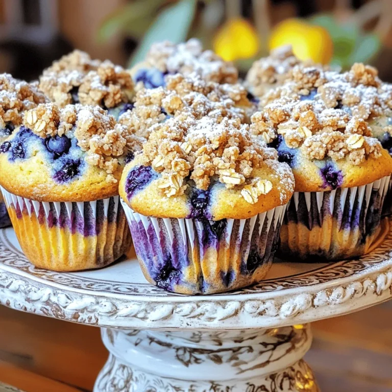 - 1 ½ cups all-purpose flour - ½ cup granulated sugar - ½ cup brown sugar, packed - ½ teaspoon baking powder - ½ teaspoon baking soda - ¼ teaspoon salt In this recipe, dry ingredients provide structure. All-purpose flour forms the base. Sugar adds sweetness, while brown sugar gives a rich flavor. Baking powder and baking soda help muffins rise. Salt enhances all the flavors. - 1 large egg - ½ cup buttermilk - ½ cup unsalted butter, melted - 1 teaspoon vanilla extract Wet ingredients keep muffins moist. The egg binds everything together. Buttermilk adds a slight tang and makes muffins fluffy. Melted butter brings richness, while vanilla adds warmth. - 1 ½ cups fresh blueberries - Crumble Topping Ingredients: - ½ cup rolled oats - ¼ cup all-purpose flour - ¼ cup brown sugar, packed - 2 tablespoons unsalted butter, cold and cubed - 1 teaspoon cinnamon Fresh blueberries burst with flavor, making each bite special. The crumble topping adds texture and crunch. Rolled oats offer a wholesome touch. The butter and cinnamon create a sweet, aromatic mix. First, turn your oven to 375°F (190°C). While it heats up, prepare your muffin tin. You can use paper liners or grease the tin well to prevent sticking. In a large bowl, combine the following dry ingredients: - 1 ½ cups all-purpose flour - ½ cup granulated sugar - ½ cup brown sugar, packed - ½ teaspoon baking powder - ½ teaspoon baking soda - ¼ teaspoon salt Whisk these together until they blend nicely. In another bowl, mix together: - 1 large egg - ½ cup buttermilk - ½ cup unsalted butter, melted - 1 teaspoon vanilla extract Stir until the mixture is smooth and creamy. Now, pour the wet mix into the dry mix. Gently fold the two together. Do not over-mix. It’s okay if you see a few lumps. Next, fold in: - 1 ½ cups fresh blueberries This gives your muffins that lovely fruity burst. In a small bowl, mix the crumble topping ingredients: - ½ cup rolled oats - ¼ cup all-purpose flour - ¼ cup brown sugar, packed - 2 tablespoons unsalted butter, cold and cubed - 1 teaspoon cinnamon Use a fork or your fingers to combine until it looks like coarse crumbs. Divide the muffin batter evenly in the prepared tin, filling each cup about ¾ full. Then, sprinkle the crumble topping generously over each muffin. Bake for 18-20 minutes. Check doneness by inserting a toothpick into the center. If it comes out clean, your muffins are ready! Let them cool for 5 minutes in the pan before moving them to a wire rack. Over-mixing the batter is a big no-no. You want to keep some lumps in the mix. This helps the muffins stay soft and fluffy. When you mix, do it gently. Just fold the batter until you don’t see dry flour anymore. The lumps will help create a nice texture. Choosing the right blueberries makes a big difference. Fresh blueberries are best for flavor. They burst with juice when you bite into them. If you use frozen blueberries, they can make the batter wet. Try to pick medium-sized berries. They mix well without sinking. Not all ovens bake the same. Check your muffins a few minutes early. Insert a toothpick in the center. If it comes out clean, they are done. If not, give them a few more minutes. Each oven is a bit different, so trust your eyes and nose! {{image_2}} You can switch the blueberries for other fruits like raspberries, strawberries, or banana. Each fruit will change the flavor and color of your muffins. Raspberries add a tart note, while strawberries give a sweet taste. Mashed banana creates a moist muffin with rich flavor. Keep the same amount of fruit for best results. Adding unique toppings can make your muffins even better. You can use nuts for crunch, chocolate chips for sweetness, or shredded coconut for a tropical twist. Mix and match these toppings to fit your taste. Just sprinkle them on top of the batter before baking. If you need gluten-free muffins, use gluten-free flour instead of all-purpose flour. It works well and keeps the muffins tasty. For a vegan option, substitute the egg with a flax egg and the buttermilk with almond milk mixed with vinegar. These changes help everyone enjoy these muffins! To keep your blueberry crumble muffins fresh at room temperature, place them in an airtight container. This helps prevent them from drying out. Store them in a cool, dry place for up to three days. If you want to enjoy them longer, consider wrapping each muffin in plastic wrap. This keeps them moist and tasty. For long-term storage, freezing muffins is a smart choice. Allow the muffins to cool completely before freezing. Wrap each muffin tightly in plastic wrap or aluminum foil. Then, place them in a freezer bag. Label the bag with the date. Muffins can last in the freezer for up to three months. When you’re ready to enjoy them, just take out the desired number of muffins. To warm up your muffins for the best taste, preheat your oven to 350°F (175°C). Place the muffins on a baking sheet. Heat them for about 10-15 minutes. This step revives their soft texture and enhances their flavor. You can also use a microwave for quick reheating. Heat each muffin for about 15 seconds. Enjoy them warm, and they will taste fresh out of the oven! Yes, you can use frozen blueberries. They work well, but the texture changes a bit. Frozen berries might make the muffins slightly wetter. This can affect baking time. If you use frozen berries, add a few extra minutes to your baking time. Check the muffins with a toothpick to ensure they are done. If you don't have buttermilk, you can make a quick substitute. Mix ½ cup of milk with 1 tablespoon of vinegar or lemon juice. Let it sit for five minutes. This will give you a similar sour taste. You can also use plain yogurt or sour cream. Just thin them with a little water to reach the right consistency. Muffins are done when they are golden brown on top. A toothpick inserted in the center should come out clean. If it has wet batter on it, they need more time. You can also gently press the top; if it springs back, they are ready. Keep an eye on them, so they don't overbake! This blog post covered all you need to make delicious blueberry muffins. We discussed ingredients, steps to mix and bake, and tips to make them perfect. You learned how to choose the best blueberries and adjust your muffins for your tastes. You now have ideas for storing muffins so they stay fresh. Whether you stick to the recipe or get creative with add-ins, enjoy baking! These muffins can be a treat for any time. Happy baking!