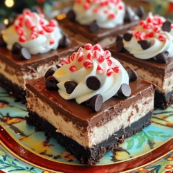 - 1 ½ cups crushed chocolate sandwich cookies - ½ cup unsalted butter, melted - 1 (8 oz) package cream cheese, softened - ½ cup granulated sugar - 2 large eggs - 1 teaspoon vanilla extract - 1 teaspoon peppermint extract - 1 cup semi-sweet chocolate chips - ½ cup whipped cream (for topping) - Crushed peppermint candies (for garnish) - For the crust, you can use graham crackers or vanilla cookies. - If you need a dairy-free option, try using a nut-based cream cheese. - You can switch peppermint extract with almond or orange extract for a twist. These ingredients create a rich and festive dessert. Each one plays a big role in flavor and texture. The chocolate sandwich cookies give a tasty base. The cream cheese adds creaminess. The eggs help bind everything together. Each ingredient works together to make these bars special. 1. First, preheat your oven to 350°F (175°C). Line an 8x8-inch baking pan with parchment paper. Make sure the paper hangs over the edges. This will help you lift the bars out later. 2. In a medium bowl, mix 1 ½ cups of crushed chocolate sandwich cookies with ½ cup of melted unsalted butter. Stir until it looks like wet sand. 3. Next, press the cookie mixture into the bottom of the pan. Make it even and firm. Bake for 10 minutes, then set aside to cool. 1. In another bowl, beat 1 package of softened cream cheese with ½ cup of granulated sugar. Mix until it is smooth and creamy. 2. Add 2 large eggs, one at a time. Mix well after each egg. Then, add 1 teaspoon of vanilla extract and 1 teaspoon of peppermint extract. Stir until everything is combined. 3. Now, gently fold in 1 cup of semi-sweet chocolate chips. Make sure the chips are evenly spread throughout the batter. 1. Pour the cheesecake mixture over the cooled cookie crust. Use a spatula to spread it evenly. 2. Bake for 25-30 minutes. The edges should be set, but the center should still jiggle slightly. When done, remove it from the oven. 3. Let the cheesecake cool at room temperature for a while. After that, refrigerate it for at least 4 hours, or overnight for the best taste. Using room temperature ingredients is key. When cream cheese is cold, it can clump. Make sure to leave it out for at least 30 minutes. This helps it blend smoothly with sugar. To check if your cheesecake is baked, look for set edges. The center should jiggle slightly. This means it will firm up as it cools. Garnishing transforms your bars into a showstopper. Top each bar with whipped cream. Then sprinkle with crushed peppermint candies. For extra flair, drizzle chocolate sauce over the bars. When serving, arrange them on a festive platter. This makes them look appealing and inviting. Cracks can happen, but don’t worry! If you see cracks, cover them with whipped cream. This hides imperfections and adds flavor. To ensure even baking, rotate the pan halfway through. This helps heat circulate evenly. With these tips, your cheesecake bars will look and taste great! {{image_2}} You can change the taste of your cheesecake bars easily. Adding flavors like mocha gives a rich coffee kick. Just mix in a tablespoon of instant coffee with the batter. You could also try caramel. Drizzle some melted caramel into the filling or on top of the bars for a sweet touch. If you want a lighter flavor, switch to white chocolate instead of semi-sweet chips. This will give your bars a creamy, sweet twist. If you want a lighter version, try using natural sweeteners. You can replace granulated sugar with honey or maple syrup. This keeps the sweetness but adds more flavor. For a lower fat option, use low-fat cream cheese. It still gives a great texture but cuts some calories. You can also reduce sugar slightly to make it even healthier without losing taste. Make your cheesecake bars festive for holidays! For Christmas, add a layer of crushed candy canes on top. You can also use colored sprinkles for birthdays or parties. For a spring theme, use fresh berries as a topping. This adds both color and flavor. Adjusting your bars to fit special occasions makes them even more fun and delicious. To keep your chocolate peppermint cheesecake bars fresh, use an airtight container. Glass or plastic containers work well. Make sure to layer parchment paper between bars. This prevents sticking and keeps them intact. Store them in the fridge for best results. They stay fresh for up to a week. If you have leftovers, freezing is a great option. Wrap each bar in plastic wrap tightly. Then, place them in a freezer-safe bag. This keeps out air and moisture. When you want to enjoy them, thaw in the fridge for a few hours. This helps maintain their creamy texture. Stored properly, the bars can last about one week in the fridge. If frozen, they can last up to three months. Check for signs of spoilage. Look for an off smell, discoloration, or a watery texture. If you see any of these signs, it’s best to toss them. Yes, you can make these bars ahead of time. They taste even better after chilling. I suggest making them a day before. This way, the flavors meld together nicely. For a dairy-free version, use vegan cream cheese. You can also swap the butter for coconut oil. These options keep the bars rich and tasty without dairy. To make a larger batch, double the ingredients. Use a bigger baking pan, like a 9x13-inch. Adjust the baking time to ensure they cook evenly. Yes, you can use fresh peppermint. Chop the leaves finely and add about two tablespoons. This gives a bright, fresh flavor. To cut the bars cleanly, use a sharp knife. Dip the knife in hot water and wipe it dry between cuts. This helps keep the edges neat and prevents them from crumbling. These Chocolate Peppermint Cheesecake Bars are a delight. You learned about the key ingredients, step-by-step instructions, and useful tips. Substitutions and variations let you personalize the recipe. Remember to store them right for the best taste. Enjoy these bars at any event, from simple family gatherings to festive occasions. With a bit of practice, you can create the perfect treat every time. Now, put your skills to the test and indulge in deliciousness!