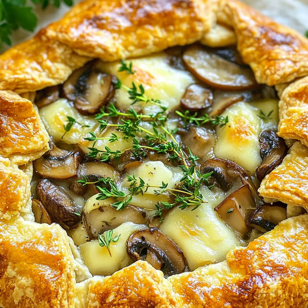 - 1 pre-made pie crust (or homemade if preferred) - 300g sliced mushrooms (cremini or shiitake) - 150g grated Gruyere cheese - 2 tablespoons avocado oil - 1 tablespoon fresh thyme leaves - Salt and pepper to taste - Fresh parsley, chopped - 1 beaten egg for egg wash When making a Mushroom Gruyere Galette, you need a good mix of ingredients. The pie crust is key. You can use a pre-made one or make it yourself for that fresh touch. I love the rich flavor of sliced mushrooms, especially cremini or shiitake. They add depth to the dish. Gruyere cheese is a must. Its nutty taste melts beautifully, making it perfect for this galette. You’ll want to use avocado oil for cooking. It has a nice flavor and is great for sautéing. Fresh thyme leaves bring a lovely aroma. Don’t forget to season with salt and pepper to enhance all those flavors. For a finishing touch, fresh parsley adds color and freshness. If you want a shiny crust, brush the edges with a beaten egg. This makes the galette look even more inviting when it’s baked. Preheat the Oven Start by preheating your oven to 400°F (200°C). This helps the galette bake evenly. Sauté the Vegetables In a large skillet, heat 2 tablespoons of olive oil over medium heat. Add 1 small thinly sliced onion and 2 minced garlic cloves. Sauté until the onion is soft and clear, about 5 minutes. Cook the Mushrooms Now, add 300g of sliced mushrooms to the skillet. Cook for 8 to 10 minutes until they are tender. Stir in 1 tablespoon of fresh thyme leaves, salt, and pepper to taste. Remove from heat and let it cool a bit. Roll Out the Pie Crust On a floured surface, roll out 1 pre-made pie crust into a rough circle, about 12 inches wide. Carefully place it on a baking sheet lined with parchment paper. Layer Cheese and Filling Sprinkle half of 150g grated Gruyere cheese over the crust, leaving a 2-inch border. Spoon the mushroom mix on top, then add the rest of the Gruyere cheese. Fold the Edges Gently fold the crust edges over the filling. Pleat it to create a rustic look, leaving the center open. Apply Egg Wash Brush the edges with a beaten egg. This will give it a lovely golden color. Bake the Galette Place the galette in the preheated oven. Bake for 25 to 30 minutes until the crust is golden and flaky, and the cheese is bubbly. Cool and Serve Once baked, take it out and let it cool for a few minutes. Garnish with chopped fresh parsley before slicing. Enjoy the delicious flavors! To make a great galette, start with chilled ingredients. Cold butter or oil helps the crust stay flaky. Use cold water when mixing the dough. Keep everything cool, and your crust will be light and crispy. Next, don’t overwork the dough. Mix just until combined. If you knead too much, the crust can become tough. Gently shape it instead. This way, you keep the texture you want. You can enhance the flavor of your Mushroom Gruyere Galette by experimenting with herbs. Fresh thyme makes a lovely addition, but feel free to try rosemary or sage. These herbs add depth and aroma. Adding different cheeses can also elevate the dish. While Gruyere is rich and nutty, cheeses like Fontina or mozzarella can work well too. Mix and match to find your favorite combination. For serving, slice the galette into wedges. This makes it easy for guests to enjoy. Pair it with a light salad for a complete meal. For plating, use a simple white plate to show off the galette's golden crust. Sprinkle fresh parsley on top for a pop of color. A drizzle of olive oil around the plate adds a nice touch. Enjoy your beautiful dish! {{image_2}} You can easily make this galette even more colorful and healthy. Try adding spinach or kale to the filling. Just sauté them with the onions and garlic until they wilt. You can also use seasonal vegetables like zucchini or bell peppers. These additions will add more flavor and nutrients to your dish. If you want to mix things up, consider using Fontina or mozzarella instead of Gruyere. These cheeses melt well and add a creamy texture. For those who prefer dairy-free options, try cashew cheese or almond-based cheese. They can provide a nice flavor while keeping the dish vegan-friendly. Feel free to play with the flavors of your galette. For a spicy version, add a pinch of chili flakes to the filling. This will give it a nice kick. If you prefer something sweeter, try adding caramelized onions. Cook them slowly until they are golden and sweet. This twist will balance the savory mushrooms perfectly. To keep your galette fresh, store leftovers in airtight containers. This helps prevent moisture loss and keeps flavors intact. Make sure to let the galette cool before sealing it up. Store the container in the refrigerator. Proper storage can extend the life of your delicious dish for up to three days. When you're ready to enjoy your galette again, reheating it properly is key. The oven is the best method for reheating. Preheat your oven to 350°F (175°C). Place the galette on a baking sheet and heat for about 10-15 minutes. This ensures the crust stays crispy and the cheese melts perfectly. If you need to use a microwave, be cautious. Heat in short bursts of 15-20 seconds, checking often. Remember, the microwave may make the crust soft. If you want to keep your galette longer, freezing is a great option. First, let it cool completely. Wrap the galette tightly in plastic wrap. Then, place it in a freezer-safe bag. It can last up to three months in the freezer. When you're ready to eat, you can reheat from frozen. Just preheat your oven to 375°F (190°C) and bake for about 30-35 minutes. This will help revive that crispy crust and warm filling. A galette is a flat, round pastry. It has a rustic look and is easy to make. Unlike pies, galettes do not need a pie dish. You simply fold the edges over the filling. This gives them a free-form shape. Galettes can be sweet or savory. They allow for many filling choices, making them fun to create. Yes, you can easily make this recipe vegetarian. Simply skip any meat. Use more mushrooms or add other veggies like spinach or zucchini. This keeps the dish full of flavor. You can also swap out the Gruyere cheese with a plant-based cheese if you like. For the best flavor and texture, I recommend using cremini or shiitake mushrooms. Cremini mushrooms are earthy and rich. Shiitake mushrooms add a nice umami taste. Both types cook well and give a great texture to the filling. Feel free to mix different mushrooms for extra depth. You can tell the galette is done by looking for a golden brown crust. The cheese should be bubbly and melted. If the edges are crisp and the center is set, you are all set. Let it cool a bit before slicing to enjoy the best flavors. This blog post covered how to make a delicious galette. We talked about key ingredients like mushrooms and Gruyere cheese. I shared step-by-step instructions for preparing, assembling, and baking your galette. Tips for a flaky crust and flavor variations will help your dish shine. Remember, storing leftovers properly keeps them fresh. And always feel free to try new ingredients for fun! Enjoy crafting your own galette that's sure to impress your family and friends.