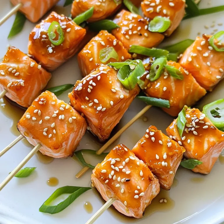 - 1 lb fresh salmon fillet, cut into 1-inch cubes - 3 tablespoons honey - 3 cloves garlic, minced - 2 tablespoons soy sauce - 1 tablespoon fresh ginger, grated - 1 tablespoon olive oil - 1 teaspoon sesame oil - Salt and pepper to taste - 1 tablespoon sesame seeds (for garnish) - 1 green onion, thinly sliced (for garnish) - Skewers (soaked in water if wooden) To make these Air Fryer Honey Garlic Salmon Skewers, you need fresh salmon fillet. The salmon should be cut into 1-inch cubes. This size helps it cook evenly in the air fryer. Honey gives the skewers a sweet touch. You will use three tablespoons. Fresh garlic adds depth. I use three cloves, minced well. The soy sauce adds a savory flavor. I suggest low-sodium soy sauce for a lighter taste. Fresh ginger gives a nice zing. Grate one tablespoon for the marinade. For the additional ingredients, you will need olive oil and sesame oil. One tablespoon of olive oil helps the marinade stick. The sesame oil adds a nutty flavor. Season with salt and pepper to your liking. Garnishes like sesame seeds and green onion finish the dish. The seeds add crunch, while the green onion adds color. Don’t forget the skewers! Soak wooden ones in water to prevent burning. To start, grab a mixing bowl and add these ingredients: - 3 tablespoons honey - 3 cloves garlic, minced - 2 tablespoons soy sauce - 1 tablespoon fresh ginger, grated - 1 tablespoon olive oil - 1 teaspoon sesame oil - Salt and pepper to taste Next, whisk all the ingredients together. Make sure every part mixes well. This blend creates a sweet and savory flavor. It’s important to balance the honey’s sweetness with the saltiness of the soy sauce. Now, let’s move on to marinating the salmon. Cut your fresh salmon fillet into 1-inch cubes. Place the salmon cubes in the bowl with the marinade. Toss gently to coat every piece. Cover the bowl and set it aside. Let it marinate for about 15 to 20 minutes. This time allows the flavors to soak in. For even coating, stir once or twice during this time. While the salmon marinates, preheat your air fryer to 400°F (200°C). This step ensures a great sear on the salmon. Once it’s hot, thread the marinated salmon cubes onto your skewers. Make sure to leave space between each piece. This space helps the air circulate, cooking the salmon evenly. Place the skewers in the air fryer basket. Be careful not to overcrowd them. Cook for 8 to 10 minutes. Halfway through, flip the skewers. This helps to brown both sides. To check for doneness, use a fork. The salmon should flake easily and appear opaque. If it’s not ready, cook for another minute or two. Enjoy your delicious air fryer honey garlic salmon skewers! For the best flavor, marinate the salmon well. I suggest 15-20 minutes. This time lets the salmon soak up the honey and garlic. Keep the pieces about the same size. This helps them cook evenly. If your salmon is thicker, add a couple of extra minutes. Just check that it flakes easily with a fork. To get even cooking, preheat your air fryer. I recommend 400°F (200°C) for this dish. Place skewers in a single layer. Overcrowding can lead to uneven cooking. If you have many skewers, cook them in batches. This way, all pieces cook perfectly. Want more flavor? Try adding spices like paprika or cayenne. They add a nice kick! You can also switch up the marinade. For a zesty twist, use lime juice instead of honey. Or try a teriyaki sauce for a sweet and savory blend. The options are endless! {{image_2}} You can switch the salmon for other fish. Try tuna or swordfish for a change. Each type of fish will give a different flavor. You can also use shrimp for a fun twist. If you want a different sweet taste, use maple syrup or agave syrup instead of honey. For a flavor kick, try teriyaki sauce or even coconut aminos. These changes can enhance the dish in fun ways. You don’t have to use an air fryer for these skewers. You can oven-bake them instead. Set your oven to 400°F (200°C) and place the skewers on a baking sheet. Bake for about 12-15 minutes, flipping halfway through. This method keeps the salmon moist and tasty. Grilling is another great choice. Preheat your grill on medium heat. Place the skewers on the grill and cook for 8-10 minutes. Make sure to turn them often. This will give the salmon a nice charred flavor. Pair these skewers with fresh sides. A crisp salad or steamed veggies work well. You can also serve them with rice or quinoa for a full meal. For dips, try a tangy yogurt sauce or a spicy sriracha mayo. You can even serve them in lettuce wraps for a fun twist. When serving, arrange the skewers on a colorful platter. Add some fresh herbs and lemon wedges for a pop of color. This makes your dish look as good as it tastes! To keep your honey garlic salmon skewers fresh, store them in the fridge. Place them in an airtight container. They will stay good for about 2-3 days. If you want to keep them longer, freezing is another option. Wrap the skewers tightly in plastic wrap, then put them in a freezer bag. They can last up to 2 months in the freezer. When it's time to enjoy leftovers, reheating is key. I recommend using an air fryer or an oven. This method keeps the salmon juicy and tender. Set your air fryer to 350°F and cook for about 5 minutes. If using an oven, preheat to 350°F and place the skewers on a baking sheet for 10 minutes. Check that the salmon is heated through, but be careful not to overcook it. Enjoy your tasty meal again! You should marinate the salmon for about 15-20 minutes. This time allows the fish to soak up the sweet and savory flavors of the honey-garlic marinade. If you marinate too long, the fish may become mushy. Yes, you can use frozen salmon. Just be sure to thaw it first. You can thaw salmon in the fridge overnight or use the microwave for a quick option. After thawing, pat it dry to help the marinade stick better. Great sides for honey garlic salmon skewers include: - Steamed rice - Quinoa - Grilled vegetables - A fresh salad These sides complement the flavors of the salmon and add a nice balance to your meal. The salmon is cooked when it flakes easily with a fork. It should also turn from a bright pink to a pale opaque color. Use a meat thermometer to check for an internal temperature of 145°F (63°C) for the best results. Yes, you can! If you don’t have an air fryer, you can grill these skewers or bake them in the oven. For grilling, cook on medium heat for about 8-10 minutes. If baking, place the skewers on a lined baking sheet at 400°F (200°C) for 12-15 minutes. You learned how to make delicious honey garlic salmon skewers. We covered key ingredients, like salmon, honey, and garlic. I outlined easy steps for marinating and air frying. Tips on cooking time and avoiding overcrowding helped ensure your skewers cook evenly. In final thoughts, remember that making these skewers is simple and fun. You can customize flavors and cooking methods to fit your taste. Enjoy your cooking adventure and the tasty rewards that follow!
